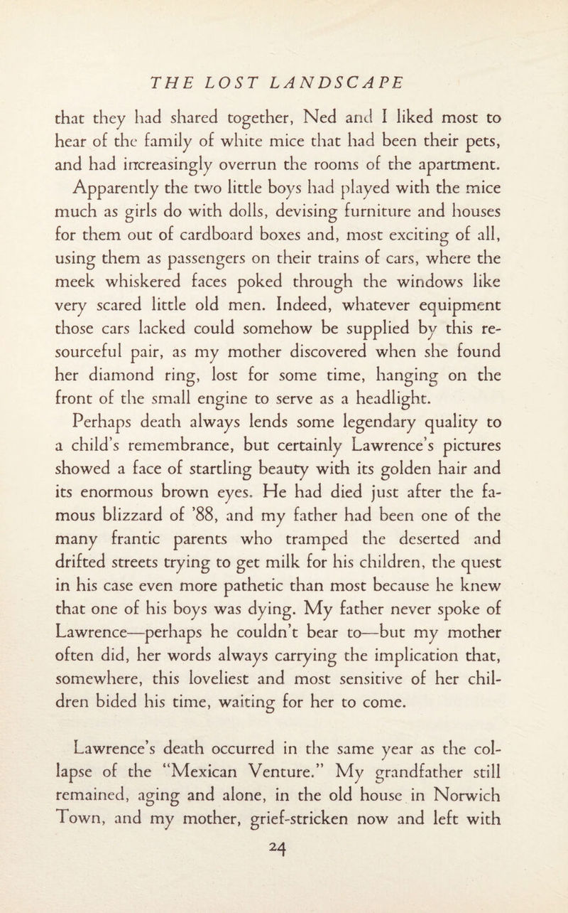 that they had shared together, Ned and I liked most to hear of the family of white mice that had been their pets, and had increasingly overrun the rooms of the apartment. Apparently the two little boys had played with the mice much as girls do with dolls, devising furniture and houses for them out of cardboard boxes and, most exciting of all, using them as passengers on their trains of cars, where the meek whiskered faces poked through the windows like very scared little old men. Indeed, whatever equipment those cars lacked could somehow be supplied by this re¬ sourceful pair, as my mother discovered when she found her diamond ring, lost for some time, hanging on the front of the small engine to serve as a headlight. Perhaps death always lends some legendary quality to a child’s remembrance, but certainly Lawrence’s pictures showed a face of startling beauty with its golden hair and its enormous brown eyes. He had died just after the fa¬ mous blizzard of ’88, and my father had been one of the many frantic parents who tramped the deserted and drifted streets trying to get milk for his children, the quest in his case even more pathetic than most because he knew that one of his boys was dying. My father never spoke of Lawrence—perhaps he couldn’t bear to—but my mother often did, her words always carrying the implication that, somewhere, this loveliest and most sensitive of her chil¬ dren bided his time, waiting for her to come. Lawrence’s death occurred in the same year as the col¬ lapse of the “Mexican Venture.” My grandfather still remained, aging and alone, in the old house in Norwich Town, and my mother, grief-stricken now and left with