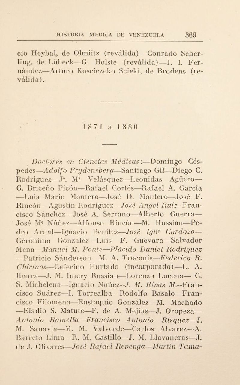 ció Heybal, de Olmiitz (reválida)—Conrado Scher- ling, de Líibeck—G. Holste (reválida)—J. I. Fer¬ nández—Arturo Kosciezeko Sciekí, de Brodens (re¬ válida) . 1871 a 1880 Doctores en Ciencias Médicas:—Domingo Cés¬ pedes—Adolfo Frydensberg—Santiago Gil—Diego C. Rodríguez—Je. Mil Velásquez—Leónidas Agüero— G. Briceño Picón—Rafael Cortés—Rafael A. García —Luis Mario Montero—José D. Montero—José F. Rincón—Agustín Rodríguez—José Angel Rniz—Fran¬ cisco Sánchez—José A. Serrano—Alberto Guerra— José M* Núñez—Alfonso Rincón—M. Russian—Pe¬ dro Arnal—Ignacio Benítez—José Ign? Cardozo— Gerónimo González—Luis F. Guevara—Salvador Mena—Manuel M. Ponte—Plácido Daniel Rodríguez —Patricio Sánderson—M. A. Troconis—Federico R. Chirinos—Ceferino Hurtado (incorporado)—L. A. Ibarra—J. M. Imery Russian—Lorenzo Lucena— C. S. Michelena—Ignacio Núñez—/. M. Riñas M.—Fran¬ cisco Suárez—I. Torrealba—Rodolfo Basalo—Fran¬ cisco Filomena—Eustaquio González—M. Machado —Eladio S. Matute—F. de A. Mejías—J. Oropeza— Antonio Ramella—Francisco Antonio Rísqnez—J. M. Sanavia—M. M. Valverde—Carlos Alvarez—A. Bárrelo Lima—R. M. Castillo—J. M. Llavaneras—J. de J. Olivares—José Rafael Revenga—Martín Tama-