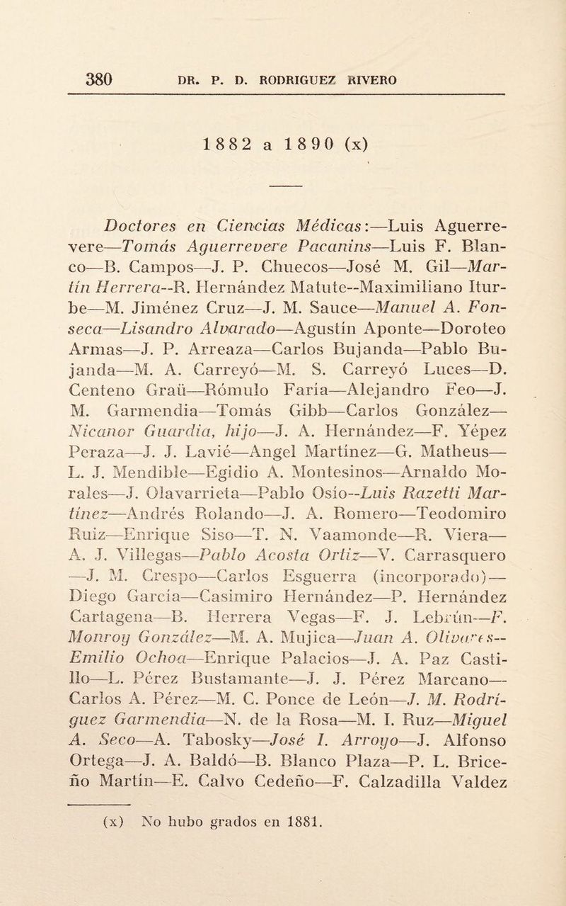 1882 a 1890 (x) Doctores en Ciencias Médicas:—Luis Aguerre- vere—Tomás Aguerrevere Pacanins—Luis F. Blan¬ co—B. Campos—J. P. Chuecos—José M, Gil—Mar¬ tín Herrera—R. Hernández Matute—Maximiliano Itur- be—M. Jiménez Cruz—J. M. Sauce—Manuel A. Fon- seca—Lisandro Aluarado—Agustín Aponte—Doroteo Armas—J. P. Arreaza—Carlos Bujanda—Pablo Bu- janda—M. A. Carreyó—M. S. Carreyó Luces—D. Centeno Graü—Pómulo Faría—Alejandro Feo—J. M. Garmendia—Tomás Gibb—Carlos González— Nicanor Guardia, hijo—J. A. Hernández—F. Yépez Pe raza—J. J. La vi ó—Angel Martínez—G. Matheus— L. J. Mendible—Egidio A. Montesinos—Arnaldo Mo¬ rales—J. Olavarrieta—Pablo Oslo—Luis Razetti Mar¬ tínez—Andrés Rolando—J. A. Romero—Teodomiro Ruiz—Enrique Siso—T. N. Yaamonde—R. Viera— A. J. Villegas—Pablo Acosta Ortiz—V. Carrasquero —J. M. Crespo—Carlos Esguerra (incorporado) — Diego García—Casimiro Hernández—P. Hernández Cartagena—B. Herrera Vegas—F. J. Lebrón—F. Monroy González—M. A. Mujica—Juan A. Olivares— Emilio Ochoa—Enrique Palacios—J. A. Paz Casti¬ llo—L. Pérez Bustamante—J. J. Pérez Marrano— Carlos A. Pérez—M. C. Ponce de León—J. M. Rodrí¬ guez Garmendia—N. de la Rosa—M. I. Ruz—Miguel A. Seco—A. Tabosky—José I. Arrogo—J. Alfonso Ortega—J. A. Baldó—B. Blanco Plaza—P. L. Brice- ño Martín—E. Calvo Cedeño—F. Calzadilla Valdez (x) No hubo grados en 1881.