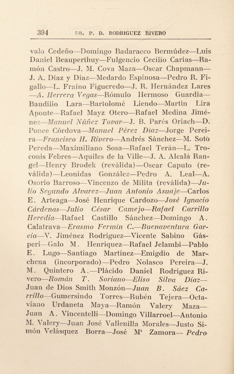 valo Cedeño—Domingo Badaracco Bermúdez—Luis Daniel Beauperthuy—Fulgencio Cecilio Carias—Ra¬ món Castro—J. M. Cova Maza—Oscar Chapmann— J. A. Díaz y Díaz—Medardo Espinosa—Pedro R. Fi- gallo—L. Fraino Figueredo—J. R. Hernández Lares —A. Herrera Vegas—Rómuio Hermoso Guardia— Baudilio Lara—Bartolomé Liendo—Martín Lira Aponte—Rafael Mayz Otero—Rafael Medina Jimé¬ nez— Mamiel Núñez Tovar—J. B. Parés Oriach—D. Ponce Córdova—Manuel Pérez Díaz—Jorge Perei- ra—Francisco II. Rivero—Andrés Sánchez—M. Sotó Pereda—Maximiliano Sosa—Rafael Terán—L. Tro¬ ceéis Febres—Aquiles de la Vi He—J. A. Alcalá Ran- gel—Henry Brodek (reválida)—Oscar Caputo (re¬ válida)—Leónidas González—Pedro A. Leal—A. Osario Barroso—Vincenzo de Milita (reválida)—Ju¬ lio Segundo Alvarez—Juan Antonio Asuaje—Carlos E. Arteaga—José Henrique Cardozo—José Ignacio Cárdenas—Julio César Camejo—Rafael Carrillo Heredia—Rafael Castillo Sánchez—Domingo A. Calatrava—Erasmo Fermín C.—Buenaventura Gar¬ cía—V. Jiménez Rodríguez—Vicente Sabino Gás- peri—Galo M. Henríquez—Rafael Jelambi—Pablo E. Lugo—Santiago Martínez—Emigdio de Mar- chena (incorporado)—Pedro Nolasco Pereira—J. M. Quintero A.—Plácido Daniel Rodríguez Ri¬ vero—Román T. Soriano—Eliso Silva Díaz— Juan de Dios Smith Monzón—Juan B. Sáez Ca¬ rrillo—Gumersindo Torres—Rubén Tejera—Octa¬ viarlo Urdaneta Maya—Ramón Valery Maza— Juan A. Vincentelli—Domingo Villarroel—Antonio M. Valery—Juan José Vailenilla Morales—Justo Si¬ món Velásquez Borra—José M* Zamora— Pedro