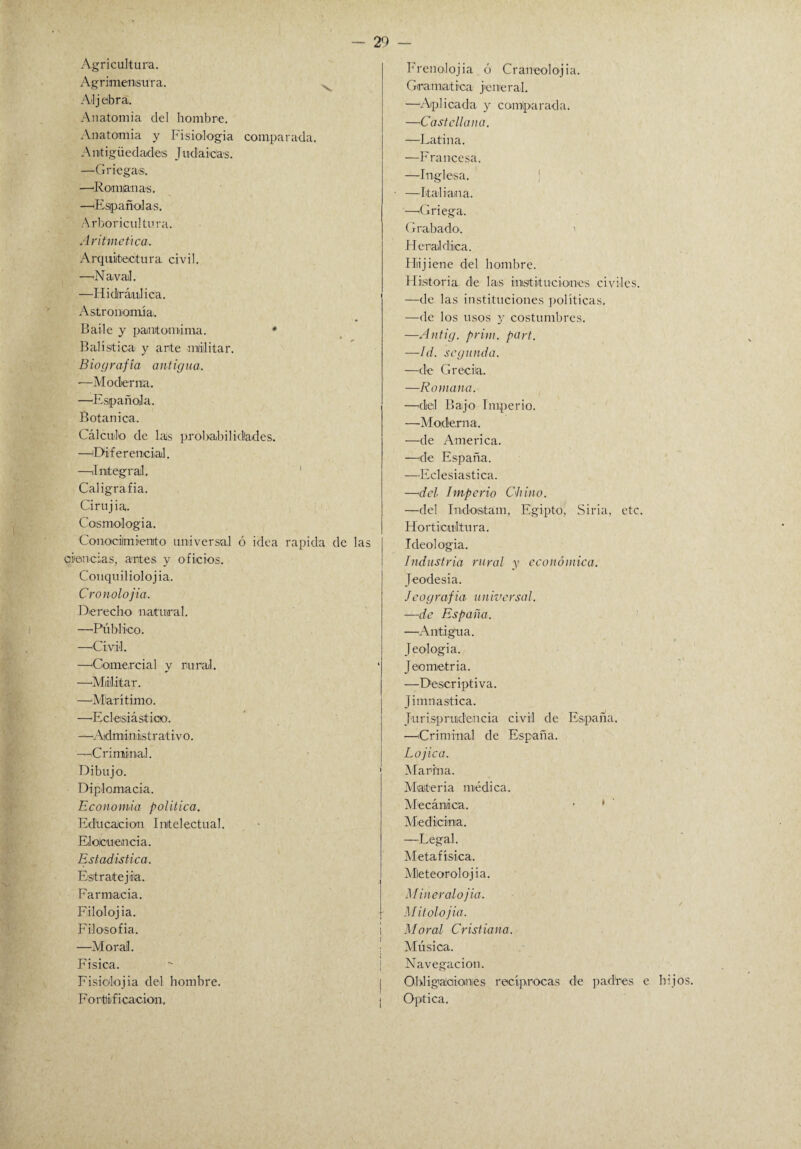 Agricultura. Agrimensura. N Al jobra. Anatomía del hombre. Anatomía y Fisiología comparada. A mtigüedades J udaicas. —Griegas. —'Romanas. —'Españolas. Arboricultora. Aritmética. Arquitectura civil. —Naval. —Hidráulica. Astronomía. Baile y pantomima. * Balística y arte militar. Biografía antigua. ■—Moderna. —Española. Botánica. Cálculo de las probabilidades. —Diferencial, —Integral. Caligrafía. Grujía. Cosmología. Conocimiento universal ó idea rapida de las ciencias, artes y oficios. Couquiliolojia. Cronolojia. Derecho natural. —•Público. —Civil. —'Comercial y rural. —'Militar. —Miarítimo. —Eclesiástico. —Administrativo. —Criminal. Dibujo. Diplomacia. Economía política. Edúcacion Intelectual. Elocuencia. Estadística. Estratejiia. Farmacia. Filolojia. Filosofía. —AI oral. Fisica. Fisiolojia del hombre. Fortificación, Frenolojia ó Craneolojia. Gramática jeneral. —'Aplicada y comparada. —Castellana. —-Latina. —Francesa. —Inglesa. —Italiana. —'Griega. Grabado. ' H eraldliica. Hiijiene del hombre. Historia de las instituciones civiles. —de las instituciones políticas, —de los usos y costumbres. —Antig. prim. part. —Id. segunda. —de Grecia. —Romana. —del Bajo Imperio. —Moderna. —de America. —de España. —Eclesiástica. —del Imperio Chino. —del Indostam, Egipto, Siria, etc. Horticultura. Ideología. Industria rural y económica. Jeodesia. Jcografia universal. —de España. —Antigua. Teología. Jeometria. —Descriptiva. Jimnastica. Jurisprudencia civil de España. —'Criminal de España. Lojica. Marina. Materia médica. Mecánica. Medicina. —Legal. Metafísica. Mleteorolojia. Mineral ojia. Mitolojia. Moral Cristiana. Música. Navegación. Obligaciones recíprocas de padres e hijos. Optica.