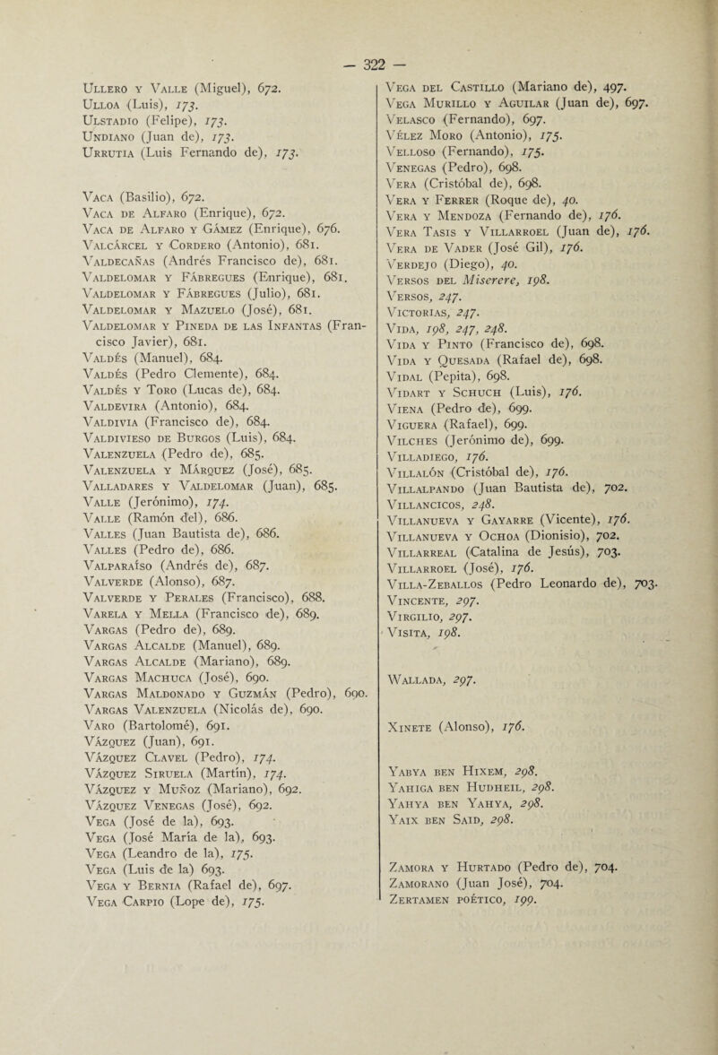 Ullero y Valle (Miguel), 672. Ulloa (Luis), 175. Ulstadio (Felipe), 173. Undiano (Juan de), 173. Urrutia (Luis Fernando de), 173. Vaca (Basilio), 672. Vaca de Alfaro (Enrique), 672. Vaca de Alfaro y Gámez (Enrique), 676. Valcárcel y Cordero (Antonio), 681. Valdecañas (Andrés Francisco de), 681. Valdelomar y Fábregues (Enrique), 681. Valdelomar y Fábregues (Julio), 681. Valdelomar y Mazuelo (José), 681. Valdelomar y Pineda de las Infantas (Fran¬ cisco Javier), 681. Valdés (Manuel), 684. Valdés (Pedro Clemente), 684. Valdés y Toro (Lucas de), 684. Valdevira (Antonio), 684. Valdivia (Francisco de), 684. Valdivieso de Burgos (Luis), 684. Valenzuela (Pedro de), 685. Valenzuela y Márquez (José), 685. Valladares y Valdelomar (Juan), 685. Valle (Jerónimo), 174. Valle (Ramón del), 686. Valles (Juan Bautista de), 686. Valles (Pedro de), 686. Valparaíso (Andrés de), 687. Valverde (Alonso), 687. Val verde Y Perales (Francisco), 688. Varela Y Mella (Francisco de), 689. Vargas (Pedro de), 689. Vargas Alcalde (Manuel), 689. Vargas Alcalde (Mariano), 689. Vargas Machuca (José), 690. Vargas Maldonado y Guzmán (Pedro), 690. Vargas Valenzuela (Nicolás de), 690. Varo (Bartolomé), 691. Vázquez (Juan), 691. Vázquez Clavel (Pedro), 174. Vázquez Siruela (Martín), 174. Vázquez y Muñoz (Mariano), 692. Vázquez Venegas (José), 692. Vega (José de la), 693. Vega (José María de la), 693. Vega (Leandro de la), 175. Vega (Luis de la) 693. Vega y Bernia (Rafael de), 697. Vega Carpió (Lope de), 175. - 322 — Vega del Castillo (Mariano de), 497. Vega Murillo y Aguilar (Juan de), 697. Velasco (Fernando), 697. Vélez Moro (Antonio), 175. Velloso (Fernando), 173. Venegas (Pedro), 698. Vera (Cristóbal de), 698. Vera y Ferrer (Roque de), 40. Vera y Mendoza (Fernando de), 176. Vera Tasis y Villarroel (Juan de), 176. Vera de Vader (José Gil), 176. Verdejo (Diego), 40. Versos del Miserere, 198. Versos, 247. Victorias, 247. Vida, 198, 247, 248. Vida y Pinto (Francisco de), 698. Vida y Quesada (Rafael de), 698. Vidal (Pepita), 698. VlDART Y SCHUCH (Luis), I7<5. Viena (Pedro de), 699. Viguera (Rafael), 699. Vilches (Jerónimo de), 699. Villadiego, 176. Villalón (Cristóbal de), 176. Villalpando (Juan Bautista de), 702. Villancicos, 248. Villanueva y Gayarre (Vicente), 176. Villanueva y Ochoa (Dionisio), 702. Villarreal (Catalina de Jesús), 703. Villarroel (José), 176. Villa-Zeballos (Pedro Leonardo de), 703. VINCENTE, 2Q7. Virgilio, 297. ' Visita, 198. Wallada, 297. Xinete (Alonso), 176. Yabya ben Hixem, 298. Yahiga ben Hudheil, 298. Yahya ben Yahya, 298. Yaix ben Said, 298. J * Zamora y Hurtado (Pedro de), 704. Zamorano (Juan José), 704. Zertamen poético, 199.