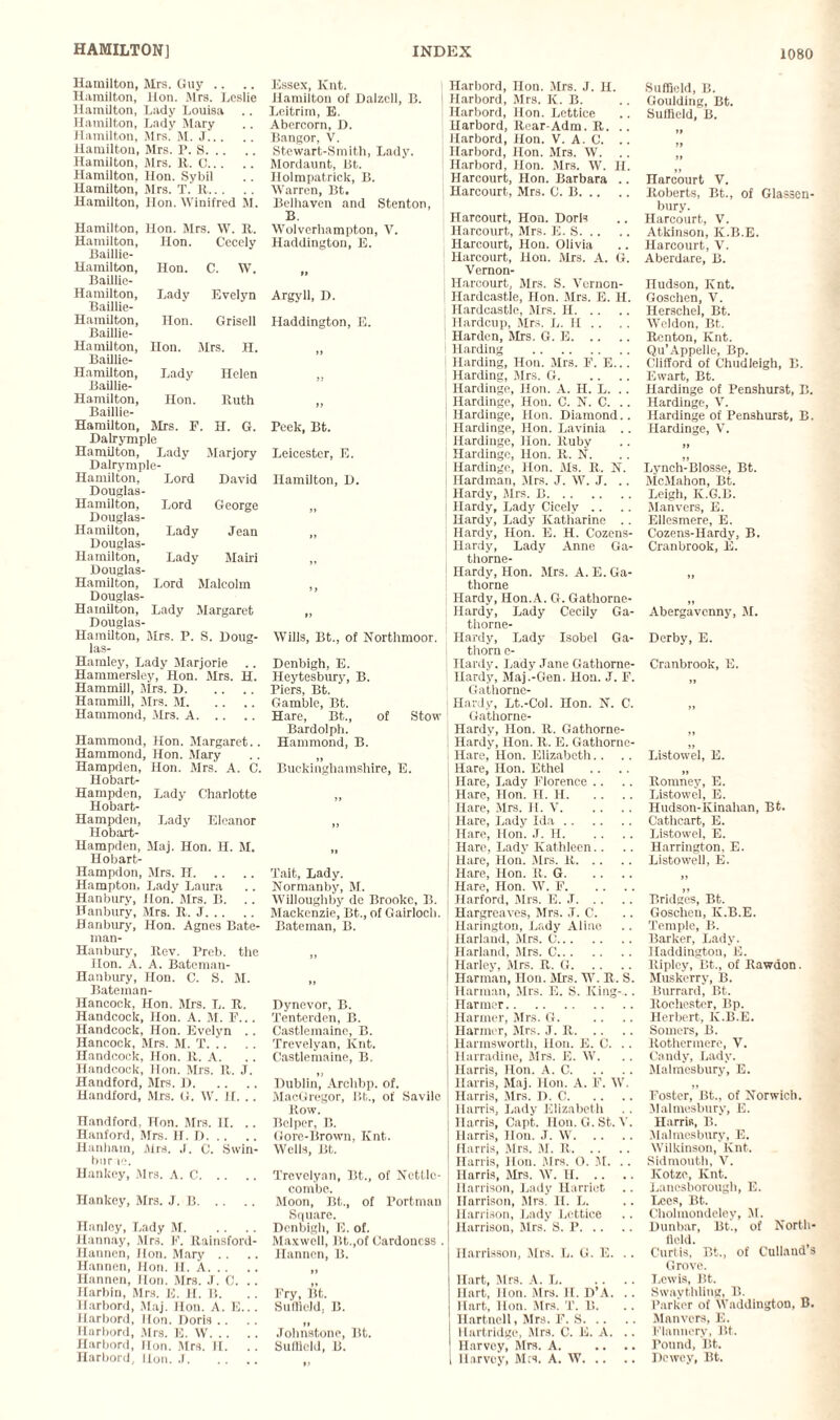 Hamilton, Mrs. Guy .. Hamilton, Hon. Mrs. Leslie Hamilton, Lady Louisa Hamilton, Lady Mary Hamilton, Mrs. M. J. Hamilton, Mrs. P. S. Hamilton, Mrs. It. C. Hamilton, Hon. Sybil Hamilton, Mrs. T. It. Hamilton, Hon. Winifred M. Hon. Lady Hon. C. W. Evelyn Grisell non. Mrs. H. Lady Helen Hon. Ruth Hamilton, Hon. Mrs. W. R. Hamilton, Hon. Cecely Baillie- Hamilton, Baillic- Hamilton, Baillie- Hamilton, Baillie- Ha mil ton, Baillie- Hamilton, Baillie- Hamilton, Baillie- Hamilton, Mrs. F. H. G. Dalrymple Hamilton, Lady Marjory Dalrymple- Hamilton, Lord David Douglas- Hamilton, Douglas- Hamilton, Douglas- Hamilton, Douglas- Hamilton, Douglas- Hamilton Douglas- Harailton, Mrs. P. S. Doug- las- Hamley, Lady Marjorie Hammersley, Hon. Mrs. H. Hammill, Jlrs. D. Hammill, Mrs. M. Hammond, .Mrs. A. Lord George Lady Jean Lady Mairi Lord Malcolm Lady Margaret Hammond, Hon. Margaret.. Hammond, Hon. Mary Hampden, Hon. Mrs'. A. C. Hobart- Hampden, Lady Charlotte Hobart- Hampden, Lady Eleanor Hobart- Hampden, Maj. Hon. II. M. Hobart- Hampdon, Mrs. IT. Hampton, Lady Laura Hanbury, Hon. Mrs. B. .. Hanbury, Mrs. R. J. Hanbury, Hon. Agnes Bate- man- Hanbury, Rev. Preb. the lion. A. A. Batemau- Hanbury, Hon. C. S. M. Bateinan- Hancock, Hon. Mrs. L. R. Handcock, Hon. A. M. F... Handcoek, Hon. Evelyn .. Hancock, Mrs. M. T. Handcock, Hon. R. A. Handcock, Hon. Mrs. R. J. Haudford, Mrs. D. Handford, Mrs. G. IV. H. .. Handford, Hon. Mrs. II. .. Hanford, Mrs. H. D. Hanham, Mrs. J. C. Swin- bur le. Hankey, Mrs. A. C. Hankey, Mrs. J. B. Hanley, Lady M. Hannay, Mrs. F. Rainsford- Hannen, Hon. Mary .. Hannen, Hon. H. A. llannen, lion. Mrs. J. C. .. Harbin, Mrs. E. H. B. Harbord, Maj. Hon. A. E... Harbord, Hon. Doris .. Harbord, Mrs. E. W. Harbord, Hon. Mrs. II. . . narbord, lion. J. Essex, Knt. Hamilton of Dalzcll, B. I Leitrim, E. Abercorn, D. Bangor, V. Stewart-Smith, Lady. Mordaunt, Bt. Ilolmpatrick, B. Warren, Bt. Belhaven and Stenton, B. Wolverhampton, V. Haddington, E. Argyll, D. Haddington, E. Peek, Bt. Leicester, E. Hamilton, D. Wills, Bt., of Northmoor. Denbigh, E. Heytesbury, B. Piers, Bt. Gamble, Bt. Hare, Bt., of Stow Bardolph. Hammond, B. Buckinghamshire, E. Tait, Lady. Normanby, M. Willoughby dc Brooke, B. Mackenzie, Bt., of Gairlocb. Bateman, B. Dynevor, B. Tenterden, II. Castlemaine, B. Trevelyan, Knt. Castlemaine, B. Dublin, Arclibp. of. MacGregor, Bt., of Savilc Row. Belper, B. Gore-Brown, Knt. Wells, Bt. Trevelyan, Bt., of Ncttlc- combe. Moon, Bt., of Portmiui Square. Denbigh, E. of. Maxwell, Bt.,of Cardoncss . Hannen, B. Fry, Bt. Suffield, B. Johnstone, Bt. Suflield, B. Harbord, Hon. Mrs. J. II. Harbord, Mrs. K. B. Harbord, Hon. Lettice Harbord, Rear-Adm. R. .. Harbord, Hon. V. A. C. .. Harbord, Hon. Mrs. W. Harbord, Hon. Mrs. W. H. Harcourt, Hon. Barbara .. Harcourt, Mrs. C. B. Harcourt, Hon. Doris Harcourt, Mrs. E. S. Harcourt, Hon. Olivia Harcourt, Hon. Mrs. A. G. Vernon- Harcourt, Mrs. S. Vcrncn- Hardcastle, Hon. Mrs. E. H. Hardcastle, Mrs. H. ITardcup, Mrs. L. H .. Harden, Mrs. G. E. Harding . Harding, Hon. Mrs. F. E.. . Harding, Mrs. G. Hardinge, Hon. A. H. L. Hardinge, Hou. C. N. C. Hardinge, Hon. Diamond. . Hardinge, Hon. Lavinia .. Hardinge, Hon. Ruby Hardinge, Hon. R. N. Hardinge, Hon. Ms. R. N. Hardman, Mrs. J. W. J. .. Hardy, Mrs. B. Hardy, Lady Cicely Hardy, Lady Katharine . . Hardy, Hon. E. H. Cozens- Hardy, Lady Anne Ga- thorne- Hardy, Hon. Mrs. A. E. Ga- thorne Hardy, Hon.A. G. Gathorne- Hardy, Lady Cecily Ga- thorne- Hardy, Lady Isobel Ga- thorn e- Ilardy. Lady Jane Gathorne- Ilardy, Maj.-Gen. Hon. J. F. Gathome- Havdy, Lt.-Col. Hon. N. C. Gathorne- Hardy, Hon. R. Gathorne- Hardy, Hon. R. E. Gathornc- Hare, Hon. Elizabeth.. Hare, Hon. Ethel Hare, Lady Florence Hare, Hon. H. H. Hare, Mrs. H. V. Hare, Lady Ida. Hare, Hon. J. H. Hare, Lady Kathleen Hare, Hon. Mrs. R. Hare, Hon. R. G. Hare, Hon. W. F. Harford, Mrs. E. J. Hargreaves, Mrs. J. C. Harington, Lady Aline. Harland, Mrs. C. Harland, Mrs. C. Harley, Mrs. R. G. Harman, Hon. Jlrs. W. R. S. Harman, Mrs. E. S. King-.. Harmer. Harmer, Mrs. G. Harmer, Mrs. J. R. Harmsworth, Hou. E. C. .. Harradine, Jlrs. E. W. Harris, Hon. A. C. Harris, Maj. Hon. A. F. W. Harris, Mrs. D. C. Harris, Lady Elizabeth Harris, Capt. Hon. G. St. V. Harris, lion. ,T. W. Harris, Mrs. M. R. | Harris, Hon. Mrs. 0. .M. .. ! Harris, Jlrs. W. U. Harrison, Lady Harriet J Harrison, Mrs. II. L. Harrison, Lady Lettice Harrison, Mrs. S. P. Harrisson, Jlrs. L. G. E. Hart, Jlrs. A. L. Hart, lion. Mrs. H. D’A. .. Hart, Hon. Mrs. T. B. Hartnell, Mrs. F. S. Hartridge, Jlrs. C. E. A. .. Harvey, Mrs. A. 1 llarvey, Jits. A. JV. Suffield, B. Goulding, Bt. Suffield, B. It It it Harcourt V. Roberts, Bt., of Glassen- bury. Harcourt, V. Atkinson, K.B.E. Harcourt, V. Aberdare, B. Hudson, Knt. Goschen, V. Herschel, Bt. Weldon, Bt. Renton, Knt. Qu’Appelle, Bp. Clifford of Chudleigh, B. Ewart, Bt. Hardinge of Penshurst, B. Hardinge, V. Hardinge of Penshurst, B. Hardinge, V. 11 Lynch-Blosse, Bt. JleJlahon, Bt. Leigh, K.G.B. Jlanvers, E. Ellesmere, E. Cozens-Hardy, B. Cranbrook, E. Abergavenny, M. Derby, E. Cranbrook, E. 11 Listowel, E. >> Romney, E. Listowel, E. Hudson-Kinahan, Bt. Cathcart, E. Listowel, E. Harrington, E. Listowell, E. Bridges, Bt. Goschen, K.B.E. Temple, B. Barker, Lady. Haddington, E. Ripley, Bt., of Rawdon. Muskerry, B. Burrard, Bt. Rochester, Bp. Herbert, K.B.E. Somers, B. Rotherinere, V. Candy, Lady. Malmesbury, E. 11 Foster, Bt., of Norwich. Malmesbury, E. Harris, B. Malmesbury, E. Wilkinson, Knt. Sidmouth, V. Kotze, Knt. Lanesborougli, E. Lees, Bt. Cholmondeley, Jl. Dunbar, Bt'., of North- Held. Curtis, Bt., of Cullands Grove. Lewis, Bt. Swayt.hling, B. Parker of JVaddington, B. Jlanvers, E. Flannery, Bt. round, Bt. Dewey, Bt.