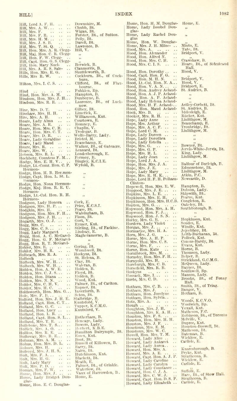 HILL! Hill, Lord A. F. H. Hill, Mrs. A. W. Hill, Mrs. F. Hill, Mrs. F. U. Hill, Mrs. H. M. Hill, Mrs. J. S. B. Hill, Mrs. T. St. Q. Hill, Hon. Mrs. A. R. Clegg- Hill, Maj. Hon. C. R. Clegg- Hill, Hon. F. W. Clegg- .. Hill, ('apt. Hon. G. S. Clegg- II ill, Hon. Mary Noel- Hill, Mrs. A. It. S. Sale- .. Hills, Hon. Mrs. E. G. Hills, Mrs It. W. Hilton, Mrs. I. C. S. Hind . Hind, Hon. Mrs. A. M. Hindson, non. Mrs. J. H... Uindson, Mrs. It. E. .. Hine, Mrs. D. T. Hinshaw, Mrs. H. H. Hire, Mrs. A. H. Hoare, Lady Alma Hoare, Mrs. A. R. Hoare, Hon. Mrs. C. It. Hoare, Hon. Mrs. C. T. Hoare, Mrs. D. It. Hoare, Lady Geraldine Hoare, lady Maud Hoare, Mrs. R. Hoare, Mrs. W. Hobson, Mrs. R. L. Hochberg, Countess F. M... Hodge, Mrs. E. H. V.. Hodge, Lt.-Comr. Hon. C. P. Hermon- Hodge, Hon. H. B. Her.mon- Hodge, Capt. Hon. L. St. L. Hermon- Hodge, Hon. Nona Hermon- Hodge, Maj. Hon. R. E. U. Hermon- Hodge, Lt.-Col. Hon. R. H. Hermon- Hodgson, Lady Honora Hodgson, Mrs. H. P. Hodgkin, Mrs. H. Hodgson, Hon. Mrs. F. H.. . Hodgson, Mrs. J. H. Hogarth, Mrs. O. J. Hogg, Mrs. C. Hogg, Mrs. C. S. Hogg, Lady Margaret Hogg, Hon. A. C. McGarel- Hogg, Hon. G. F. McGarcl- Hogg, Hon. R. T. McGarel- Hohler, Mrs. E. Holder, Mrs. H. R. Holbeach, Mrs. R. A. Holbech . Holbech, Mrs. W. H. Holbech, Mrs. W. II. Holden, Hon. A. W. E. Holden, Mrs. C. J. S. Holden, Hon. Diana Holden, Mrs. N. N. Holder, Mrs. C. LI. V. Holder, Mrs. H. C. Holdsworth, Hon. Mrs. G... Hole, Mrs. F. 1!. Holford, Hon. Mrs. J. H. E. Holland, Capt. Hon. C. T... Holland, Mrs. G. C. Holland, Hon. Lucy .. .. Holland, Hon. L. It. Holland, Capt. Hon. S. L... Holland, Mrs. T. E. Hollebone, Mrs. T. S. Ilollick, Mrs. A. O. Hollins, Mrs. It. E. Holloway, Mrs. R. E. Holman, Mrs. A. M. Holms, Hon. Mrs. D. L. .. Holmes, Mrs. H. Holroyd, Mrs. .T. H. S. Holt, Mrs. F. A. Holt, Mrs. H. G. Holt, I,ady Mary .. .. Holt, Mrs. P. D. Homan, Mrs. F. IV. Homo, Hon. Mrs. J. Home, Lady Bridget Dou¬ glas- Home, Hon. E. C. Douglas- Downshire, M. Chubb, Bt. Wigan, Bt. Forster, Bt., of Sutton. Pelly, Bt. Darell, Bt. Lawrence, B. Hill, V. Berwick, B. Clanmorris, B. Shuttleworth, B. Cockburn, Bt., of C'ock- burn. Clifford, Bt., of Flax- bourne. Fuhkien, Bp. Hampton, B. Dunboyne, B. Laurence, Bt., of Luck¬ now. Gilbey, Bt. Limerick, E. Williamson, Knt. Courtown, E. Romney, E. Chaplin, V. Tredegar, B. Wolfe-Barry, Lady. Bristol, M. Beauchamp, E. Walker, Bt., of Gateacre. Lennard, Bt. Londesborough, E. Fermoy, B. Bingiey, K.C.I.E. Wyfold, B. Cork, E. Price, K.C.S.I. Pease, Bt. Walsingham, B. Fison, Bt. Gort, V. Rvmer, Knt. Stirling, Bt., of Faskine. Lindsay, E. Magheramorne, B. II Goring, Bt. Wombwell, Bt. Hoskyns, Bt. St. Helena, B. Clay, Bt. Waleran, B. Holden, B. Floyd, Bt. Holden, B. Wood, Knt. Palmer, Bt., of Carlton. Ropner, Bt. Tnverforth, B. Si ton, Bt. Stalbridge, B. Knutsford, V. Tupper, K.C.M.G. Knntsford, V. Rotherham, B. Heneage, Lady. Bowers, Lady. Herbert, K.B.E. Hamilton Dalrymple, Bt. Essex, Knt. Boot, Bt. Russell of Killowcn, B. Barry, Bt. Nairn, Bt. Hutchinson, Knt. Blackett, Bt. Meath, E. Palmer, Bt., of Grinklo. Waterlow, Bt. Vaux of llarrowden, B. Home, E. If Home, Hon. H. M. Douglas- Home, Lady Issobel Dou¬ glas- Home, Lady Rachel Dou¬ glas Home, Hon. W. Douglas- Home, Mrs. J. H. Milne- .. Hood, Mrs. A. Hood, Hon. Alexander Hood, lion. Alfred N. Hood, Hon. Mrs. C. H. Hood, Mrs. C. I. S. Hood, non. Dorothy Hood, Capt. Hon. F. G. Hood, Hon. M. H. N. Hood, Lt.-Col. Hon. N. A... Hood, Hon. V. A. N. Hood, Hon. Audrey Acland- Hood, Hon. A. J. P. Acland- Hood, Hon. A. P. Acland- Hood, Lady Helena Acland- Hood, Mrs. H. F. Acland-.. Hood, Hon. Maud Acland- Hook, Mrs. B. Hooker, Mrs. R. H. Hope, Lady Anne Hope, Mrs. Arthur Hope, Mrs. A. C. F. Hope, Lord C. M. Hope, Lady Doreen .. Hope, Lady Dorothea Hope, Lady Estella .. Hope, Mrs. G. Hope, Mrs. G. P. Hope, Mrs. H. L. Hope, Lady Joan Hope, Lord J. A. [ Hope, Hon. Mrs. J. A. 1 Hope, Mrs. J. E. i Hope, Lady Mary I Hope, Mrs. R. H. K. Hope, Lord H. F. H. Pelham- Clinton- Hopcwell, Hon. Mrs. E. W. Hopgood, Mrs. J. E. Hopkins, Mrs. L. E. Hopkinson, Mrs. E. H. Hopkinson, Hon. Mrs. H.C.B. Hopton, Mrs. G. Hopwood, Hon. Mrs. A. H. Hopwood, Hon. F. J. Hopwood, Hon. J. S. N. Horby, Mrs. G. B. Hordern, Lady Violet Horgan, Mrs. J. llormarjee, Mrs. H. A. i Horn, Mrs. J. G. Horne, Mrs. A. H. P. Horne, lion. Mrs. C. S. ilorne, Mrs. F. Horne, Hon. Kate | itornibrook, Mrs. M. j Hornsby, Hon. Mrs. F. H. Hornyold, Mrs. H. | llorsburgh, Mrs. C. B. Horsefield, Mrs. R. 1L Hoskyns . Hossack, Mrs. I. Iloste, Mrs. C. D. Hotham, Mrs. C. B. Hotham, Mrs. J. Hotham, Hon. Jocelyue .. Hotham, Hon. Sylvia.. .. TTotz, Mrs. A. Hough. Houghton, Mrs. J. H. Houghton, Mrs. K. A. H. .. Houston, Mrs. F. S. Houston, Hon. Mrs. H. H. Houston, Mrs. J. F. noustoun, Mrs. E. M. Houstoun, Mrs. W. C. novel!, Hon. Mrs. T. M. . ■ Howard, Lady Alice Howard, Lady Ankaret .. Howard, Lady Aurea.. Howard, Hon. Mrs. A. Howard, Mrs. A. E. Howard, Capt. Hon. A. J. P. Howard, Lady Caroline .. Howard, Lady Carolyn Howard, Lady Constanco .. Howard, Hon. C. J. A. Howard, Mrs. C. W. J. .. Howard, Capt. lion. D.S. 1. Howard, Lady Elizabeth .. Home, E. If )» Min to, E. Tate, Bt. Bridport, V. Crawshaw, B. Hoare, Bt., of Sidestrand Hall. Hood, V. Bridport, V. Hood, V. Bridport, E. St. Audries, B. Astley-Corbett, Bt. St. Audries, B. Iddeslelgh, E. Rucker, Knt. Linlithgow, M. Beauchamp, E. Troubridge, Bt. Linlithgow, M. II Bowyer, Bt. Jervis-White-Jervis, Bt. King, Lady. Linlithgow, if. Balfour of Burleigh, B. Edmonstone, Bt. Linlithgow, M. Atkin, P.C. Newcastle, D. Hampton, B. Dobson, Lady. Skipwith, Bt. Pearce, Knt. Congleton, B. Oakeley, Bt. Southborough, B. )> Hopkinson, Knt. Sondes, E. Windle, Knt. Jejeebhoy, Bt. Leith-Buchanan, Bt. Pollock, Knt. Cozuns-Hardy, Bt. Evans, Knt. Home, B. Thomson, Lady. Bclper, B. Strickland, G.C.M.G. McQueen, Lady. Baynes, Bt. Southwell, Bp. Manson, Lady. Brooke, Bt., of Fenay Hall. Smith, Bt.., of Tring. Bangor, V. Hotham, B. Woods, K.C.V.O. Woolwich, Bp. Yoxall, Knt. Matheson, P.C. Robinson, Bt., of Toronto Melville, V. Dupree, Knt. Houston-Boswell, Bt. Matheson, Bt. Bateman, B. Wicklow, E. Carlisle, E. Knaresborough, B. Pryke, Knt. Strathcona, B. Wicklow, E. Carlisle, E. Suffolk, E. Hare, Bt., of Stow Hall. Strathcona, B. Carlisle, E.