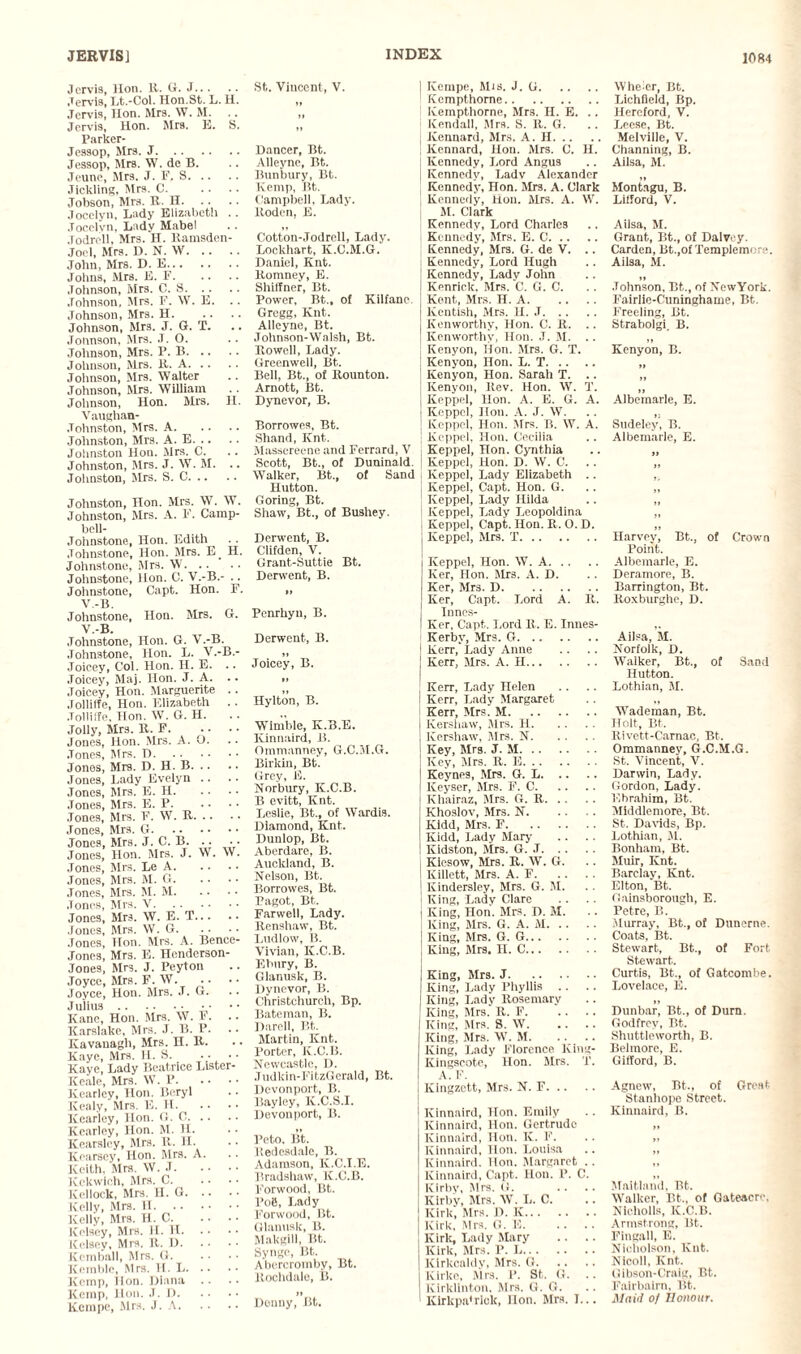 Jervis, Jlon. R. G. J. Jervis, Lt.-Col. Hon.St. L. H. Jervis, Hon. Mrs. W. M. Jervis, Hon. Mrs. E. S. Parker- Jessop, Mrs. J. Jessop, Mrs. W. de B. Jeune, Mrs. J. F. S. .Tickling, Mrs. C. Jobson, Mrs. R. H. Jocelyn, Lady Elizabeth .. Jocelvn, Lady Mabel .Todrell, Mrs. H. Ramsden- Joel, Mrs. D. N. W. John, Mrs. D. E. Johns, Mrs. E. F. Johnson, Mrs. 0. S. Johnson, Mrs. F. W. E. .. Johnson, Mrs. H. Johnson, Mrs. J. G. T. Jonnson, Mrs. J. O. Johnson, Mrs. P. B. Johnson, Mrs. R. A. Johnson, Mrs. Walter Johnson, Mrs. William Johnson, Hon. Mrs. II. Vaughan- Johnston, Mrs. A. Johnston, Mrs. A. E. Johnston Hon. Mrs. C. Johnston, Mrs. J. W. M. .. Johnston, Mrs. S. C. Johnston, Hon. Mrs. W. W. Johnston, Mrs. A. F. Camp- bell- Johnstone, Hon. Edith Johnstone, Hon. Mrs. E H. Johnstone, Mrs. W. Johnstone, Hon. C. V.-B.- .. Johnstone, Capt. Hon. F. V.-B. Johnstone, Hon. Mrs. G. V.-B. Johnstone, Hon. G. V.-B. Johnstone, Hon. L. V.-B.- Joicey, Col. Hon. H. E. .. Joicey, Maj. lion. J. A. •Toicey, Hon. Marguerite .. Jolliffe, Hon. Elizabeth . . •Tolliffe, Hon. W. G. H. Jolly, Mrs. R. F. Jones, Hon. Mrs. A. O. Jones, Mrs. D. Jones, Mrs. D. H. B. Jones, Lady Evelyn .. Jones, Mrs. E. H. Jones, Mrs. E. P. Jones, Mrs. F. W. R. Jones, Mrs. G. Jones, Mrs. J. C. B. Jones, Hon. Mrs. J. Jones, Mrs. Le A. Jones, Mrs. M. G. Jones, Mrs. M. M. W W. Jones, Mrs. V. Jones, Mrs. W. E. T. Jones, Mrs. W. G. Jones, Hon. Mrs. A. Bence- Jones, Mrs. E. Henderson- Jones, Mrs. J. Peyton Joyce, Mrs. F. W. Joyce, Hon. Mrs. J. G. Julius. •• Kane, Hon. Mrs. W. F. Karslake, Mrs. J. B. P. Kavanagh, Mrs. H. R. Kaye, Mrs. H. >S. Kaye, Lady Beatrice Lister- Keale, Mrs. W. P. Kearley, Hon. Beryl Kealy, Mrs. E. H. Kearley, Hon. G. 0. Kearley, Hon. M. H. Kearsley, Mrs. R. H. Kearsey, Hon. Mrs. A. Keith. Mrs. W. J. Kckwioh, Mrs. C. ICellock, Mrs. H. G. Kelly, Mrs. IT. Kelly, Mrs. H. C. Kelsey, Mrs. II. H. Kelsey, Mrs. R. 1). Kemball, Mrs. G. Kemble, Mrs. H. L. Kemp, lion. Diana Kemp, Hon. J. I). Kcmpe, Mrs. J. A. St. Vincent, V. Dancer, Bt. Alleyne, Bt. Bunbury, Bt. Kemp, Bt. Campbell, Lady. Roden, E. Cotton-Jodrell, Lady. Lockhart, K.C.M.G. Daniel, Knt. Romney, E. ShilTner, Bt. Power, Bt., of Kilfane. Gregg, Knt. Alleyne, Bt. Johnson-Walsh, Bt. Rowell, Lady. Greenweil, Bt. Bell, Bt., of Rounton. Arnott, Bt. Dynevor, B. Borrowes, Bt. Shand, Knt. Massereene and Ferrard, V Scott, Bt., of Duninald. Walker, Bt., of Sand Hutton. Goring, Bt. Shaw.'Bt., of Bushey. Derwent, B. Clifdcn, V. Grant-Suttie Bt. Derwent, B. Penrhyu, B. Derwent, B. >» Joicey, B. »> Hylton, B. Wimble, K.B.E. Kinnaird, B. Ommanney, G.C.M.G. Birkin, Bt. Grey, E. Norbury, K.C.B. B evitt, Knt. Leslie, Bt., of Wardis. Diamond, Knt. Dunlop, Bt. Aberdare, B. Auckland, B. Nelson, Bt. Borrowes, Bt. Pagot, Bt. Farwell, Lady. Renshaw, Bt. Ludlow, B. Vivian, K.C.B. Ehury, B. Glanusk, B. Dynevor, B. Christchurch, Bp. Bateman, B. Darell, Bt. Martin, Knt. Porter, K.C.B. Newcastle, D. Judkin-FitzGerald, Bt. Devonport, B. Bayley, IC.C.S.I. Devonport, B. Peto, Bt. Redesdale, B. Adamson, K.C.I.E. Bradshaw, K.C.B. Forwood, Bt. PoB, Lady Forwood, Bt. Glanusk, B. Makgill, Bt. Synge, Bt. Aborcromby, Bt. Rochdale, B. it Denny, Bt. | Kcmpe, Mis. J. G. Kempthomc. Kempthorne, Mrs. II. E. .. Kendall, Mrs. S. It. G. Kennard, Mrs. A. II. Kennard, Hon. Mrs. C. H. Kennedy, Lord Angus Kennedy, Ladv Alexander Kennedy, non. Mrs. A. Clark Kennedy, Hon. Mrs. A. W. M. Clark Kennedy, Lord Charles Kennedy, Mrs. E. C. Kennedy, Mrs. G. de V. .. Kennedy, Lord Hugh Kennedy, Lady John Kenrick. Mrs. C. G. C. Kent, Mrs. H. A. Kentish, Mrs. II. J. Kenworthy, Hon. C. R. .. Kenworthy, Hon. J. M. .. Kenyon, Hon. Mrs. G. T. Kenyon, Hon. L. T. Kenyon, Hon. Sarah T. .. Kenyon, Rev. Hon. W. T. Keppel, Hon. A. E. G. A. Koppcl, Hon. A. J. W. Keppel. Hon. Mrs. B. W. A. j Keppel, Hon. Cecilia Keppel, Hon. Cynthia Keppel, Hon. D. W. C. I Keppel, Lady Elizabeth .. Keppel, Capt. Hon. G. Keppel, Lady Hilda Keppel, Lady Leopoldina 1 Keppel, Capt. Hon. R. O. D. Keppel, Mrs. T. Keppel, Hon. W. A. Ker, Hon. Mrs. A. D. Ker, Mrs. D. Ker, Capt. Lord A. R. Innes- Ker, Capt. Lord It. E. Innes- ! Kerbv, Mrs. G. Kerr,' Lady Anne Kerr, Mrs. A. H. Kerr, Lady Helen Kerr, Lady Margaret Kerr, Mrs. M. Kershaw, Mrs. H. Kershaw, Mrs. N. Key, Mrs. J. M. Key, Mrs. R. E. Keynes, Mrs. G. L. ICeyser, Mrs. F. C. j Khairaz, Mrs. G. R. Khoslov, Mrs. N. Kidd, Mrs. F. Kidd, Lady Mary ! Kidston, Mrs. G. J. j Kiesow, Mrs. R. W. G. I Killett, Mrs. A. F. | Kindersley, Mrs. G. M. i King, Lady Clare I King, Hon. Mrs. D. M. I King, Mrs. G. A. M. ! King, Mrs. G. G. J King, Mrs. H. C. | King, Mrs. J. I King, Lady Phyllis King, Lady Rosemary King, Mrs. R. F. King, Mrs. 8. W. King, Mrs. W. M. .. .. King, Lady Florence King- Kingseote, Hon. Mrs. T. A. F. Kingzett, Mrs. N. F. Kinnaird, Hon. Emily j Kinnaird, Hon. Gertrude Kinnaird, Hon. K. F. Kinnaird, lion. Louisa Kinnaird. lion. Margaret .. Kinnaird, Capt. Hon. P. C. Kirby, Mrs. G. .... Kirby, Mrs. W. L. 0. Kirk, Mrs. D. K. Kirk, Mrs. G. E. Kirk, Lady Mary Kirk, Mrs. P. L. Kirkcaldy, Mrs. G. Kirlto, Mrs. P. St. G. Kirklinton. Mrs. G. G. Kirkpatrick, lion. Mrs. I... Whe or, Bt. Lichfield, Bp. Hereford, V. Leese, Bt. Melville, V. Channing, B. Ailsa, M. it Montagu, B. Lifford, V. Ailsa, M. Grant, Bt., of Dalvey. Carden, Bt.,of Templemore. Ailsa, M. >» Johnson, Bt.., of NewYork. Fairlie-Cuninghame, Bt. Freeling, Bt. Strabolgi, B. Kenyon, B. >1 Albemarle, E. Sudeley, B. Albemarle, E. tl JJ Harvey, Bt., of Crown Point. Albemarle, E. Deramore, B. Barrington, Bt. ltoxburghe, D. Ailsa, M. Norfolk, D. Walker, Bt., of Sand Hutton. Lothian, M. Wademan, Bt. Holt, Bt. Rivett-Carnac, Bt. Ommanney, G.C.M.G. St. Vincent, V. Darwin, Lady. Gordon, Lady. Ebrahim, Bt. Middlemore, Bt. St. Davids, Bp. Lothian, M. Bonham, Bt. Muir, Knt. Barclay, Knt. Elton, Bt. Gainsborough, E. Petre, B. Murray, Bt., of Dunerne. Coats, Bt. Stewart, Bt., of Fort Stewart. Curtis, Bt., of Gatcombe. Lovelace, E. Dunbar, Bt., of Durn. Godfrey, Bt. Shuttleworth, B. Belmore, E. Gifford, B. Agnew, Bt., of Great Stanhope Street. Kinnaird, B. Maitland, Bt. Walker, Bt., of Gateacre, Nicholls, K.C.B. Armstrong, Bt. Pingall, E. Nicholson, Knt. Nicoll, Knt. Gibson-Craig, Bt. Fairbairn, Bt. Maid 0/ Honour.