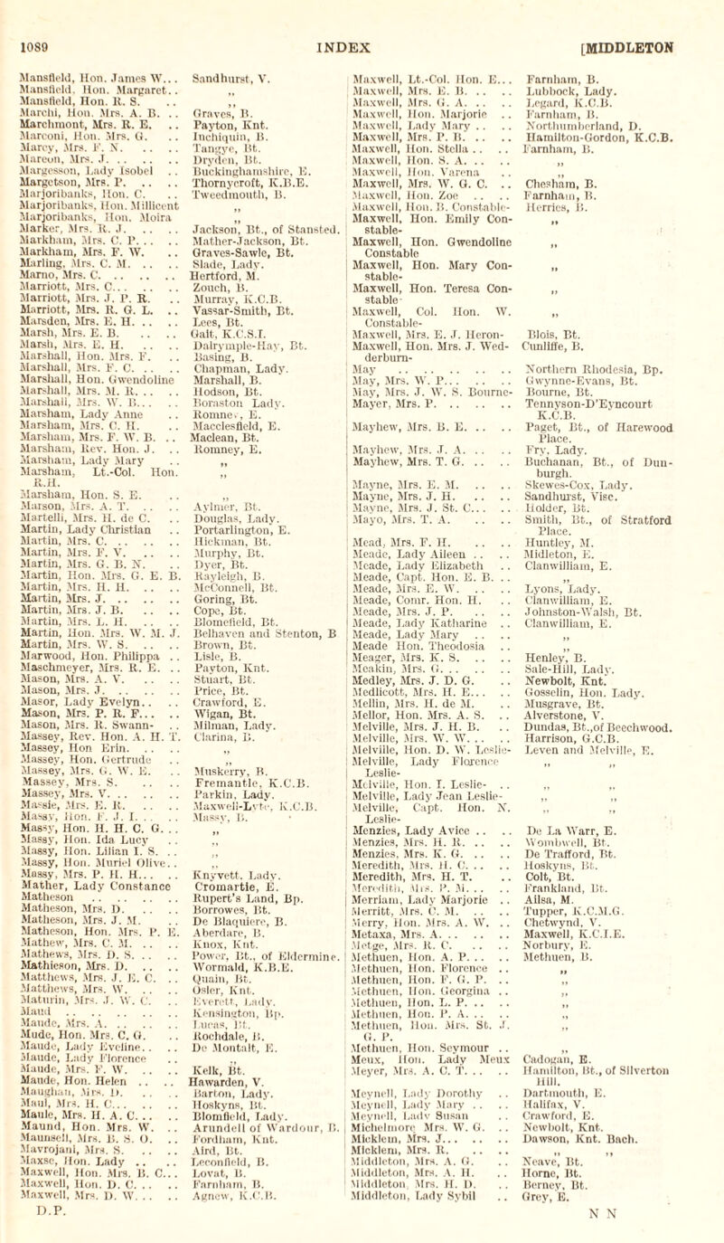 Mansfield, Hon. James W... Mansfield, Hon. Margaret.. Mansfield, Hon. It. S. March!, lion. Mrs. A. B. Marchmont, Mrs. R. E. Marconi, Hon. Mrs. G. Marcy, Mrs. 1'. N. Alarcon, Mrs. J. Margesson, Lady Isobel Margetson, Mrs.' P. Alarjoribanks, lion. C. Marjoribanks, Hon. Millicent Marjoribanks, Hon. Moira Marker, Mrs. R. J. Markham, Airs. C. P. Markham, Mrs. F. W. Marling. Airs. C. M. Marno, Airs. C. Alarriott, Airs. C. Alarriott, Airs. J. P. R. Marriott, Airs. R. G. L. .. Marsden, Airs. E. H. Marsh, Airs. E. B. Marsh, Mrs. E. H. Alarshall, Hon. Mrs. F. Alarshall, Airs. F. C. Marshall, Hon. Gwendoline Alarshall, Mrs. M. It. Marshall, Mrs. W. B. Marsham, Lady Anne Marsham, Airs. C. H. Marsham, Mrs. F. W. B. .. Alarsham, Rev. Hon. J. Marsham, Lady Alary Alarsham, Lt.-Col. Hon. R.H. Marsham, Hon. S. E. Alarson, Airs. A. T. Aiartelli, Airs. H. de C. Martin, Lady Christian Martin, Airs. C. Alartin, Airs. F. V. Alartin, Airs. G. B. N. Alartin, Hon. Airs. G. E. B. Alartin, Mrs. H. H. Martin, Mrs. J. Martin, Airs. J. B. Alartin, Airs. L. H. Martin, Hon. Airs. W. M. J. Martin, Airs. W. S. Alarwood, Hon. Philippa .. Alaschmeyer, Airs. R. E. . . Alason, Airs. A. V. Alason, Airs. J. Masor, Lady Evelyn.. Mason, Airs. P. R. F. Alason, Airs. R. Swann- Alassey, Rev. Hon. A. H. T. Alassey, Hon Erin. Alassey, Hon. Gertrude Alassey, Airs. G. W. E. Massey, Mrs. S. Alassey, Airs. V. Alassie, Airs. E. R. Massy, Hon. F. J. I. Massy, Hon. H. H. C. G. . . Alassy, lion. Ida Lucy Alassy, Hon. Lilian I. S. .. Alassy, Hon. Aluriel Olive.. Alassy, Airs. P. H. H. Mather, Lady Constance Alatheson . Matheson, Airs. D. Alatheson, Airs. J. M. Alatheson, Hon. Airs. P. E. Mathew, Airs. c. M. Mathews, Airs. I). S. Alathieson, Airs. I). Matthews, Airs. J. E. C. . . Matthews, Airs. W. Alatnrin, Airs. ,T. \V. c. Alaud. Mande. Airs. A. Alude, Hon. Airs. C. G. Maude, Lady Eveline Alaude, Lady Florence Maude, Mrs. F. W. Maude, Hon. Helen .. Alaughan, Airs. 1). Alaut, Mrs. H. C. Alaule, Airs. H. A. C. Alaund, Hon. Mrs. W. .. Maunsell, Airs. B. S. O. .. Mavrojani, Airs. S. Alaxse. Hon. Lady .. Maxwell, Hon. Airs. B. C... Alaxwell, Hon. D. C. Maxwell, Airs. 1). W. D.P. Sandhurst, V. > » Graves, B. Payton, Knt. Inchiquin, B. Tangye, lit. Dryden, lit. Buckinghamshire, E. Thornyeroft, K.ll.E. Tweedmouth, B. »» Jackson, lit., of Stansted. Alather-Jackson, Bt. Graves-Sawle, Bt. Slade, Lady. Hertford, AI. Zouch, B. Alurrav, K.C.B. Vassar-Smith, Bt. Lees, Bt. Gait, K.C.S.I. Dairymple-Hay, Bt. Basing, B. Chapman, Lady. Alarshall, B. llodson, Bt. Boraston Lady. Romner, E. Macclesfield, E. Alaclean, Bt. Romney, E. »» Aylmer, Bt. Douglas, Lady. Portarliugton, E. Hickman, Bt. .Murphy, Bt. Dyer, Bt. Rayleigh, B. AIcConnell, Bt. Goring, Bt. Cope, Bt. Blomefield, Bt. Belhaven and Stenton, B Brown, Bt. Lisle, B. Payton, Knt. Stuart, Bt. Price, Bt. Crawford, E. Wigan, Bt. Alilman, Lady. Clarina, B. Afuskerry, B. Fremantle, K.C.B. Parkin, Lady. Alaxwell-Lvtc, K.C.B. Alassy, B. Knyvett, Lady. Cromartie, E. Rupert’s Land, Bp. Borrowes, Bt. De Blaquiere, B. Aberdare, B. Knox, Knt. Power, Bt., of Eldcrmine. Wormald, K.B.E. Quoin, Bt. Osier, Knt. Everett, Lady. Kensington, Bp. Lucas, Bt. Koohdale, B. De Alontalt, E. Kelk, Bt. Hawarden, V. Barton, Lady. Hoskyns, Bt. Blomfield, Lady. Arundell of Wardour, II. Fordham, Knt. Alrd, Bt. Leconfleld, B. Lovat, B. Farnham, B. Agncw, K.C.B. Alaxwell, Lt.-Col. lion. E... Maxwell, Airs. E. 11. Alaxwell, Airs. G. A. Maxwell, lion. Marjorie Maxwell, Lady Alary .. Alaxwell, Airs. P. B. .. Alaxwell, Hon. Stella Alaxwell, Hon. S. A. Maxwell, Hon. Varena Alaxwell, Mrs. W. G. C. .. Maxwell, Hon. Zoe Alaxwell, Hon. B. Constablc- Alaxwell, Hon. Emily Con- stable- Alaxwell, Hon. Gwendoline Constable Alaxwell, Hon. Alary Con- stable- | Alaxwell, Hon. Teresa Con¬ stable \ Maxwell, Col. Hon. W. Constable- Maxwell, Airs. E. J. Heron- Maxwell, Hon. Mrs. .J. Wed- derbum- 1 May . Alay, Airs. W. P. Alay, Airs. J. W. S. Bourne- Mayer, Mrs. P. Mayhew, Airs. B. E. Mayhew, AHs. J. A. Mayhew, Mrs. T. G. Alayne, Airs. E. Al. Alayne, Mrs. J. H. Alayne, Airs. J. St. C. Mayo, Airs. T. A. Alead, Airs. F. H. Aleade, Lady Aileen Aleade, Lady Elizabeth Aleade, Capt. Hon. E. B. Aleade, Airs. E. W. Aleade, Comr. Hon. H. Aleade, Airs. J. P. Aleade, Lady Katharine .. Meade, Lady Alary Meade Hon. Theodosia Aleager, Airs. K. S. Meakin, Airs. G. Aledley, Airs. J. D. G. Atedlicott, Airs. II. E. Alellin, Airs. H. de M. Alellor, Hon. Mrs. A. S. .Melville, Airs. J. H. B. Melville, Airs. W. W. i Alelviile, Hon. D. W. Loslie- : Alelviile, Lady Florence Leslie- Mtlville, Hon. I. Leslie- .. Melville, Lady Jean Leslie- Alelville, Capt. Hon. X. Leslie- Menzies, Lady Avicc .. J Menzies, Airs. H. R. Menzies, Mrs. IC. G. .Meredith, Mrs. 11. C. Meredith, Airs. H. T. ; Meredith, Mrs. P. Ai. Merriam, Lady Marjorie .. Merritt, Airs. 0. AI. j Merry, Hon. Airs. A. W. .. Metaxa, Mrs. A. I Aletge, Airs. R. C. I Alethuen, Hon. A. P. Alethuen, Hon. Florence .. Alethuen, Hon. F. G. P. .. Methuen, Hon. Georgina .. Alethuen, lion. L. P. Alethuen, Hon. P. A. Methuen, 11 on. Airs. St. J. G. P. ! Methuen, Hon. Seymour .. I Meux, Hon. Lady Meux j Meyer, Mrs. A. C. T. Meynell, Lady Dorothy Mcynell, Lady Alary Meynell, Ludv Susan Michelmore Airs. W. G. .. Mioklem, Airs. J. Mlcklem, Mrs. R. Middleton, Airs. A. G. Middleton, Mrs. A. H. Middleton Airs. H. I). Middleton, Lady Sybil Farnham, B. Lubbock, Lady. Legard, K.C.B. Farnham, B. Northumberland, D. Hamilton-Gordon, K.C.B. Farnham, B. » Chesham, B. Farnham, B. Herrics, 15. M »> II Blois, Bt. Cunliffe, B. Northern Rhodesia, Bp. Gwynne-Evans, Bt. Bourne, Bt. Tennyson-D’Eyncourt. K.C.B. Paget, Bt., of Harewood Place. Fry. Lady. Buchanan, Bt., of Dun- burgh. Skewes-Cox, Lady. Sandhurst, Vise. Holder, Bt. Smith, Bt., of Stratford Place. Huntley, M. Alidleton, E. Clanwilliam, E. Lyons, Lady. Clanwilliam, E. Johnston-Walsh, Bt. Clanwilliam, E. Henley, B. Sale-Hill, Lady. Newbolt, Knt. Gosselin, Hon. Lady. Alusgrave, Bt. Alverstone, V. Dundas, Bt.,of Beechvvood. Harrison, G.C.B. Leven and Alelviile, E. De La Warr, E. Wombwell, Bt. De Trafford, Bt. Hoskyns, Bt. Colt, Bt. Frankland, Bt. Ailsa, M. Tupper, K.C.A1.G. Chetwynd, V. Alaxwell, Ii.C.I.E. Norbtiry, E. Alethuen, B. II Cadogan, E. Hamilton, Bt., of Sllverton Hill. Dartmouth, E. Halifax, V. Crawford, E. Newbolt, Knt. Dawson, Knt. Bach. Neave, Bt. Horne, Bt. Berney, Bt. Grey, E. N N