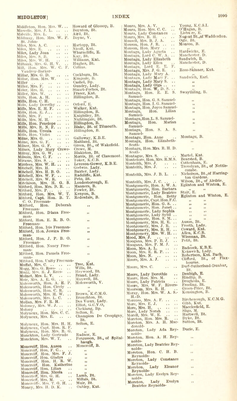 Middleton, Hon. Mis. W. .. Howard of G103sop, B. Mievelle. Mrs. J. L.Boynton, Bt. Mifivillc, Mrs. J.Aird, Bt. Mildraay, Hon. Mrs. W. P. Boyne, V. St. John- Miles, Mrs. A. C.Hartopp, Bt. Miles, Mrs. E.Nicoll, Knt. Miles, Lady Joan .. .. Wharnoliffe, E. Miles, Mrs. S. B. .. .. Kay, Bt. Miles, Mrs. W. U.Williams, Knt. Milbauk, Mrs. G. H. V. .. Hughes, Bt. Mill, Hon. Mrs. W. C. P. Collius. V audrey- Barker- Miliar, Mrs. G. D.Cockburn, Bt. Millar, Hon. Mrs. W. .. Kingsale, B. Miller.Cashel, Bp. Miller, Mrs. F.Gundry, Lady. Miller, Mrs. H.Stuart-Forbes, Bt. Miller, Mrs. W.Fraser, Knt. Mills, Hon. A. H.Hillingdon, B. Mills, Hon. C. H. ,, Mills, Lady Dorothy .. .. Orford, E. Mills, Mrs. E. H. F.Walker, Knt. Mills, Hon. E. J. Hillingdon, B. Mills, Mrs. F.Knightley, Bt. Mills, Mrs. M. H.Nightingale, Bt. Mills, Hon. Penelope .. .. Hillingdon, B. Mills. Mrs. R. N. F.Blake, Bt. of Tilmouth. Mills, Hon. Ursula .. .. Hillingdon, B. Mills, Hon. Violet .... ,, Milne, Mrs. G.Galloway, K.B.E. Milne, Mrs. G. F.Maitland, Bt. Milner, Mrs. G. F.Green, Bt., of Wakefield. Milnes, Lady Mary Crewe- Crewe, M. Milroy, Mrs. G. W.Blakiston, Bt. Milsom, Mrs. C. F.Morris, Bt. of Clasemont. Mirams, Mrs. 8.Toker, K.C.B. Mirrlees, Mrs. W. H. Leveson-Gower, K.B.E. Mitchell, Mrs. H.Godwin. Lady. Mitchell, Mrs. H. B. O. .. Baxter, Lady. Mitchell, Mrs. W. F. Radcliffe, Knt. Mitchell, Mrs. W. R. .. Peto, Bt. Mitchison, Mrs. H. G. 8. Londesborough, E. Mitford, Hon. Mrs. B. R. .. Manners, B. Mitford, Mrs. P. Fowler, Bt. Mitford, Hon. Mrs. W. T. Kenyon, B. Mitford, Capt. Hon. B. T. Redesdale, B. C. O. Freeman- Mitford, Hon. Deborah ,, Freeman- Mitford, Hon. Diana Free- ,, man- Mitford, Hon. E. R. B. O. „ Freeman- Mitford, Hon. Iris Freeman- „ Mitford, Hon. Jessica Free- „ man- Mitford, Hon. J. P. B. O. „ Freeman- Mitford, Hon. Nancy Free¬ man- Mitford, Hon. Pamela Free- ,, man- Mitfoid, Hon. Unity Freeman- ,, Moffat, Mrs. C.Tree, Knt. Mogg, Mrs. G. Rees- .. .. Wills, Bt. Mogg, Mrs. R. J. Rees- .. Heywood, Bt. Moinet, Mrs. L. V.Brand, Lady. Moir, Mrs. A. E. G.Maxwell, Bt. Molesworth, Hon. A. E. P. Molesworth, V. Molesworth, Hon. Cicely .. „ Molesworth, Hon. C. R. .. » Molesworth, Mrs. H. W. .. Brown, R.C.M.G. Molesworth, Mrs. L. C. .. Broughton, Bt. Mollan, Mrs. F. R. H. .. Des Voeux, Lady. Moloney, Mrs. W. J. Elliot, G.C.V.O, Molony .Chekiang, Bp. Molyneux, Hon. Mrs. C. C. Sefton, E. Molyneux, Mrs. E.Champion De Cresplgny Bt. Molyneux, Hon. Mrs. II. H. Sefton, E. Molyneux, Capt. Hon. It. F. „ Molyneux, Hon. Mrs. R. G. ,, Monckton, Lady Gertrude Radnor, E. Monckton, Mrs. W. T. .. Fergusson, Bt., of Bpital haugh. Moncreiff, Hon. Anson .. MoncreifI, B. Moncreilf, Hon. F. C. „ Moncreiff, Hon. Mrs. F. J. „ Moncreiff, Hon. Gladys .. „ Moncreiff, Hon. H. R- W. „ Moncreiff, Hon. Katherine ,. Moncreiff, Hon. Lilian .. ,, Moncreiff, Hon. Nicola .. „ Moncrleff, Mrs. G. H. .. Lamb, Bt. Moncrleff, Mrs. M.Millais, Bt. Moncreiffe, Mrs. T. G. H. .. Muir, Bt. Money, Mrs. H. D. K. .. Oakley, Knt. Monro, Mrs. A. V. Monro, Hon. Mrs. C. C. 1 Monro, Lady Constance Monro, Mrs. It. H. ] Monsell, Mrs. B. J. A. Monson, Hon. J. R. Monson, Hon. Mary Montagu, Lady Agneta Montagu, Lord C. W. A. .. Montagu, Lady Elizabeth ; Montagu, Lady Ellen | Montagu, Lord E. E. F. | Montagu, Mrs. J. G. E. { Montagu, Lady Mary A. i Montagu, Lady Mary F. .. j Montagu, Lady Mary S. .. 1 Montagu, Lady Olga .. .. I Montagu, Hon. W, D. S. Montagu, Hon. E. E. S. Samuel- Montagu, Hon. G. S. Samuel- Montagu, Hon. I. G. Samuel- t Montagu, Hon. Joyce Sarnuel- | Montagu, Hon. Lilian Samuel- Montagu.Hon.L. S. Samuel- Montagu, Hon. Marian ! Samuel- Montagu, Hon. S. A. S. Samuel- Montagu, Hon. Anne Montagu, Hon. Elizabeth- Scott- j Montagu, Hon. Mrs. R. H. D. Scott- ; Montague, Mrs. S. | Montefiore, Hon. Mrs. R.M.S. I Monteith, Mrs. J. Monteith, Mrs. J. Monteith, Mrs. J. B. L. Monteith, Mrs. J. C. Montgomerie, Hon. A. W. A. Montgomerie, Hon. Barbara | Montgomerie, Lady Beatrice * Montgomerie, Hon. Betty Montgomerie, Capt.Hon.F.C. Montgomerie, Hon. G. S. .. Montgomerie, Hon. Janet .. Montgomerie, Lady Sophia Montgomerie, Lady Sybil .. Montgomerie, Hon. S. M. . . Montgomery, Mrs. II. E. .. Montgomery, Mrs. J. R. . . Montgomery, Mrs. R. H. .. Montgomery, Mrs. W. H. .. Mood, Mrs. J. Moogana, Mrs. P. B. J. Moogana, Mrs. P. M. J. Moon, Mrs. A. L. Moon, Mrs. E. R. P. Moon, Mrs. N. Moore, Mrs. A. J. Young, K.C.S.I. O’Hagan, B. Lisbu re, E. Nugent Bt.,of Waddesdon. Ogle, Bt. Monson, B. Hardwicke, E. Manchester. D. Sandwich, B. Manchester, D. Ross-Skinner, Knt. Sandwich, Earl. Swaythling, B. Moore, Mrs. C. .... Moore, Lady Dorothie Moore, Hon. Mrs. M. Moore, Lady Patricia Moore, Mrs. W. F. Rivers- Moorsom, Mrs. R. H. Moray, Hon. Mrs. W. A. S.- H.-D. Morcom, Mrs. A. F. More, Mrs. E. J. More, Mrs. H. More, Lady Norah Morell, Mrs. W. E. Moreton, Hon. Mrs. R. Moreton, Mrs. A. II. Mac- donald- Moreton, Lady Ada Rey- nolds- Moreton, Hon. A. H. Rey- nolds- Moreton, Lady Beatrice Rey- | nolds- Moreton, Hon. C. H. B. Revnolds- Moreton, Lady Constanco Reynolds- Moreton, Lady Eleanor Rcynolds- Moreton, Lady Evelyn Rey- nolds- Moreton, Lndy Evelyn Beatrice Reynolds- Montagu, B. Martel. Knt. Bearsted, B. Cottenham, E. Trevelyan, Bt., of Nettle- combe. Nicholson, Bt.,of Harring¬ ton Gardens. Wilson, Bt., of Airdrie. Eglinton and Winton, E. Stair, E. Eglinton and Winton, E. Anson, Bt. Freeth. Lady. Coward, Knt. Allen, K.C.B. Wiseman, Bt. Petit, Bt. Badcock, K.B.E. Kekewich, Lady. Robertson, Knt. Bach. Clifford, Bt., of Flax- bourne. Dutf-Sutherland-Dunbar, Bt. Denbigh, E. Hindlip, B. Drogheda, E. Freeling, Bt. Green-Price, Bt. Kensington, B. Birchenough, K.C.M.G. Gibb, Knt. Macclesfield, E. Sligo, M. Hartwell, Bt. Dyke, Bt. Sutton, Bt. Ducie, E.