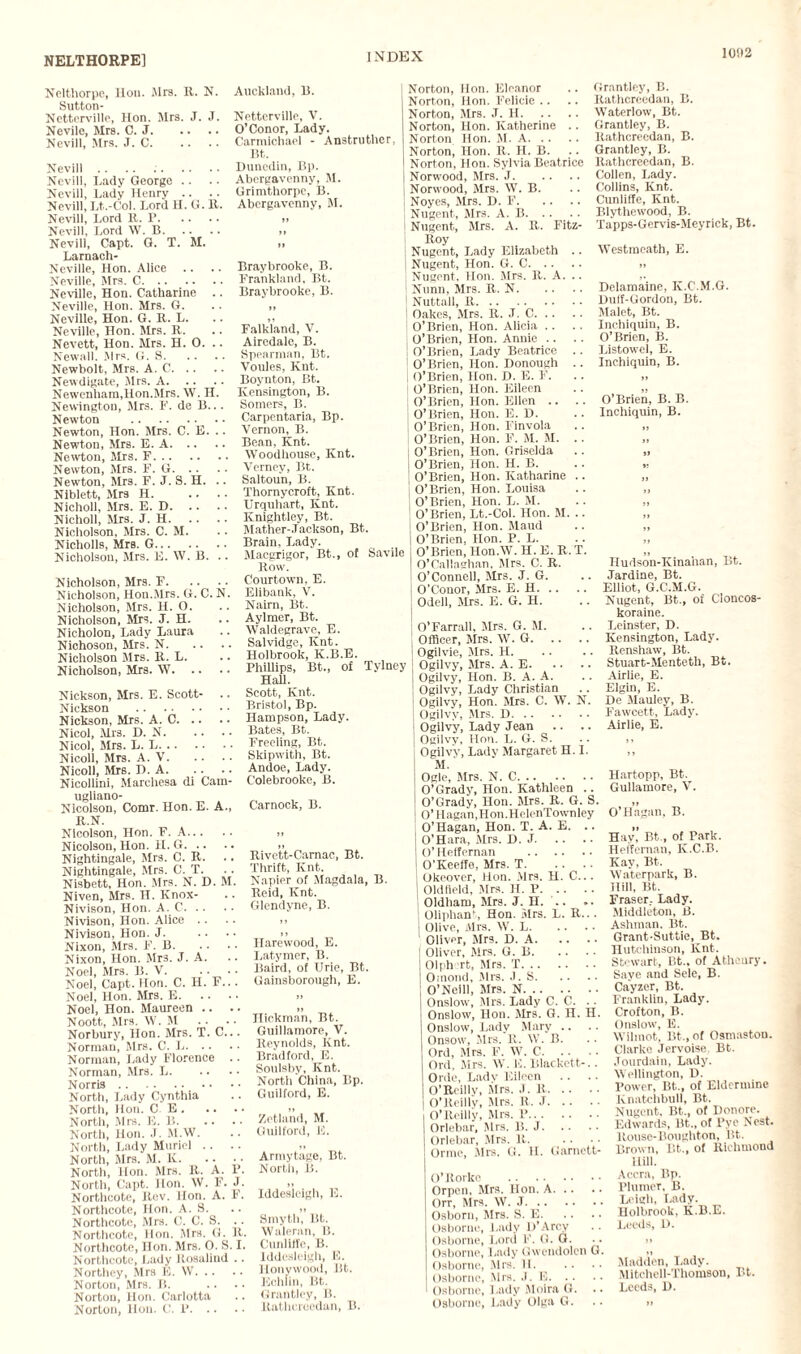 NELTHORPE] 10!*2 Nelthorpe, lion. Mrs. It. N. Sutton- Netterville, Hon. Mrs. J. J. Nevile, Mrs. C. J. Nevill, Mrs. J. C. Nevill Nevill, Lady George Nevill, Lady Henry Nevill, Lt.-Col. Lord H. G. It. Nevill, Lord It. r. Nevill, Lord W. B. Nevill, Capt. G. T. M. Larnach- Neville, Hon. Alice Neville, Mrs. C. Neville, Hon. Catharine .. Neville, Hon. Mrs. G. Neville, Hon. G. It. L. Neville, Hon. Mrs. It. Nevett, Hon. Mrs. H. 0. .. Newall. Mrs. G. S. Newbolt, Mrs. A. C. Newdigate, Mrs. A. Newenham,Hon.Mrs. W. H. Newington, Mrs. 1*’. de B... Newton . Newton, Hon. Mrs. C. E. .. Newton, Mrs. E. A. Newton, Mrs. F. Newton, Mrs. F. G. Newton, Mrs. F. J. S. H. .. Niblett, Mrs H. Nicholl, Mrs. E. D. Nicholl, Mrs. J. H. Nicholson, Mrs. C. M. Nicholls, Mrs. G. Nicholson, Mrs. E. W. B. .. Nicholson, Mrs. F. Nicholson, Hon.Mrs. G. C. N. Nicholson, Mrs. H. O. Nicholson, Mrs. J. H. Nicholon, Lady Laura Nichoson, Mrs. N. Nicholson Mrs. It. L. Nicholson, Mrs. W. Nickson, Airs. E. Scott- Nickson . Nickson, Mrs. A. C. Nicol, Airs. D. N. Nicol, Mrs. L. L. Nicoll, Mrs. A. V. Nicoll, Mrs. D. A. Nicollini, Marchesa di Cam- ugliano- Nicolson, Comr. Hon. E. A., R.N. Auckland, B. Net.terville, V. O’Conor, Lady. Carmichael - Anstruther, Bt. Dunedin, Bp. Abergavenny, M. Grimthorpe, B. Abergavenny, M. Braybrooke, B. Frankland, Bt. Braybrooke, B. Falkland, V. Airedale, B. Spearman, Bt. Voules, Knt. Boynton, Bt. Kensington, B. Somers, B. Carpentaria, Bp. Vernon, B. Bean, Knt. Woodhouse, Knt. Verney, Bt. Saltoun, B. Thorny croft, Knt. Urquhart, Knt. Knightley, Bt. Mather-Jackson, Bt. Brain, Lady. Macgrigor, Bt., of Savile Row. Court own, E. Elibank, V. Nairn, Bt. Aylmer, Bt. Waldegrave, E. Salvidge, Knt. Holbrook, K.B.E. Phillips, Bt., of Tylney Hall. Scott, Knt. Bristol, Bp. Hampson, Lady. Bates, Bt. Freeling, Bt. Skipwith, Bt. Andoe, Lady. Colebrooke, B. Carnock, B. Nicolson, Hon. F. A. Nicolson, Hon. II. G. Nightingale, Mrs. C. R. Nightingale, Mrs. C. T. Nisbett, Hon. Airs. N. D. M. Niven, Mrs. H. Knox- Nivison, Hon. A C. Nivison, Hon. Alice .. Nivison, Hon. J. Nixon, Mrs. F. B. Nixon, Hon. Mrs. J. A. Noel, Mrs. B. V. Noel, Capt. Hon. C. II. F... Noel, Hon. Mrs. E. Noel, Hon. Maureen .. Noott, Airs. \V. AI Norbury, Hon. Mrs. T. C... Norman, Airs. C. L. Norman, Lady Florence .. Norman, Airs. L. Norris. North, Lady Cynthia North, Hon. C E. North, Airs. E. B. North, Hon. J. Al.W. North, Lady Muriel .. North, Mrs. Al. K. North, Hon. Mrs. R. A. P. North, Capt. Hon. W. F. J. Northcote, Rev. Hon. A. F. Northcote, Hon. A. 8. Northcote, Mrs. C. C. S. .. Northcote, Hon. .Mrs. G. R. Northcote, Hon. Airs. O. S. I. Northcote, Lady Rosalind .. Northey, Mrs E. W. Norton, Mrs. I!. Norton, Hon. Carlotta Norton, Hon. C. P. Rivett-Camac, Bt. Thrift, Knt. Napier of Alagdala, B. Reid, Knt. Glendyne, B. Harewood, E. Latymer, B. Baird, of Urie, Bt. Gainsborough, E. » Hickman, Bt. Guillamore, V. Reynolds, Knt. Bradford, E. Soulsby, Knt. North China, Bp. Guilford, E. Zetland, AI. Guilford, E. Armytage, Bt. North, B. U Iddeslcigh, E. Smyth’,’ Bt. Waleran, B. Cunliffe, B. Iddeslcigh, E. Hollywood, Bt. Echlin, Bt. Grantley, B. Rathcrcedan, B. Norton, Hon. Eleanor Norton, Hon. Felicie .. Norton, Airs. ,T. H. Norton, Hon. Katherine .. Norton Hon. AI. A. Norton, Hon. R. H. B. Norton, Hon. Sylvia Beatrice Norwood, Airs. J. Norwood, Airs. W. B. Noyes, Airs. D. F. Nugent, Airs. A. B. Nugent, Airs. A. R. Fitz¬ Roy Nugent, Lady Elizabeth .. Nugent, Hon. G. C. Nugent, Hon. Airs. R. A. .. Nunn, Airs. R. N. Nuttall, R. Oakes, Airs. R. J. C. O’Brien, Hon. Alicia . . O’Brien, Hon. Annie O’Brien, Lady Beatrice .. O’Brien, Hon. Donough .. O’Brien, Hon. D. E. F. O’Brien, Hon. Eileen O’Brien, Hon. Ellen .. O’Brien, Hon. E. D. O’Brien, Hon. Finvola O’Brien, Hon. F. AI. M. .. O’Brien, Hon. Griselda O’Brien, Hon. H. B. O’Brien, Hon. Katharine .. O’Brien, Hon. Louisa O’Brien, Hon. L. AI. O’Brien, Lt.-Col. Hon. Al. .. O’Brien, Hon. Aland O’Brien, Hon. P. L. O’Brien, Hon.W. H. E. R. T. O’Callaghan, Airs. C. R. O’Connell, Airs. J. G. O’Conor, Mrs. E. H. Odell, Airs. E. G. H. O’Farrall, Airs. G. AL Officer, Airs. W. G. Ogilvie, Airs. H. Ogilvy, Airs. A. E. Ogilvy, Hon. B. A. A. Ogilvy, Lady Christian Ogilvy, Hon. Airs. C. W. N. Ogilvy, Airs. D. Ogilvy, Lady Jean Ogilvy. Hon. L. G. S. Ogilvy, Lady Alargaret H. I. Grantley, B. Rathcrcedan, B. Waterlow, Bt. Grantley, B. Rathcrcedan, B. Grantley, B. Rathcreedan, B. Collen, Lady. Collins, Knt. Cunliffe, Knt. Blythewood, B. Tapps-Gervis-Meyrick, Bt. Westmeath, E. Delamaine, K.C.M.G. Duff-Gordon, Bt. Alalet, Bt. Inchiquiu, B. O’Brien, B. Listowel, E. Inehiquin, B. O’Brien, B. B. Inehiquin, B. ft Hudson-Kinahan, Bt. Jardine, Bt. Elliot, G.C'.M.G. Nugent, Bt., of Cloncos- koraine. Leinster, D. Kensington, Lady. Renshaw, Bt. Stuart-Alenteth, Bt. Airlie, E. Elgin, E. De Alauley, B. Fawcett, Lady. Airlie, E. M. Ogle, Airs. N. C. O’Grady, Hon. Kathleen .. O’Grady, Hon. Airs. R. G. S. 0’Hagan,Hon.HelenTownley O’Hagan, Hon. T. A. E. .. O’Hara, Airs. D. J. O’ Heffernan . O’Keeffe, Mrs. T. Okeover, Hon. Airs. H. C... Oldfield, Airs. H. P. Oldham, Airs. J. H. .. ». Oliphant, Hon. Airs. L. R... Olive, Mrs. W. L. Oliver, Airs. D. A. I Oliver, Airs. G. B. Olph rt, Airs. T. Omond, Airs. J. S. O’Neill, Airs. N. Onslow, Airs. Lady C. C. Onslow, Hon. Airs. G. H. H. Onslow, Lady Mary .. Onsouq Airs. R. W. B. Ord, Mrs. F. W. C. Ord, Airs. W. E. Blackett-. . Orde, Ladv Eileen O’Reilly, Mrs. ,1. R. O’Reilly, Airs. R. J. O’Reilly, Mrs. P. Orlebar, Airs. B. J. Orlebar, Mrs. R. Orme, Mrs. G. II. Garnett- O’Rorke . Orpen, Airs. Hon. A. Orr, Airs. W. J. Osborn, Airs. S. E. Osborne, Lady D’Arcy (Isborne, Lord 1'. 0.8. Osborne, Lady Gwendolen G. Osborne, Airs. 11. Osborne, Mrs. .1. E. Osborne, Lady Aloira G. Osborne, Lady Olga G. Hartopp, Bt. Gullamore, V. O’Hagan, B. Hav Bt, of Park. Heffernan, K.C.B. Kay, Bt. Waterpark, B. Hill, Bt. Fraser.- Lady. Middleton, B. Ashman. Bt. Grant-Suttie, Bt. Hutchinson, Knt. Stewart, Bt., of Atheury. Saye and Sele, B. Cayzer, Bt. Franklin, Lady. Crofton, B. Onslow, E. Wilmot, Bt., of Osmastou. Clarke Jervoise Bt. Jourdain, Lady. Wellington, D. Power, Bt.., of Eldcrmine Knatchbull, Bt. Nugent, lit., of Donore. Edwards, Bt., of Pye Nest. llouse-Boughton, Bt. Brown, Bt., of Richmond Hill. Accra, Bp. Plumer, B. Leigh, Lady. Holbrook, K.B.E. Leeds, D. Aladden, Lady. Alitchell-Thomson, Bt. Leeds, D.