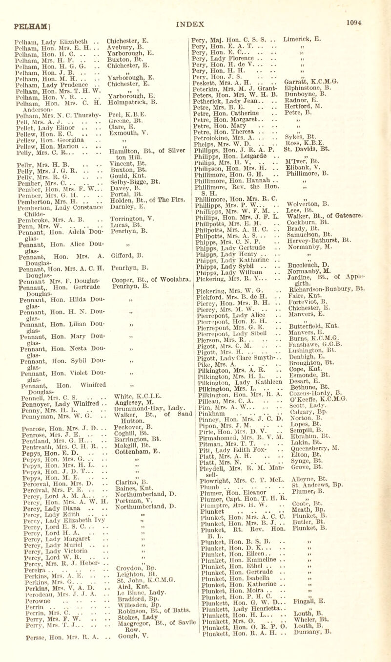 PELHAM] Pelham, Lady Elizabeth .. Pelham, Hon. Mrs. E. H. .. Pelham, Hon. H. C. Pelham, Mrs. H. F. Pelham, Hon. H. G. G. Pelham, Hon. J. B. Pelham, Hon. M. H. Pelham, Lady Prudence .. Pelham, Hon. Mrs. T. H. W. Pelham, Hon. V. R. Pelham, Hon. Mrs. C. H. Anderson- Pelham, Mrs. N. C. Thursby- Pell, Mrs. A. J. Pellet, Lady Elinor .. Pellew, Hon. E. C. Pellew, Hon. Georgina Pellew, Hon. Marion .. .. Pelly, iMrs. C. R. Pelly, Mrs. H. B. Pelly, Mrs. J. G. R. Pelly, Mrs. R. G. Pember, Mrs. C. Pember, Hon. Mrs. F. W... Pember, Mrs. G. H. Pemberton, Mrs. H. Pemberton, Lady Constance Childe- Pembroke, Mrs. A. B. Penn, Mrs. W. Pennant, Hon. Adela Dou- glas- Pennant, Hon. Alice Dou- glas- Pennant, Hon. Mrs. A. Douglas- Pennant, Hon. Mrs. A. C. H. Douglas- Pennant Mrs. F. Douglas- Pennant,, Hon. Gertrude Douglas- Pennant, Hon. Hilda Dou- glas- Pennant, Hon. H. N. Dou- glas- Pennant, Hon. Lilian Dou- glas- Pennant, Hon. Mary Dou- glas- Pennant, Hon. Nesta Dou- glas- Pennant, Hon. Sybil Dou- glas- _ _ Pennant, Hon. Violet Dou- glas- Pennant, Hon. Winifred Douglas- Pennell, Mrs. C. S. Pennoyer, Lady Winifred .. Fenny, Mrs. H. L. Pennyman, Mrs. W. G. Penrose, Hon. Mrs. J. D. Penrose, Mrs. J. E. Pentland, Mrs. G. H. Pentreath, Mrs. C. H. R. .. Pepys, Hon. E. D. Pepvs, Hon. Mrs. G. Pepys, Hon. Mrs. H. L. .. Pepys, Hon. J. D. T. Pepys, Hon. M. E. Perceval, Hon. Mrs. D. Percival, Mrs. P. E. Percy, Lord A. M. A. Percy, Hon. Mrs. A. W. H. Percy, Lady Diana .. Percy, Lady Edith Percy, Lady Elizabeth Ivy Percy, Lord E. S. C. Percy, Lord H. A. Percy, Lady Margaret Percy, Lady Muriel .. .. Percy, Lady Victoria Percy, Lord W. R. Percy, Mrs. R. J. Heber- .. Pereira. Perkins, Mrs. A. E. Perkins, Mrs. G. Perkins, Mrs. V. A. D. Perodeau, Mrs. .T. J. A. .. Porowne . Perrin. Perrin. Mrs. C. Perry, Mrs. F. W. Perry, Mrs. X. J. Pcrsse, Hon. Mrs. R. A. . Chichester, E. Avebury, B. Yarborough, E. Buxton, Bt. Chichester, E. It Yarborough, E. Chichester, E. »» ! Yarborough, E. Holmpatrick, B. Peel, K.B.E. Greene, Bt. Clare, E. Exmouth, V. Hamilton, Bt., of Silver ton Hill. Vincent, Bt. Buxton, Bt. Gould, Knt. Selby-Blgge, Bt. Davey, B. Portal, Bt. Holden, Bt., of The Firs. Darnley, E. Torrington, V. Lucas, Bt. Penrhyn, B. Gifford, B. Penrhyn, B. Cooper, Bt., of Woolahra Penrhyn, B. Pery, MaJ. Hon. C. S. S. .. Pery, Hon. E. A. T. Pery, Hon. E. C. Pery, Lady Florence .. Pery, Hon. H. de V. Pery, Hon. H. H. Pery, Hon. J. S. Peskett, Mrs. A. H. i Peterkin, Mrs. M. J. Grant- Peters, Hon. Mrs. W. H. B. 1 Petherick, Lady Jean.. Petre, Mrs. B. E. [ Petre, Hon. Catherine ! Petre, Hon. Margaret.. .. j Petre, Hon. Mary Petre, Hon. Theresa .. .. J Petroiokino, Mrs. A. Phelps, Mrs. W. D. Philipps, Hon. J. R. A. P. Philipps, Hon. Lelgarde .. Philips, Mrs. H. V, j Philipson, Hon. Mrs. H. .. Phillimore, Hon. G. H. ' Phillimore, Hon. Hannah .. Phillimore, Rev. the Hon. S. H. i Phillimore, Hon. Mrs. R. C. Phillipps, Mrs. P. W. 1 Phillipps, Mrs. W. F. M. Phillips, Hon. Mrs. J. F. L. Phillpotts, Mrs. E. M. Philpotts, Mrs. A. H. C. .. Philpotts, Mrs. A. S. Phipps, Mrs. C. N. P. 1 Phipps, Lady Gertrude Phipps, Lady Henry .. Phipps, Lady Katharine .. Phipps, Lady Sybil .. .. Phipps, Lady William Pickering, Jlrs. R. Y. White, K.C.I.E. Anglesey, M. Drummond-Hay, Lady. Walker, Bt., of Sand Hutton. Peckover, B. Coghill, Bt. Barrington, Bt. Makgill, Bt. Cottenham, E. Clarina, B. Baines, Knt. Northumberland, D. Portman, V. Northumberland, D. Croydon, Bp. Leighton, Bt. St. John, K.C.M.G. Aird, Knt. Le Blanc, Lady. Bradford, Bp. Willesden, Bp. Robinson, Bt., of Batts. Stokes, Lady Macgregor, Bt., of Savile Row. Gough, V. j Pickering, Mrs. W. G. Pickford, Mrs. B. de H. Piercy, Hon. Mrs. B. H. .. Piercy, Mrs. M. W. .. Pierrepont, Lady Alice Pierrepont, Hon. E. H. Pierrepont, Mrs. G. E. Pierrepont, Lady Sibell ; Pierson, Mrs. R. i Pigott, Mrs. C. M. i Pigott, Mrs. H. I Pigott, Lady Clare Smyth-.. Pike, Mrs. A. Pilkington, Mrs. A. R. Pilkington, Mrs. H. L. Pilkington, Lady Kathleen Pilkington, Mrs. L. Pilkington, Hon. Mrs. R. A. Pilleau, Mrs. C. A. Pirn, Mrs. A. W. Pinkham . Pinney, Hon. Mrs. J. C. D. Pipon, Mrs. J. M. ! Pirie, Hon. Mrs. D. V. [ Pirmahomed, Mrs. R. V. M. Pitman, Mrs. T. T. Pitt, Lady Edith Fox- ! Platt, Mrs. A. H. Platt, Mrs. N. j Pleydell, Mrs. E. M. Man- ! sell- Plowright, Mrs. C. T. McL. i Plumb. Plumer, Hon. Eleanor Plumer, Capt. Hon. T. H. R. Plumptre, Mrs. H. W. i Plunket . • • l plunket, Hon. Mrs. A. C. C. Plunket, Hon. Mrs. B. J. Plunket, Rt. Rev. Hon. B. L. Plunket, Hon. B. S. B. Plunket, Hon. D. K. Plunket, Hon. Eileen.. .. Plunket, Hon. Emmeline .. Plunket, Hon. Ethel .. Plunket, Hon. Gertrude .. Plunket, Hon. Isabella Plunket, Hon. Katherine .. Plunket, Hon. Moira .. .. Plunket, Hon. P. II. C. Plunkett, Hon. G. W. D... Plunkett, Lady Henrietta.. Plunkett, Hon. H. L. Plunkett, Mrs. O. • • • • Plunkett, Hon. O. R. P. O. Plunkett, lion. R. A. U. Limerick, E. Garratt, K.C.M.G. Elphinstone, B. Dunboyne, B. Radnor, E. Hertford, M. Petre, B. Sykes, Bt. Ross, K.B.E. St. Davids, Bt. M’lver, Bt. Elibank, V. Phillimore, B. Wolverton, B. Lees, Bt. Walker, Bt., of Gateacre. Cockburn, Bt. Brady, Bt. Samuelson, Bt. Hervey-Bathurst, Bt. Normanby, M. Buccleuch, D. Normanby, M. Jardine, Bt., of Apple girth. Richardson-Bunbury, Bt Faire, Knt. Forteviot, B. Chichester, E. Manvers, E. Butterfield, Knt. Manvers, E. Burns, K.C.M.G. Fanshawe, G.C.B. Lushington, Bt. Denbigh, E. Broughton, Bt. Cope, Knt. Esmonde, Bt. Desart, E. Bethune, Bt. Cozens-Hardy, B. O’Keeffe. K.C.M.G. Scott, Lady. Calgary, Bp. Norton, B. Lopes. Bt. Sempill, B. Ebrahim. Bt. Lakin, Bt. Qucensberry, M. Elton, Bt. Synge, Bt. Grove, Bt. Alleyne, Bt. St. Andrews, Bp. Plumer, B. Coote, Bt. Meath, Bp. Plunket, B. Butler, Bt. Plunket, B. Fingall, E. Louth, B. Wheler, Bt. Louth, B. Dunsany, B.