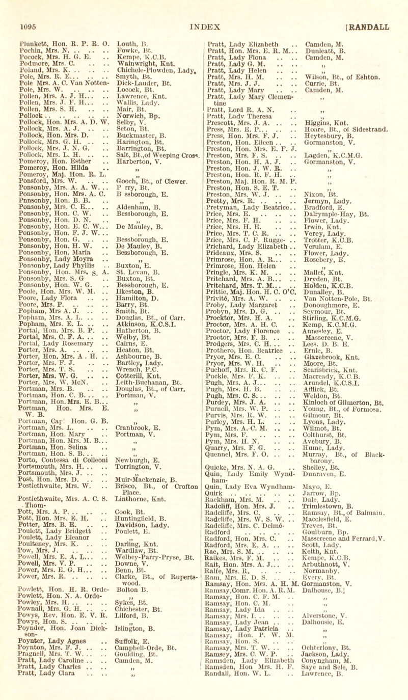 Plunkett, Hon. R. P. R. O. l’ochin, Mrs. N. Pocock, Mrs. H. G. E. Pod more, Mrs. C. Poland, Mrs. K. Pole, Mrs. R. E. Pole Mrs. A. C. Van Notten- Pole, Mrs. W. Pollen, Mrs. A. J. II. Pollen, Mrs. ,T. F. H. Pollen. Mrs. S. H. Pollock. Pollock, Hon. Mrs. A. D. W. Pollock, Mrs. A. J. Pollock, Hon. Mrs. D. Pollock, Mrs. G. H. Pollock, Mrs. ,T. N. G. Pollock, Mrs. L. II. Pomeroy, Hon. Esther Pomeroy, Hon. Hilda Pomeroy, Maj. Hon. R. L. Ponsford, Mrs. W. Ponsonby, Mrs. A. A. W. .. Ponsonby, Hon. Mrs. A. C. Pnnsonby, Hon. B. B. Ponsonby, Mrs. C. E. Ponsonby, Hon. C. W. Ponsonby, Hon. D. N. Ponsonby, Hon. E. C. W... Ponsonby, Hon. F. J. W. .. Ponsonby, Hon. G. Ponsonby, Hon. H. W. Ponsonby, Hon. Maria Ponsonby, Lady Moyra Ponsonby, Lady Phyllis Ponsonby, Hon. Mrs. g_ Ponsonby, Mrs. S. G Ponsonby, Hon. W. G. Poole, Hon. Mrs. W. M. Poore, Lady Flora Poore, Mrs. P. Popham, Mrs A. J. Popham, Mrs. A. L. .. Popham, Mrs. B. L. Portal, Hon. Mrs. B. P. .. Portal, Mrs. C. F. A. Portal, Lady Rosemary Porter, Sirs. A. Porter, Hon. Mrs. A . H. .. Porter, Mrs. F. J. Porter, Mrs. T. S. Porter, Mrs. W. G. Porter, Sirs. W. McN. Portman, Mrs. B. Portman, Hon. C. B. Portman, Hon. Mrs. E. B... Portman, Hon. Mrs. E. W. B. Portman, Cap Hon. G. B. Portman, Sirs. L. Portman, Hon. Mary Portman, Hon. Mrs. M. B... Portman, Hon. Selina Portman, Hon. S. B. Porto, Contessa di Colleoni Portsmouth, Sirs. H. Portsmouth, Mrs. J. Post, Hon. Mrs. D. Postlethwaite, Mrs. W. Postlethwaite, Mrs. A. C. S. Thom- Pott, Mrs. A. P. Pott, Hon. Mrs. E. H. Potter, Mrs. B. E. Poulett, Lady Bridgett Poulett, Lady Eleanor Poulteney, Mrs. K. Pow, Mrs. J. Powell. Sirs. E. A. L. Powell, Mrs. V. P. Power, Mrs. E. G. H. Power, Mrs. It. Powlett, Hon. H. R. Orde- Powlett, Hon. N. A. Orde- Powley, Mrs. H. Pownall, Mrs. G. H. Powys, Rev. Hon. E. V. It. Powys, Hon. S. Poynder, Hon. Joan Dick- son- Poynter, Lady Agnes Poynton, Mrs. F. J. Pragnell, Mrs. T. W. Pratt, Lady Caroline .. Pratt, Lady Charles .. Pratt, Lady Clara Louth, B. Fowke, lit. Kempe, K.C.B. Wainwright, Knt. Chichele-Plowdcn, Lady, Smyth, Bt. Dick-Laudcr, Bt. Locock, Bt. Lawrence, Knt. Wallis, Lady. Mair, Bt. Norwich, Bp. Selby, V. Seton, Bt. Buckmaster, B. Harington, Bt. Barrington, Bt. Salt, Et.,of Weeping Cross. Harbcrton, V. II Gooch, Bt., of Clewer. P rry, Bt. B ssborough, E. »» Aldenham, B. Bessborough, E. De Mauley, B. »» Bessborough, E. De Mauley, B. Bessborough, E. »» Buxton, E. A. St. Levan, B. Buxton, Bt. Bessborough, E. Ilkeston, B. Hamilton, D. Barry, Bt. Smith, Bt. Douglas, Bt., of Carr. Atkinson, K.C.S.I. Hatherton, B. Welby, Bt. Cairns, E. Heaton, Bt. Ashbourne, B. Bartley, Lady. Wrench, P.C. Cotterill, Knt. Leith-Buchanan, Bt. Douglas, Bt., of Carr. Portman, V. >1 II Cranbrook, E. Portman, V. I) >1 Newburgh, E. Torrington, V. ft Muir-Mackenzie, B. Brisco, Bt., of Crofton Place. Linthome, Knt. Cook, Bt. Huntingfield, B. Davidson, Lady. Poulett, E. Darling, Knt. Wardlaw, Bt. Welbey-Parry-Pryse, Bt. Downe, V. Benn, Bt. Clarke, Bt., of Ruperts- wood. Bolton B. Sykes, Bt. Cliichester, Bt. Lilford, B. Islington, B. Suffolk, E. Campbell-Orde, Bt. Goulding, Bt. Camden, M. II Pratt, Lady Elizabeth Pratt, Hon. Mrs. E. It. M... Pratt, Lady Fiona Pratt, Lady G. M. Pratt, Lady Helen Pratt, Mrs. H. M. Pratt, Mrs. J. J. Pratt, Lady Mary Pratt, Lady Mary Clemen¬ tine Pratt, Lord R. A. N. Pratt, Ladv Theresa Prescott, Mrs. J. A. Press, Mrs. E. P. Press, Hon. Mrs. F. J. Preston, lion. Eileen .. Preston, Hon. Mrs. E. F. J. Preston, Mrs. F. S. Preston, Hon. H. A. J. Preston, Hon. J. W. R. Preston, Hon. R. F. H. .. Preston, Maj. Hon. R. M. P. Preston, Hon. S. E. T. Preston, Mrs. W. J. Pretty, Mrs. R. Pretyman, Lady Beatrice.. Price, Mrs. E. Price, Mrs. F. H. Price, Mrs. H. E. Price, Mrs. T. C. R. Price, Mrs. C. F. ltugge- .. Prichard, Lady Elizabeth .. Pridcaux, Mrs. S. Primrose, Hon. A. R. Primrose, Hon. Helen Pringle, Mrs. K. M. Pritchard, Mrs. A. B. Pritchard, Mrs. T. M. Prittie, Maj. Hon. H. C. O’C. PrivitS, Mrs. A. W. Proby, Lady Margaret Probyn, Mrs. D. G. Procktor, Mrs. H. A. Proctor, Mrs. A. H. C. Proctor, Lady Florence .. Proctor, Mrs. F. B. Prodgers, Mrs. C. H. Prothero, Hon. Beatrice .. Pryor, Mrs. E. C. Pryor, Mrs. W. H. Puchotf, Mrs. R. C. F. Puckle, Mrs. F. K. Pugh, Mrs. A. J. Pugh, Mrs. H. B. Pugh, Mrs. C. S. Purdey, Mrs. J. A. Purnell, Mrs. W. P. Purvis, Mrs. R. W. Purley, Mrs. H. L. Pym, Mrs. A.-C. M. Pym, Mrs. F. Pym, Mrs. H. N. Quarry, Mrs. F. G. Quennel, Mrs. F. O. Quicke, Mrs. N. A. G. Quin, Lady Emily Wynd- ham- Quin, Lady Eva Wyndham- Quirk. Rackham, Mrs. M. Radcliff, Hon. Mrs. J. Radcliffe, Mrs. C. Radeliffe, Mrs. W. S. W. .. Radcliffe, Mrs. C. DelmS- Radford . Radford, Hon. Mrs. C. Radford, Mrs. E. A. Rae, Mrs. S. M. Raikcs. Mrs. F. M. Rait, Hon. Mrs. A. J. Ralfe, Mrs. R. Ram, Mrs. E. D. S. Ramsay, Hon. Mrs. A. H. M. I Ramsay,Comr. Hon. A. R. M. Ramsay, Hon. C. F. M. .. Ramsay, Hon. C. M. Ramsay, Lady Ida Ramsay, Mrs. I. [ Ramsay, Lady Jean .. Ramsay, Lady Patricia I Ramsay, Hon. P. W. M. Ramsay, Hon. S. Ramsay, Mrs. T. W. j Ramsey, Mrs. C. W. P. J Ramsden, Lady Elizabeth Kamsden, Hon Mrs. 11. F. Randall, Hon. W. L. Camden, M. Dunleatt, B. Camden, M. Wilson, Bt., of Eshton. Currie, Bt. Camden, M. Higgins, Knt. Hoare, Bt., of Sidestrand. Heytesbury, B. Gormanston, V. Lagden, K.C.M.G. Gormanston, V. Nixon, Bt. Jermyn, Lady. Bradford, E. Dalrymple-Hay, Bt. Flower, Lady. Irwin, Knt. Verey, Lady. Trotter, K.C.B. Verulam, E. Flower, Lady. Rosebery, E. ft Mallet, Knt. Dryden, Bt. Holden, K.C.B. Dunalley, B. Van Notten-Pole, Bt. Donoughmore, E. Seymour, Bt. Stirling, K.C.M.G. Kemp, K.C.M.G. Anriesley, E. Massereene, V. Lees. D. B. E. Ernie, B. Glazebrook, Knt. Moore, Bt. Scarisbrick, Knt. Macready, K.C.B. Arundel, K.C.S.I. Afflick, Bt. Weldon, Bt. Kinloch of Gilmerton, Bt. Young, Bt., of Formosa. Gilmour, Bt. Lyons, Lady. Wilmot, Bt. Colthurst, Bt. Avebury, B. Hume, Lady. Murray, Bt., of Black- barony. Shelley, Bt. Dunraven, E. Mayo, E. Jarrow, Bp. Dale, Lady. Trimlestown, B. Ramsay, Bt.,of Balmain. Macclesfield, E. Treves, Bt. Goulburn, Bp. Massereene and Ferrari), V. Scott, Lady. Keith, Knt. Kempe, K.C.B. Arbuthnott, V. Normanby. Every, Bt. Gormanston, V. Dalhousc, B., »» Alverstone, V. Dalhousie, E. Ochterlony, Bt. Jackson, Lady. Conyngham, M. Saye and Sele, B, Lawrence, B.