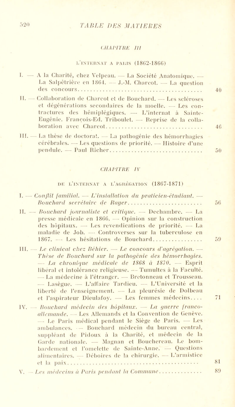 CHAPITRE 111 l’interxat a paris (18(52-1866) I- — A la Charité, chez Velpeau. — La Société Anatomique. — La Salpétrière en 1864. J.-51. Charcot. -—- La question des concours. 40 IL — Collaboration de Charcot et de Bouchard. —- Les scléroses et dégénérations secondaires de la moelle. — Les con¬ tractures des hémiplégiques. — L’internat à Sainte- Eugénie. François-Ed. Triboulet. —- Reprise de la colla¬ boration avec Charcot. 46 III. — La thèse de doctorat. — La pathogénie des hémorrhagies cérébrales. — Les questions de priorité. — Histoire d’une pendule. — Paul Richer. 50 CHAPITRE IV dk l’internat a l’agrégation (1867-1871) I. — Conflit familial. — L’installation du praticien-étudiant. — Bouchard secrétaire de Rayer. 56 IL —- Bouchard journaliste et critique. — Decliambre. — La presse médicale en 1866. —• Opinion sur la construction des hôpitaux. —- Les revendications de priorité. — La maladie de Job. — Controverses sur la tuberculose en 1867. — Les hésitations de Bouchard. 59 III. — Le clinicat chez Béhier. — Le concours d’agrégation. — Thèse de Bouchard sur la pathogénie des hémorrhagies. — La chronique médicale de 1SGS à 1S70. — Esprit libéral et intolérance religieuse. — Tumultes à la Faculté. — La médecine à l’étranger. — Bretonneau et Trousseau. — Lasègue. — L’affaire Tardieu. — L’Université et la liberté de l’enseignement. — La pleurésie de Dolbeau et l’aspirateur Dieulafoy. — Les femmes médecins.... 71 IV. — Bouchard médecin des hôpitaux. — La guerre franco- allemande. — Les Allemands et la Convention de Genève. —- Le Paris médical pendant le Siège de Paris. —- Les ambulances. — Bouchard médecin du bureau central, suppléant de Pidoux à la Charité, et médecin de la (larde nationale. — Magnan et Bouchereau. Le bom¬ bardement et l’omelette de Sainte-Anne. — Questions alimentaires. — Déboires de la chirurgie. — L’armistice et la paix. V. Les médecins à Paris pendant la Commune. 81 80