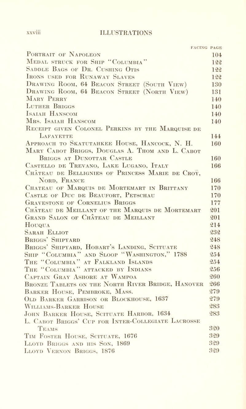 FACING PAGE Portrait of Napoleon 104 Medal struck for Ship “Columbia” 122 Saddle Bags of I)r. Cushing Otis 122 Irons used for Runaway Slaves 122 Drawing Room, 64 Beacon Street (South View) 130 Drawing Room, 64 Beacon Street (North View) 131 Mary Perry 140 Luther Briggs 140 Isaiah Hanscom 140 Mrs. Isaiah Hanscom 140 Receipt given Colonel Perkins by the Marquise de Lafayette 144 Approach to Skatutaiikee House, Hancock, N. H. 160 Mary Cabot Briggs, Douglas A. Thom and L. Cabot Briggs at Dunottar Castle 160 Castello de Trevano, Lake Lugano, Italy 166 Chateau de Bellignies of Princess Marie de Croy, Nord, France 166 Chateau of Marquis de Mortemart in Brittany 170 Castle of Due de Beaufort, Petschau 170 Gravestone of Cornelius Briggs 177 Chateau de Meillant of the Marquis de Mortemart 201 Grand Salon of Chateau de Meillant 201 Houqua 214 Sarah Elliot 232 Briggs’ Shipyard 248 Briggs’ Shipyard, Hobart’s Landing, Scituate 248 Ship “Columbia” and Sloop “Washington,” 1788 254 The “Columbia” at Falkland Islands 254 The “Columbia” attacked by Indians 256 Captain Gray Ashore at Wampoa 260 Bronze Tablets on the North River Bridge, Hanover 266 Barker House, Pembroke, Mass. 271) Old Barker Garrison or Blockhouse, 1637 27!) W illiams-Barker House 283 John Barker House, Scituate Harbor, 1634 283 L. Cabot Briggs’ Cup for Inter-Collegiate Lacrosse Teams 320 Tim Foster House, Scituate, 1676 32!) Lloyd Briggs and his Son, 1869 329 Lloyd Vernon Briggs, 1876 32!)