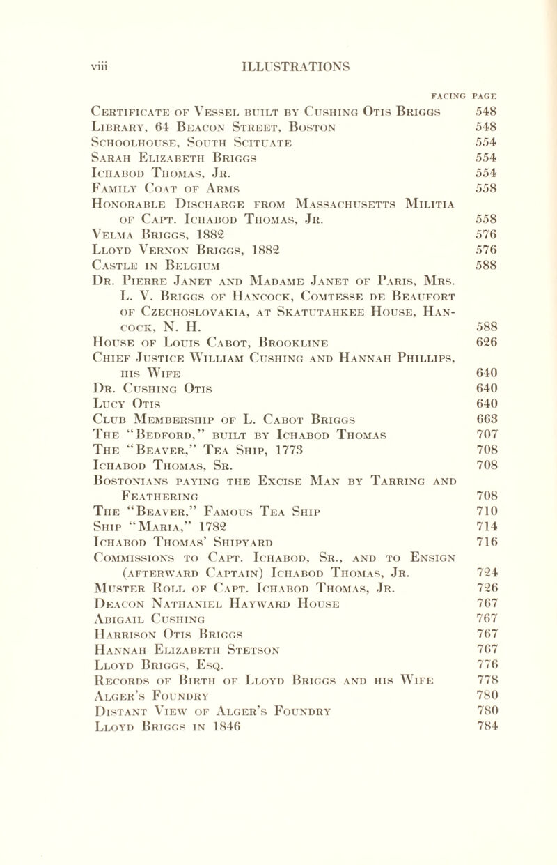 FACING PAGE Certificate of Vessel built by Cushing Otis Briggs 548 Library, 64 Beacon Street, Boston 548 ScHOOLHOUSE, SOUTH SdTUATE 554 Sarah Elizabeth Briggs 554 Ichabod Thomas, Jr. 554 Family Coat of Arms 558 Honorable Discharge from Massachusetts Militia of Capt. Ichabod Thomas, Jr. 558 Velma Briggs, 1882 576 Lloyd Vernon Briggs, 1882 576 Castle in Belgium 588 Dr. Pierre Janet and Madame Janet of Paris, Mrs. L. V. Briggs of Hancock, Comtesse de Beaufort of Czechoslovakia, at Skatijtahkee House, Han¬ cock, N. H. 588 House of Louis Cabot, Brookline 626 Chief Justice William Cushing and Hannah Phillips, his Wife 640 Dr. Cushing Otis 640 Lucy Otis 640 Club Membership of L. Cabot Briggs 663 The “Bedford,” built by Ichabod Thomas 707 The “Beaver,” Tea Ship, 1773 708 Ichabod Thomas, Sr. 708 Bostonians paying the Excise Man by Tarring and Feathering 708 The “Beaver,” Famous Tea Ship 710 Ship “Maria,” 1782 714 Ichabod Thomas’ Shipyard 716 Commissions to Capt. Ichabod, Sr., and to Ensign (afterward Captain) Ichabod Thomas, Jr. 724 Muster Roll of Capt. Ichabod Thomas, Jr. 726 Deacon Nathaniel Hayward House 767 Abigail Cushing 767 Harrison Otis Briggs 767 Hannah Elizabeth Stetson 767 Lloyd Briggs, Esq. 776 Records of Birth of Lloyd Briggs and his Wife 778 Alger’s Foundry 780 Distant View of Alger’s Foundry 780 Lloyd Briggs in 1846 784