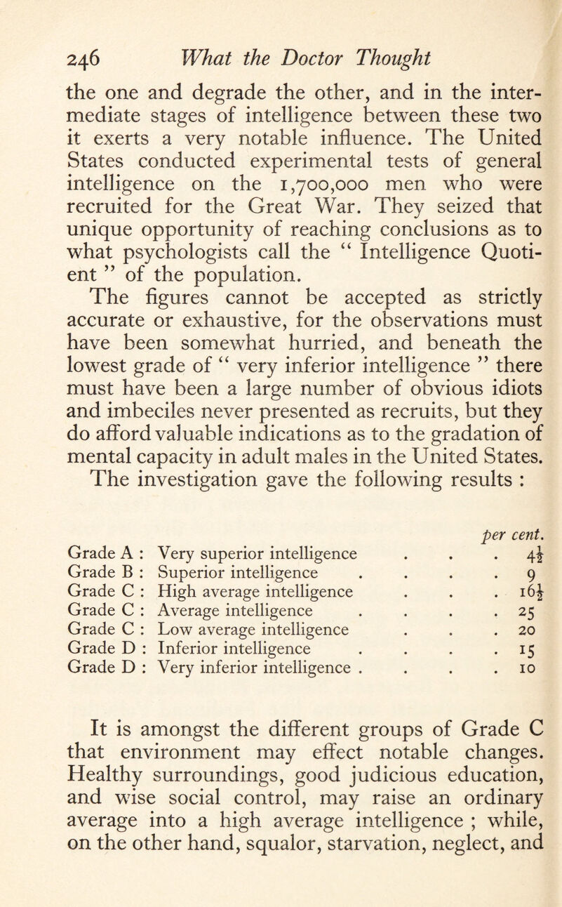 the one and degrade the other, and in the inter¬ mediate stages of intelligence between these two it exerts a very notable influence. The United States conducted experimental tests of general intelligence on the 1,700,000 men who were recruited for the Great War. They seized that unique opportunity of reaching conclusions as to what psychologists call the “ Intelligence Quoti¬ ent ” of the population. The figures cannot be accepted as strictly accurate or exhaustive, for the observations must have been somewhat hurried, and beneath the lowest grade of “ very inferior intelligence ” there must have been a large number of obvious idiots and imbeciles never presented as recruits, but they do afford valuable indications as to the gradation of mental capacity in adult males in the United States. The investigation gave the following results : per cent. Grade A : Very superior intelligence . . \\ Grade B : Superior intelligence .... 9 Grade C : High average intelligence . . . 16J Grade C : Average intelligence . . . .25 Grade C : Low average intelligence . . .20 Grade D : Inferior intelligence . . . 15 Grade D : Very inferior intelligence . . . .10 It is amongst the different groups of Grade C that environment may effect notable changes. Healthy surroundings, good judicious education, and wise social control, may raise an ordinary average into a high average intelligence ; while, on the other hand, squalor, starvation, neglect, and