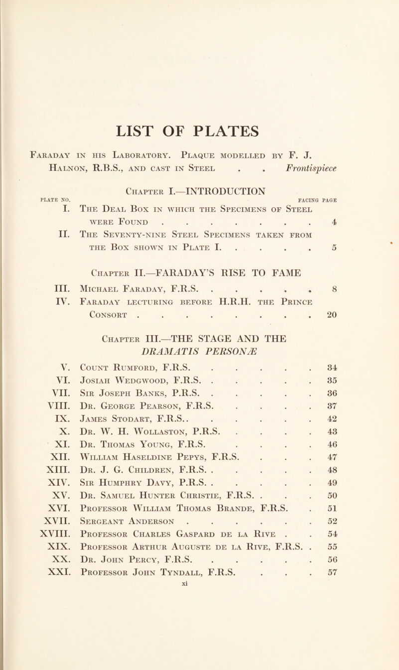 Faraday in his Laboratory. Plaque modelled by F. J. Halnon, R.B.S., and cast in Steel . . Frontispiece PLATE NO. I. Chapter I.—INTRODUCTION FACING The Deal Box in which the Specimens of Steel PAGE were Found ...... • 4 II. The Seventy-nine Steel Specimens taken from THE Box SHOWN IN PLATE I. • 5 Chapter II.—FARADAY’S RISE TO FAME III. Michael Faraday, F.R.S. .... • 8 IV. Faraday lecturing before H.R.H. the Prince Consort ....... • 20 Chapter III.—THE STAGE AND THE DRAMATIS PERSON/E V. Count Rumford, F.R.S. .... 34 VI. Josiah Wedgwood, F.R.S. .... 35 VII. Sir Joseph Banks, P.R.S. .... 36 VIII. Dr. George Pearson, F.R.S. 37 IX. James Stodart, F.R.S...... 42 X. Dr. W. H. Wollaston, P.R.S. 43 XI. Dr. Thomas Young, F.R.S. 46 XII. William Haseldine Pepys, F.R.S. 47 XIII. Dr. J. G. Children, F.R.S. .... 48 XIV. Sir Humphry Davy, P.R.S. .... 49 XV. Dr. Samuel Hunter Christie, F.R.S. . 50 XVI. Professor William Thomas Brande, F.R.S. 51 XVII. Sergeant Anderson ..... 52 XVIII. Professor Charles Gaspard de la Rive . 54 XIX. Professor Arthur Auguste de la Rive, F.R.S. 55 XX. Dr. John Percy, F.R.S. .... 56 XXI. Professor John Tyndall, F.R.S. 57