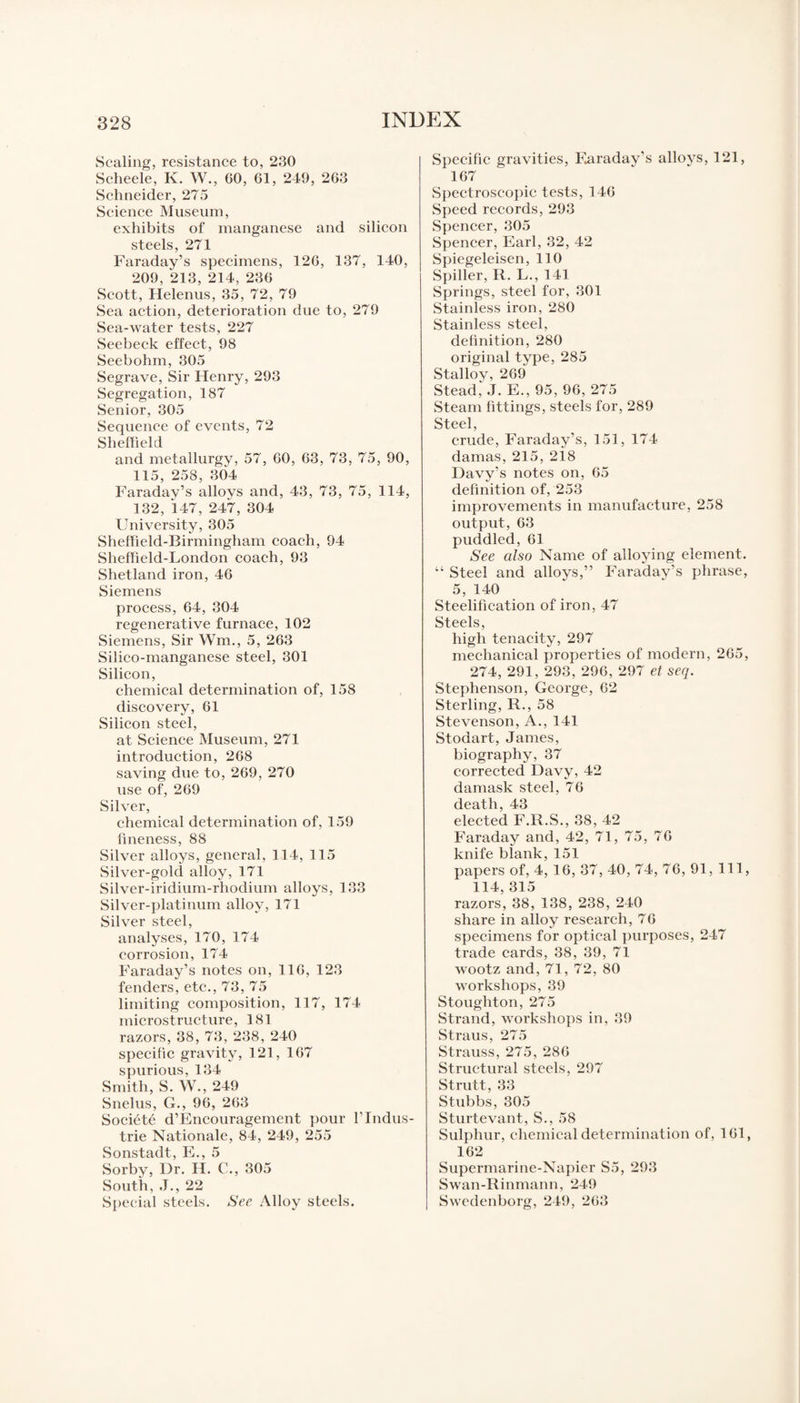 Scaling, resistance to, 230 Scheele, K. W., 60, 61, 249, 263 Schneider, 275 Science Museum, exhibits of manganese and silicon steels, 271 Faraday’s specimens, 126, 137, 140, 209, 213, 214, 236 Scott, Helenus, 35, 72, 79 Sea action, deterioration due to, 279 Sea-water tests, 227 Seebeck effect, 98 Seebohm, 305 Segrave, Sir Henry, 293 Segregation, 187 Senior, 305 Sequence of events, 72 Sheffield and metallurgy, 57, 60, 63, 73, 75, 90, 115, 258, 304 Faraday’s alloys and, 43, 73, 75, 114, 132, 147, 247, 304 University, 305 Sheffield-Birmingham coach, 94 Sheffield-London coach, 93 Shetland iron, 46 Siemens process, 64, 304 regenerative furnace, 102 Siemens, Sir Wm., 5, 263 Silico-manganese steel, 301 Silicon, chemical determination of, 158 discovery, 61 Silicon steel, at Science Museum, 271 introduction, 268 saving due to, 269, 270 use of, 269 Silver, chemical determination of, 159 fineness, 88 Silver alloys, general, 114, 115 Silver-gold alloy, 171 Silver-iridium-rhodium alloys, 133 Silver-platinum alloy, 171 Silver steel, analyses, 170, 174 corrosion, 174 Faraday’s notes on, 116, 123 fenders, etc., 73, 75 limiting composition, 117, 174 microstructure, 181 razors, 38, 73, 238, 240 specific gravity, 121, 167 spurious, 134 Smith, S. W., 249 Snelus, G., 96, 263 Societe d’Encouragement pour l’lndus- trie Nationale, 84, 249, 255 Sonstadt, E., 5 Sorby, Dr. II. C., 305 South, J., 22 Special steels. See Alloy steels. Specific gravities, Faraday’s alloys, 121, 167 Spectroscopic tests, 146 Speed records, 293 Spencer, 305 Spencer, Earl, 32, 42 Spiegeleisen, 110 Spiller, R. L., 141 Springs, steel for, 301 Stainless iron, 280 Stainless steel, definition, 280 original type, 285 Stalloy, 269 Stead, J. E., 95, 96, 275 Steam fittings, steels for, 289 Steel, crude, Faraday’s, 151, 174 damas, 215, 2i8 Davy’s notes on, 65 definition of, 253 improvements in manufacture, 258 output, 63 puddled, 61 See also Name of alloying element. “ Steel and alloys,” Faraday’s phrase, 5, 140 Steelification of iron, 47 Steels, high tenacity, 297 mechanical properties of modern, 265, 274, 291, 293, 296, 297 et seq. Stephenson, George, 62 Sterling, R., 58 Stevenson, A., 141 Stodart, James, biography, 37 corrected Davy, 42 damask steel, 76 death, 43 elected F.R.S., 38, 42 Faraday and, 42, 71, 75, 76 knife blank, 151 papers of, 4, 16, 37, 40, 74, 76, 91, 111, 114,315 razors, 38, 138, 238, 240 share in alloy research, 76 specimens for optical purposes, 247 trade cards, 38, 39, 71 wootz and, 71, 72, 80 workshops, 39 Stoughton, 275 Strand, workshops in, 39 Straus, 275 Strauss, 275, 286 Structural steels, 297 Strutt, 33 Stubbs, 305 Sturtevant, S., 58 Sulphur, chemical determination of, 161, 162 Supermarine-Napier S5, 293 Swan-Rinmann, 249 Swedenborg, 249, 263