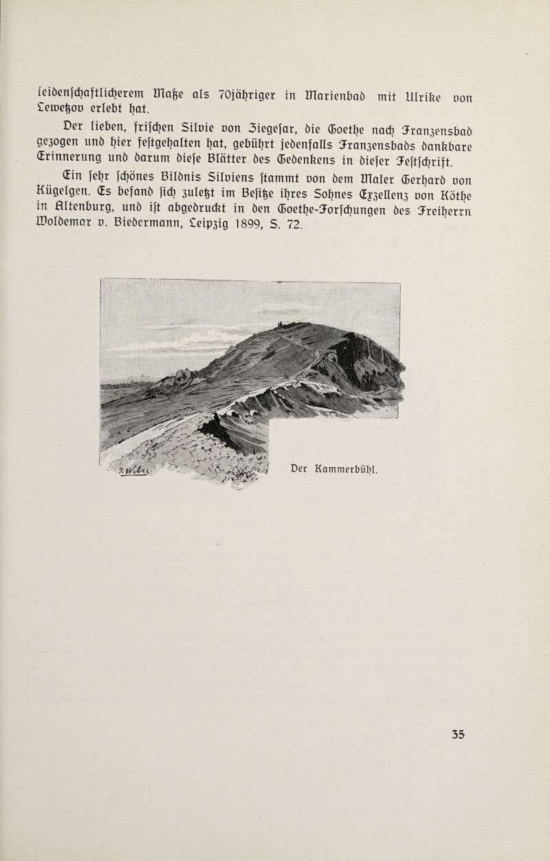 leiöenfcfyaftlidjerem ITla&e als 70jäf?riger in ITlarienbaö mit Ulrike non £etne§oo erlebt fyat. Der lieben, frifcfyen Silnie non Diegefar, öie Eoetfye nacf) Jran^ensbaö gezogen unö l?ier feftgefjalten f)at, gebührt jedenfalls Jran^ensbaös öankbare Erinnerung unö öarum öiefe Blätter öes Eeöenkens in öiefer Jeftfdjrift. Ein fet?r jefjönes Bilönis Siloiens ftammt non öem Hlaler (Berfjarö non Hügelgen. Es befanö fid? 3ulefct im Befi^e iljres Sofies E^elle^ non Kötl?e in ßltenburg, unö ift abgeöruckt in Öen Gjoetfje-Uorfcfyunaen öes Ureifjerrn IDolöemar n. Bieöermann, £eip3ig 1899, S. 72.
