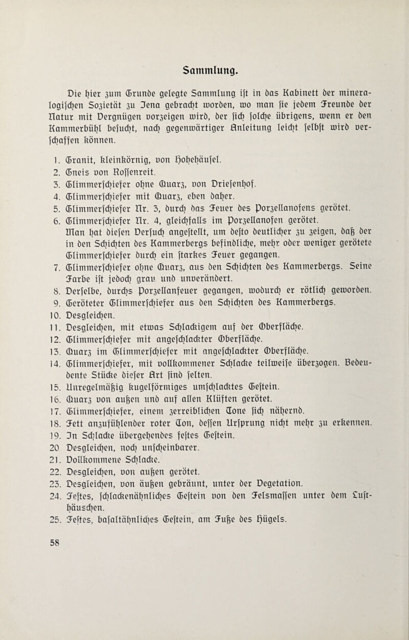 Sammlung. Die fyier 311m ©runöe gelegte Sammlung i|t in öas Kabinett öer minera- logifcßen Sozietät 3U Jena gebracht moröen, mo man fie jeöem Jreunöe öer Ilatur mit Dergniigen uor3eigen mirö, öer fick folcße übrigens, menn er öen Kammerbühl befugt, nad] gegenwärtiger Hnleitung leicht felbft mirö ner- fdjaffen können. 1. ©ranit, kleinkörnig, uon hobebäufel. 2. ©neis uon Roffenreit. 3. ©Iimmerfd}iefer ohne (Buars, non Driefenhof. 4. ©limmerfchiefer mit (Uuar3, eben öaljer. 5. ©limmerfdjiefer Xlr. 3, öurcf? öas Jeuer öes por3ellanofens gerötet. 6. ©limmer|d]iefer Xlr. 4, gleichfalls im poi*3ellanofen gerötet. Ulan I?at öiefen Derfud? angeftellt, um befto öeutlicher 3U 3eigen, öaß öer in öen Schichten öes Kammerbergs befinölidje, mehr oöer weniger gerötete ©limmerfdjiefer öurch ein ftarkes Jeuer gegangen. 7. ©limmerfchiefer ohne (Uuar3, aus öen Schichten öes Kammerbergs. Seine Jarbe ift jeöod] grau unö unneränöert. 8. Derselbe, öurdjs poqellanfeuer gegangen, woöurdj er rötlich geworben. 9. ©eröteter ©limmerfchiefer aus öen Scfjidjten öes Kammerbergs. 10. Desgleichen. 11. Desgleidjen, mit etwas Sdjlackigem auf öer (Dberfläcbe. 12. ©limmerfchiefer mit angefdjlackter ©berflädje. 13. (Üuar3 im ©limmerfd}icfer mit angcfchlackter (Dberflädje. 14. ©limmerfchiefer, mit nollkommener Schlacke teilmeife über3ogen. Beöeu- öente Stücke öiefer Art finö feiten. 15. Unregelmäßig kugelförmiges umfcßlacktes ©eftein. 16. ©uar3 non außen unö auf allen Klüften gerötet. 17. ©limmerfchiefer, einem 3erreiblid?en ©one fich näßernö. 18. Jett an3ufüf)lenber roter ©on, öeffen Urfprung nicht mehr 3U erkennen. 19. 3n Sd]ladw übergcßenöes feftes ©eftein. 20 Desgleidjen, nod] unfd]einbarer. 21. Dollkommene Schlacke. 22. Desgleichen, non außen gerötet. 23. Desgleichen, non äußen gebräunt, unter öer Degetation. 24. Jeftes, fcßlackenähnliches ©eftein non öen Jelsmaffen unter öem £uft- bäusd]en. 25. Jefies, bafaltähnlidjcs ©eftein, am Juße öes f)ügels.