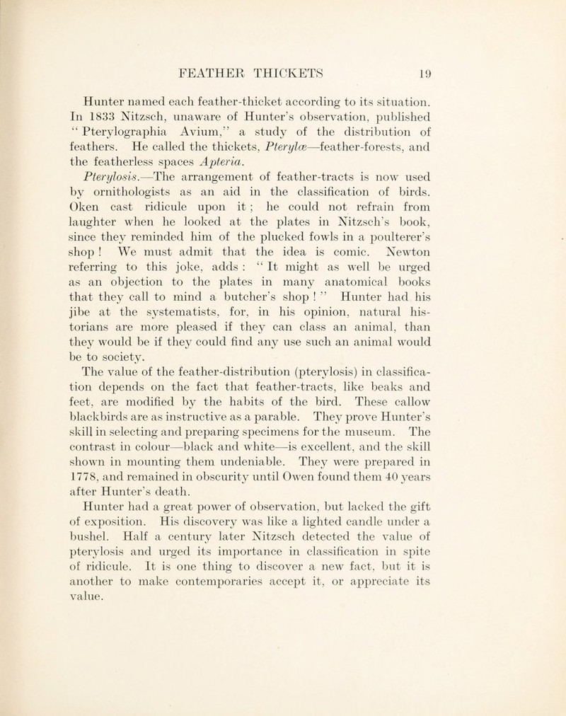 Hunter named each feather-thicket according to its situation. In 1833 Nitzsch, unaware of Hunter’s observation, published “ Pterylographia Avium,” a study of the distribution of feathers. He called the thickets, Pterylce—feather-forests, and the featherless spaces Apteria. Pterylosis.—The arrangement of feather-tracts is now used by ornithologists as an aid in the classification of birds. Oken cast ridicule upon it ; he could not refrain from laughter when he looked at the plates in Nitzsch’s book, since they reminded him of the plucked fowls in a poulterer’s shop ! We must admit that the idea is comic. Newton referring to this joke, adds : “ It might as well be urged as an objection to the plates in many anatomical books that they call to mind a butcher's shop ! ” Hunter had his jibe at the systematists, for, in his opinion, natural his¬ torians are more pleased if they can class an animal, than they would be if they could find any use such an animal would be to society. The value of the feather-distribution (pterylosis) in classifica¬ tion depends on the fact that feather-tracts, like beaks and feet, are modified by the habits of the bird. These callow blackbirds are as instructive as a parable. They prove Hunter’s skill in selecting and preparing specimens for the museum. The contrast in colour—-black and white—is excellent, and the skill shown in mounting them undeniable. They were prepared in 1778, and remained in obscurity until Owen found them 40 years after Hunter's death. Hunter had a great power of observation, but lacked the gift of exposition. His discovery was like a lighted candle under a bushel. Half a century later Nitzsch detected the value of pterylosis and urged its importance in classification in spite of ridicule. It is one thing to discover a new fact, but it is another to make contemporaries accept it, or appreciate its value.