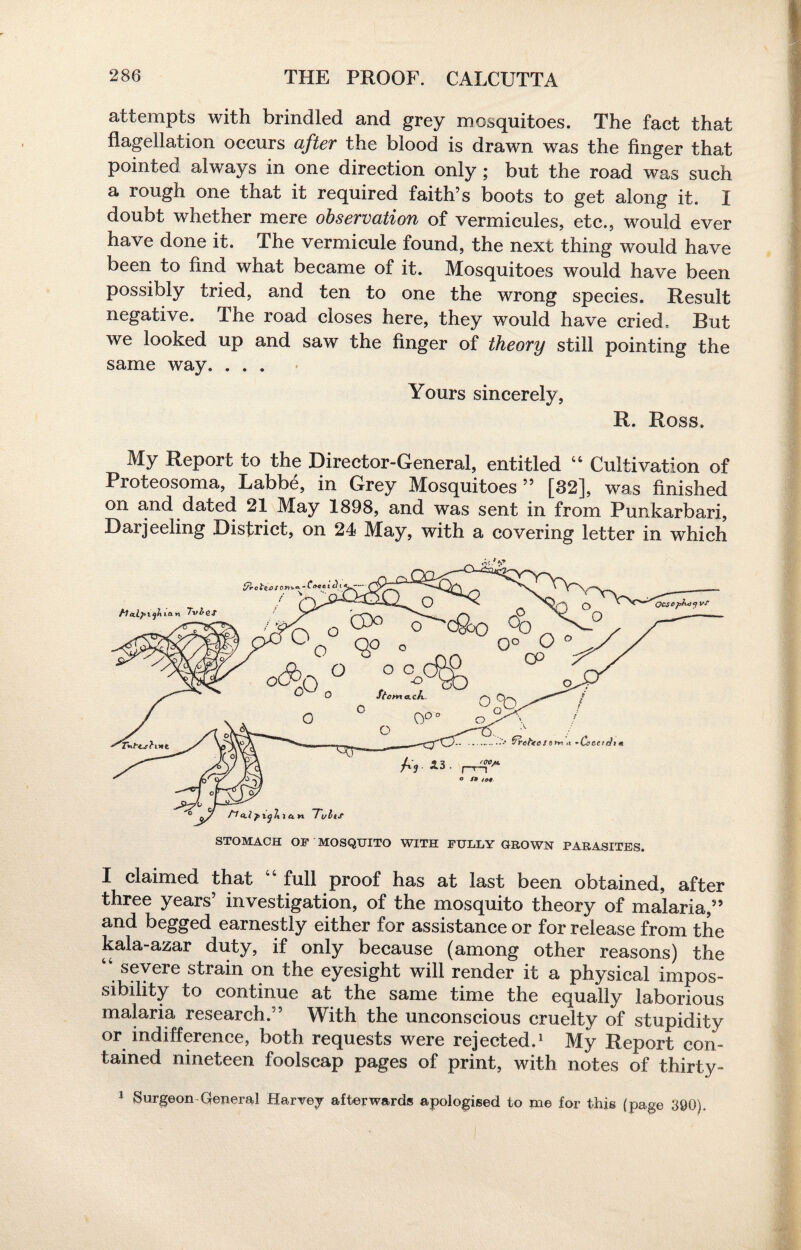 attempts with brindled and grey mosquitoes. The fact that flagellation occurs after the blood is drawn was the finger that pointed always in one direction only ; but the road was such a rough one that it required faith’s boots to get along it. I doubt whether mere observation of vermicules, etc., would ever have done it. The vermieule found, the next thing would have been to find what became of it. Mosquitoes would have been possibly tried, and ten to one the wrong species. Result negative. The road closes here, they would have cried. Rut we looked up and saw the finger of theory still pointing the same way. . . . Yours sincerely, R. Ross. My Report to the Director-General, entitled “ Cultivation of Proteosoma, Labbe, in Grey Mosquitoes” [32], was finished on and dated 21 May 1898, and was sent in from Punkarbari, Daijeeling District, on 24 May, with a covering letter in which I claimed that “ full proof has at last been obtained, after three years’ investigation, of the mosquito theory of malaria,” and begged earnestly either for assistance or for release from the kala-azar duty, if only because (among other reasons) the “ severe strain on the eyesight will render it a physical impos¬ sibility to continue at the same time the equally laborious malaria research.” With the unconscious cruelty of stupidity or indifference, both requests were rejected.1 My Report con¬ tained nineteen foolscap pages of print, with notes of thirty- 1 Surgeon General Harvey afterwards apologised to me for this (page 390).