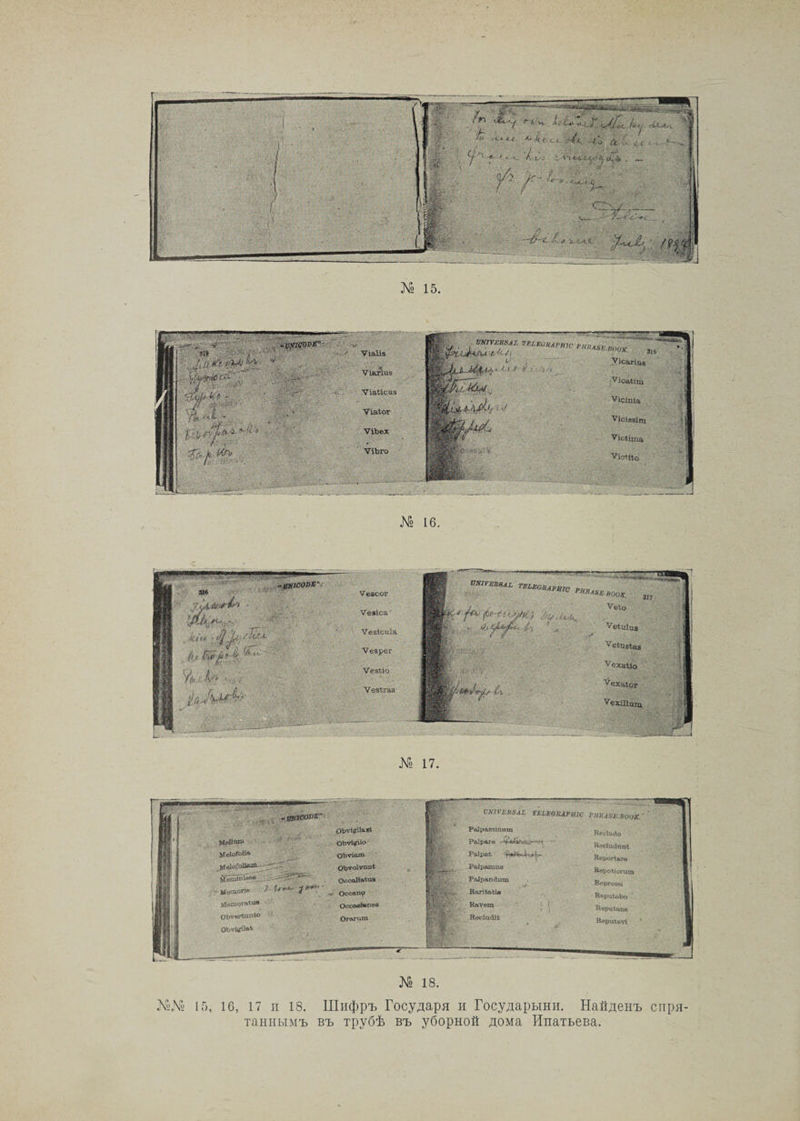 - ж Ѵіаіі* Ѵі&amp;гіив ѴіаЫсаз І-Г Г '< . ■ ЯЛ/;-- Ѵіаіог ѴіЬго ’ ■ ' . - — . О' , “■*' . . АХ*44лЫ ѴісаНцв ѵ*са^іт Ѵісіпіа ѴІСІЯЯІт кИата ѵіоШо № 16. № 17. № 18. М»№ 15, 16, 17 и 18. Шифръ Государя и Государыни. Найденъ спря¬ таннымъ въ трубѣ въ уборной дома Ипатьева.