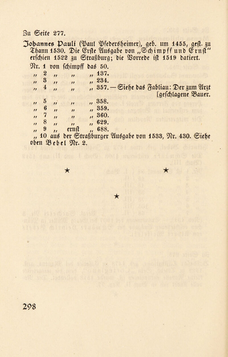 3ol>annc0 Pault (^aul sJ)febetgfjeimer), geb. um 1455, geft. ju £fmnn 1530. Die (frjle 5lu$gabe oon „<3cf)impff unb @rntf erfduen 1522 ©traßburg; bie SBorrebe tft 1519 batiert. 9fr. l oon fdjimpff baä 50. n 2 n tt rt 137. tt 3 n tt tt 234. rt 4 tt tt tt 357. tt 5 tt rt tt 358. rt 6 tt tt tt 359. tt 7 n tt tt 360. tt 8 rt tt tt 629. tt 9 rt ernfl tt 688. — @ief)e ba$ ftabdau: Der ^um Qlr^t [gefd)lagene 33auer. 10 auä ber @trafjburger $u£gabe oott 1533, 9fr. 430. @iebe oben 23ebel 9fr. 2. ★ ★ ★ 29S
