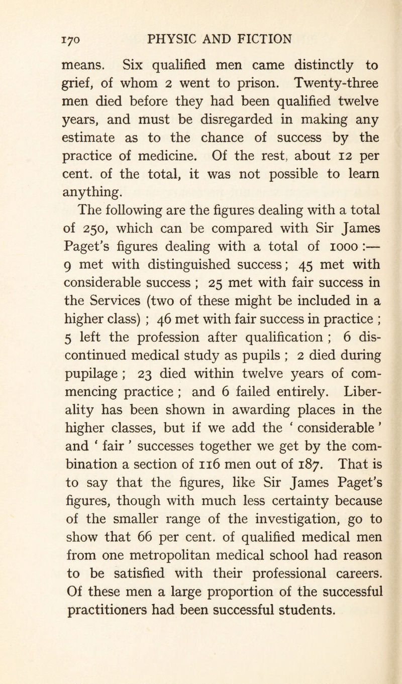 means. Six qualified men came distinctly to grief, of whom 2 went to prison. Twenty-three men died before they had been qualified twelve years, and must be disregarded in making any estimate as to the chance of success by the practice of medicine. Of the rest, about 12 per cent, of the total, it was not possible to learn anything. The following are the figures dealing with a total of 250, which can be compared with Sir James Paget's figures dealing with a total of 1000 :— 9 met with distinguished success; 45 met with considerable success ; 25 met with fair success in the Services (two of these might be included in a higher class) ; 46 met with fair success in practice ; 5 left the profession after qualification ; 6 dis¬ continued medical study as pupils ; 2 died during pupilage ; 23 died within twelve years of com¬ mencing practice ; and 6 failed entirely. Liber¬ ality has been shown in awarding places in the higher classes, but if we add the ‘ considerable ' and ‘ fair ' successes together we get by the com¬ bination a section of 116 men out of 187. That is to say that the figures, like Sir James Paget's figures, though with much less certainty because of the smaller range of the investigation, go to show that 66 per cent, of qualified medical men from one metropolitan medical school had reason to be satisfied with their professional careers. Of these men a large proportion of the successful practitioners had been successful students.