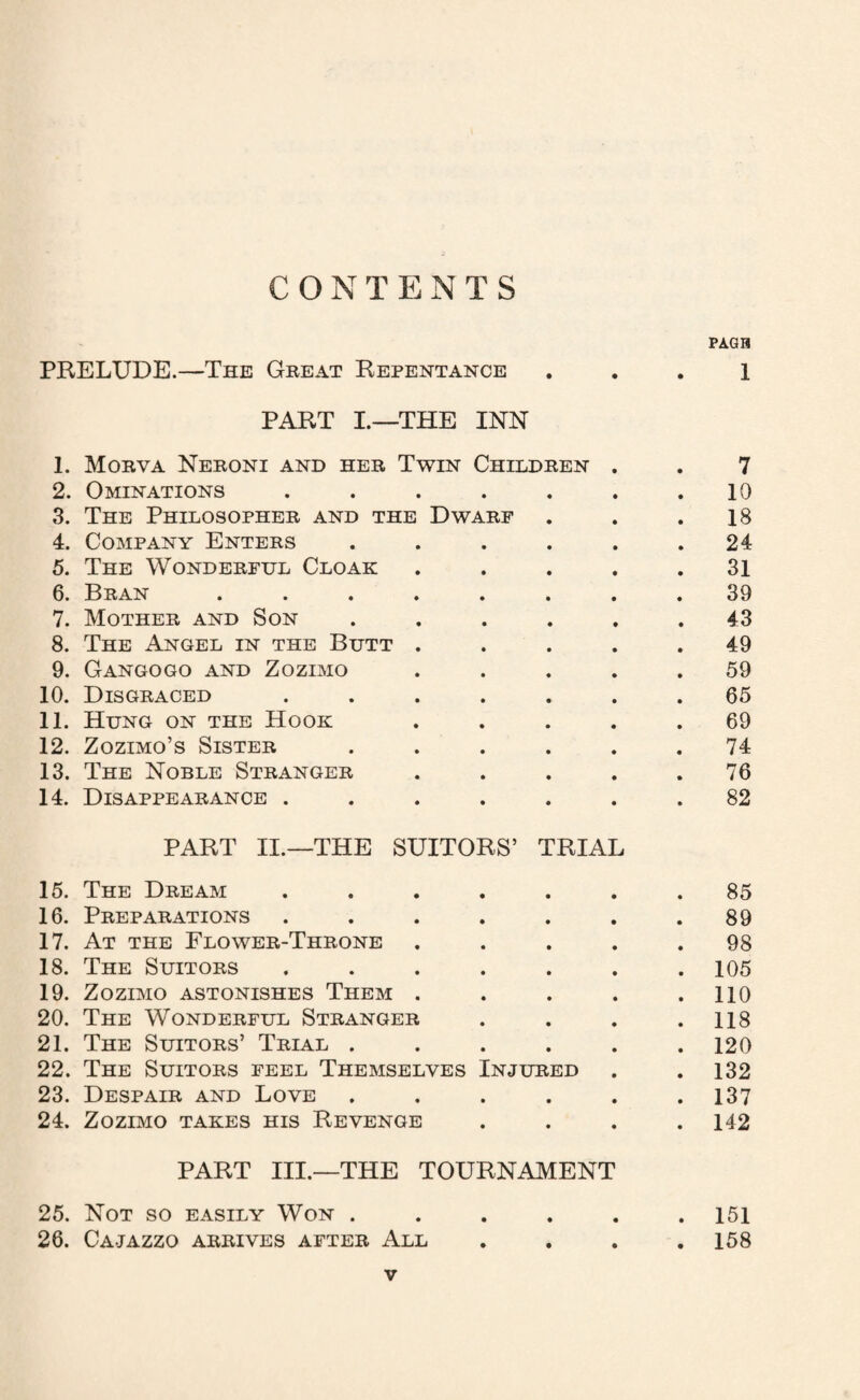 CON TENTS PAGH PRELUDE.—The Great Repentance . . . 1 PART I.—THE INN 1. Morva Neroni and her Twin Children . . 7 2. Ominations . . . . . . .10 3. The Philosopher and the Dwarf . . .18 4. Company Enters . . . . . .24 5. The Wonderful Cloak ..... 31 6. Bran ........ 39 7. Mother and Son ...... 43 8. The Angel in the Butt ..... 49 9. Gangogo and Zozimo ..... 59 10. Disgraced ....... 65 11. Hung on the Hook ..... 69 12. Zozimo’s Sister ...... 74 13. The Noble Stranger ..... 76 14. Disappearance ....... 82 PART II.—THE SUITORS’ TRIAL 15. The Dream ....... 85 16. Preparations . . . . . . .89 17. At the Flower-Throne ..... 98 18. The Suitors ....... 105 19. Zozimo astonishes Them . . . . .110 20. The Wonderful Stranger . . . .118 21. The Suitors’ Trial ...... 120 22. The Suitors feel Themselves Injured . .132 23. Despair and Love . . . . . .137 24. Zozimo takes his Revenge .... 142 PART III.—THE TOURNAMENT 25. Not so easily Won ...... 151 26. Cajazzo arrives after All . . . .158