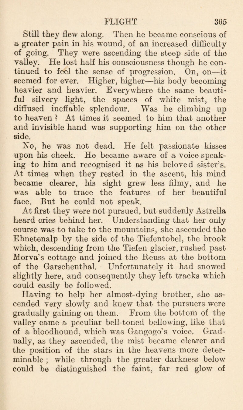 Still they flew along. Then he became conscious of a greater pain in his wound, of an increased difficulty of going. They were ascending the steep side of the valley. He lost half his consciousness though he con¬ tinued to feel the sense of progression. On, on—it seemed for ever. Higher, higher—his body becoming heavier and heavier. Everywhere the same beauti¬ ful silvery light, the spaces of white mist, the diffused ineffable splendour. Was he climbing up to heaven ? At times it seemed to him that another and invisible hand was supporting him on the other side. No, he was not dead. He felt passionate kisses upon his cheek. He became aware of a voice speak¬ ing to him and recognised it as his beloved sister’s. At times when they rested in the ascent, his mind became clearer, his sight grew less filmy, and he was able to trace the features of her beautiful face. But he could not speak. At first they were not pursued, but suddenly Astrella heard cries behind her. Understanding that her only course was to take to the mountains, she ascended the Ebnetenalp by the side of the Tiefentobel, the brook which, descending from the Tiefen glacier, rushed past Morva’s cottage and joined the Keuss at the bottom of the Garschenthal. Unfortunately it had snowed slightly here, and consequently they left tracks which could easily be followed. Having to help her almost-dying brother, she as¬ cended very slowly and knew that the pursuers were gradually gaining on them. From the bottom of the valley came a peculiar bell-toned bellowing, like that of a bloodhound, which was Gangogo’s voice. Grad¬ ually, as they ascended, the mist became clearer and the position of the stars in the heavens more deter¬ minable ; while through the greater darkness below could be distinguished the faint, far red glow of
