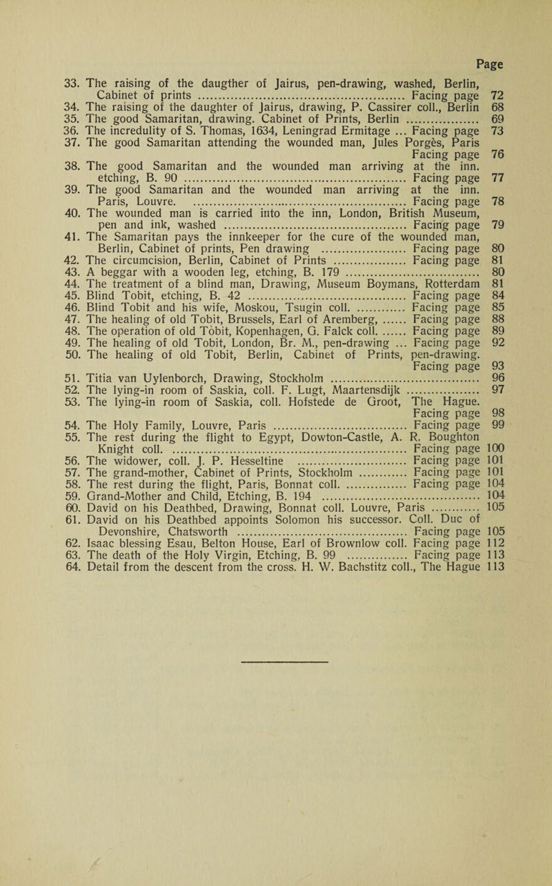 Page 33. The raising of the daugther of Jairus, pen-drawing, washed, Berlin, Cabinet of prints . Facing page 72 34. The raising of the daughter of Jairus, drawing, P. Cassirer coll., Berlin 68 35. The good Samaritan, drawing. Cabinet of Prints, Berlin . 69 36. The incredulity of S. Thomas, 1634, Leningrad Ermitage ... Facing page 73 37. The good Samaritan attending the wounded man, Jules Porges, Paris Facing page 76 38. The good Samaritan and the wounded man arriving at the inn. etching, B. 90 . Facing page 77 39. The good Samaritan and the wounded man arriving at the inn. Paris, Louvre. Facing page 78 40. The wounded man is carried into the inn, London, British Museum, pen and ink, washed . Facing page 79 41. The Samaritan pays the innkeeper for the cure of the wounded man, Berlin, Cabinet of prints, Pen drawing . Facing page 80 42. The circumcision, Berlin, Cabinet of Prints . Facing page 81 43. A beggar with a wooden leg, etching, B. 179 . 80 44. The treatment of a blind man, Drawing, Museum Boymans, Rotterdam 81 45. Blind Tobit, etching, B. 42 . Facing page 84 46. Blind Tobit and his wife, Moskou, Tsugin coll. Facing page 85 47. The healing of old Tobit, Brussels, Earl of Aremberg, . Facing page 88 48. The operation of old Tobit, Kopenhagen, G. Falck coll. Facing page 89 49. The healing of old Tobit, London, Br. M., pen-drawing ... Facing page 92 50. The healing of old Tobit, Berlin, Cabinet of Prints, pen-drawing. Facing page 93 51. Titia van Uylenborch, Drawing, Stockholm . 96 52. The lying-in room of Saskia, coll. F. Lugt, Maartensdijk . 97 53. The lying-in room of Saskia, coll. Hofstede de Groot, The Hague. Facing page 98 54. The Holy Family, Louvre, Paris . Facing page 99 55. The rest during the flight to Egypt, Dowton-Castle, A. R. Boughton Knight coll. Facing page 100 56. The widower, coll. J. P. Hesseltine . Facing page 101 57. The grand-mother, Cabinet of Prints, Stockholm . Facing page 101 58. The rest during the flight, Paris, Bonnat coll. Facing page 104 59. Grand-Mother and Child, Etching, B. 194 . 104 61. David on his Deathbed appoints Solomon his successor. Coll. Due of Devonshire, Chatsworth . Facing page 105 62. Isaac blessing Esau, Belton House, Earl of Brownlow coll. Facing page 112 63. The death of the Holy Virgin, Etching, B. 99 . Facing page 113 64. Detail from the descent from the cross. H. W. Bachstitz coll., The Hague 113