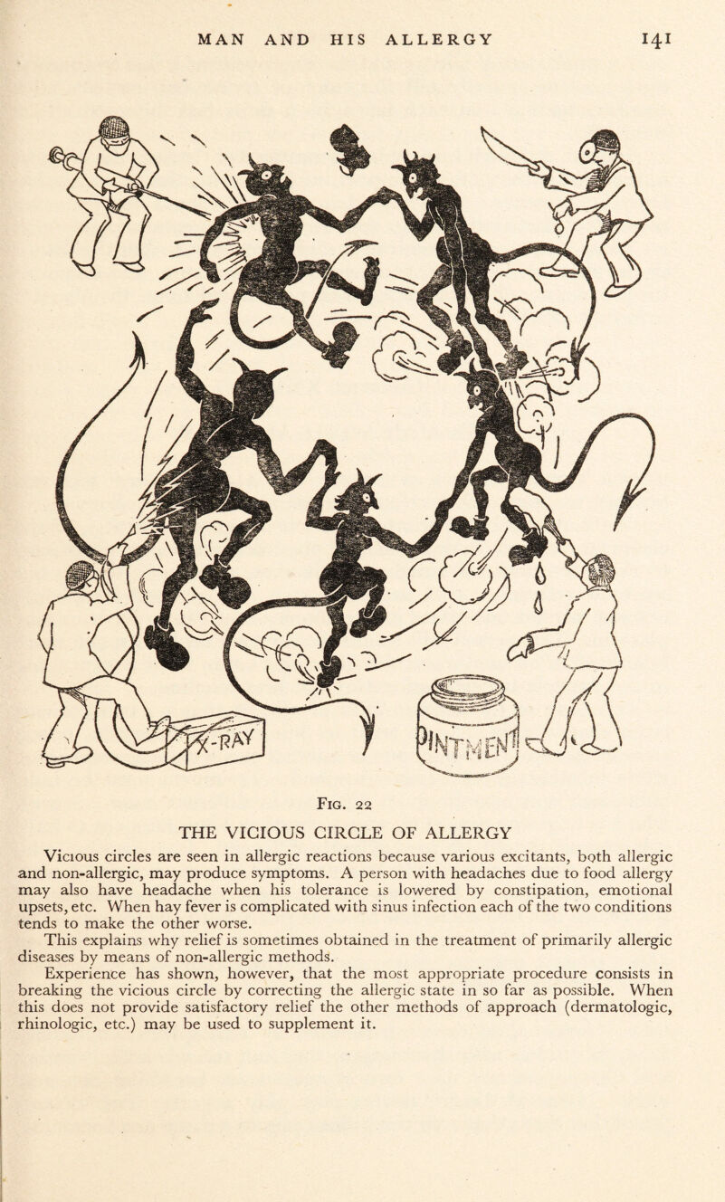 Fig. 22 THE VICIOUS CIRCLE OF ALLERGY Vicious circles are seen in allergic reactions because various excitants, both allergic and non-allergic, may produce symptoms. A person with headaches due to food allergy may also have headache when his tolerance is lowered by constipation, emotional upsets, etc. When hay fever is complicated with sinus infection each of the two conditions tends to make the other worse. This explains why relief is sometimes obtained in the treatment of primarily allergic diseases by means of non-allergic methods. Experience has shown, however, that the most appropriate procedure consists in breaking the vicious circle by correcting the allergic state in so far as possible. When this does not provide satisfactory relief the other methods of approach (dermatologic, rhinologic, etc.) may be used to supplement it.