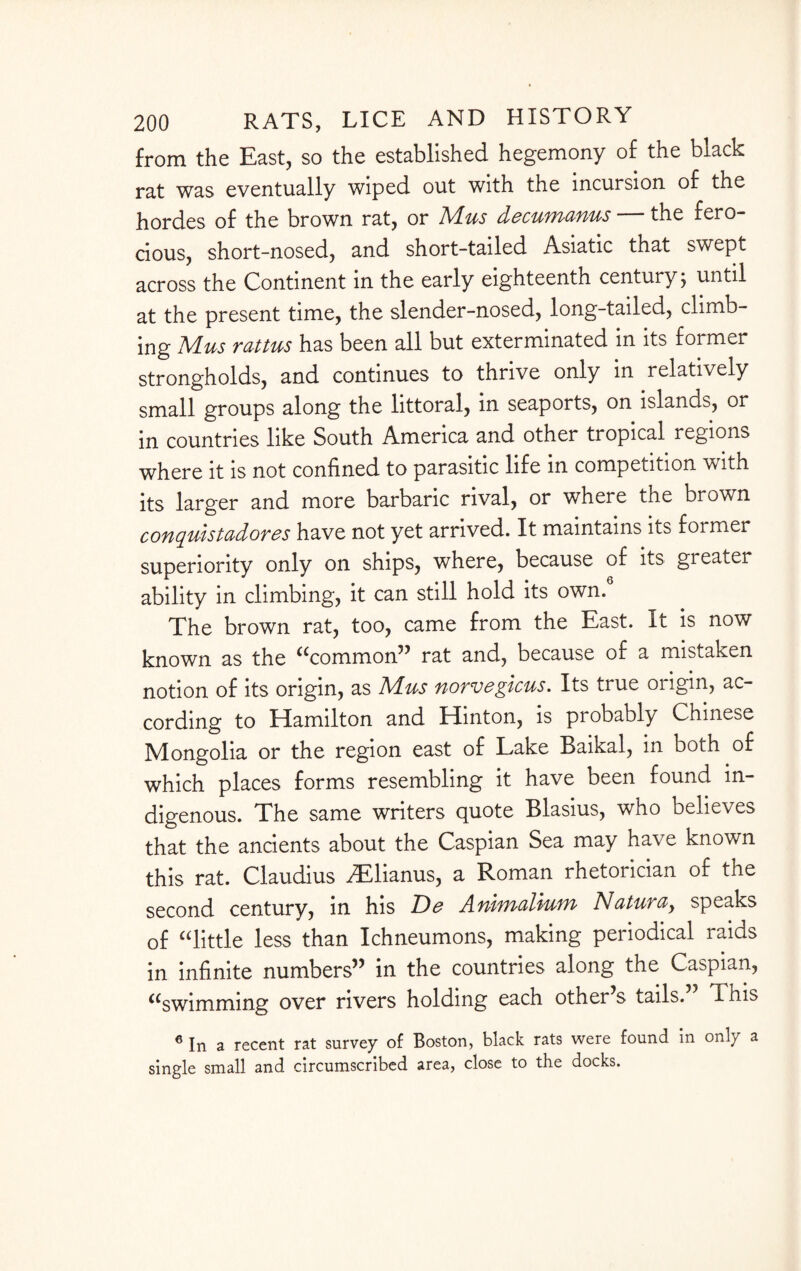 from the East, so the established hegemony of the black rat was eventually wiped out with the incursion of the hordes of the brown rat, or IVLus decuwi&nus the fero¬ cious, short-nosed, and short-tailed Asiatic that swept across the Continent in the early eighteenth century; until at the present time, the slender-nosed, long-tailed, climb¬ ing Mus rattus has been all but exterminated in its former strongholds, and continues to thrive only in relatively small groups along the littoral, in seaports, on islands, or in countries like South America and other tropical regions where it is not confined to parasitic life in competition 'with its larger and more barbaric rival, or where the brown conqulstadores have not yet arrived. It maintains its former superiority only on ships, where, because of its greater ability in climbing, it can still hold its own. The brown rat, too, came from the East. It is now known as the “common” rat and, because of a mistaken notion of its origin, as Mus norvegicus. Its true origin, ac¬ cording to Hamilton and Hinton, is probably Chinese Mongolia or the region east of Lake Baikal, in both of which places forms resembling it have been found in¬ digenous. The same writers quote Blasius, who believes that the ancients about the Caspian Sea may have known this rat. Claudius ^Elianus, a Roman rhetorician of the second century, in his Auhficiliufyi Natuvcij speaks of “little less than Ichneumons, making periodical raids in infinite numbers” in the countries along the Caspian, “swimming over rivers holding each other s tails. This 6 In a recent rat survey of Boston, black rats were found in only a single small and circumscribed area, close to the docks.