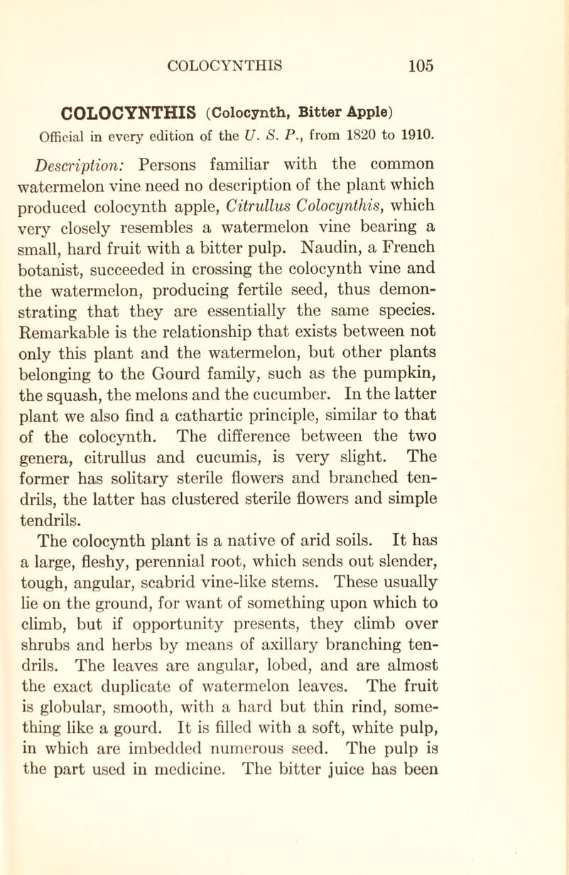 COLOCYNTHIS (Colocynth, Bitter Apple) Official in every edition of the U. S. P., from 1820 to 1910. Description: Persons familiar with the common watermelon vine need no description of the plant which produced colocynth apple, Citrullus Colocynthis, which very closely resembles a watermelon vine bearing a small, hard fruit with a bitter pulp. Naudin, a French botanist, succeeded in crossing the colocynth vine and the watermelon, producing fertile seed, thus demon¬ strating that they are essentially the same species. Remarkable is the relationship that exists between not only this plant and the watermelon, but other plants belonging to the Gourd family, such as the pumpkin, the squash, the melons and the cucumber. In the latter plant we also find a cathartic principle, similar to that of the colocynth. The difference between the two genera, citrullus and cucumis, is very slight. The former has solitary sterile flowers and branched ten¬ drils, the latter has clustered sterile flowers and simple tendrils. The colocynth plant is a native of arid soils. It has a large, fleshy, perennial root, which sends out slender, tough, angular, scabrid vine-like stems. These usually lie on the ground, for want of something upon which to climb, but if opportunity presents, they climb over shrubs and herbs by means of axillary branching ten¬ drils. The leaves are angular, lobed, and are almost the exact duplicate of watermelon leaves. The fruit is globular, smooth, with a hard but thin rind, some¬ thing like a gourd. It is filled with a soft, white pulp, in which are imbedded numerous seed. The pulp is the part used in medicine. The bitter juice has been