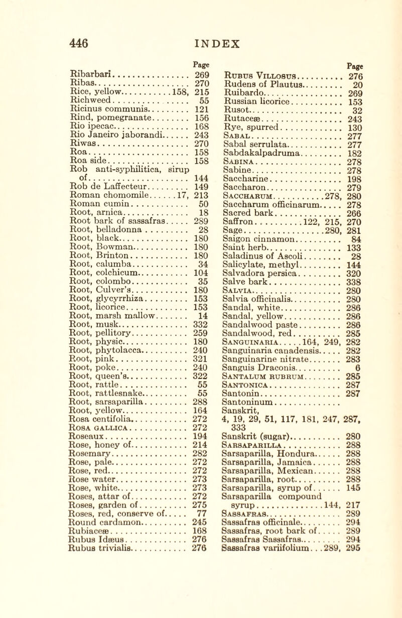 Ribarbari. Ribas. Rice, yellow.158, Richweed. Ricinus communis. Rind, pomegranate. Rio ipecac. Rio Janeiro jaborandi. Riwas. Roa. Roa side. Rob anti-syphilitica, sirup of. Rob de Laffecteur. Roman chomomile.17, Roman cumin. Root, arnica. Root bark of sassafras. Root, belladonna. Root, black. Root, Bowman. Root, Brinton. Root, calumba. Root, colchicum. Root, Colombo. Root, Culver’s. Root, glycyrrliiza. Root, licorice. Root, marsh mallow. Root, musk. Root, pellitory. Root, physic. Root, phytolacca. Root, pink. Root, poke. Root, queen’s. Root, rattle. Root, rattlesnake. Root, sarsaparilla. Root, yellow. Rosa centifolia. Rosa gallica. Roseaux. Rose, honey of. Rosemary. Rose, pale. Rose, red. Rose water. Rose, white. Roses, attar of. Roses, garden of. Roses, red, conserve of. Round cardamon. Rubiaceee. Rubus Ideeus. Rubus trivialis. Page Rubus Villosus. 276 Rudens of Plautus. 20 Ruibardo. 269 Russian licorice. 153 Rusot. 32 RutacesB. 243 Rye, spurred. 130 Sabal. 277 Sabal serrulata. 277 Sabdakalpadruma. 182 Sabina. 278 Sabine. 278 Saccharine. 198 Saccharon. 279 Saccharum.278, 280 Saccharum officinarum.278 Sacred bark.266 Saffron...122, 215, 270 Sage.280, 281 Saigon cinnamon. 84 Saint herb. 133 Saladinus of Ascoli. 28 Salicylate, methyl. 144 Salvadora persica.320 Salve bark.338 Salvia. 280 Salvia officinalis. 280 Sandal, white. 286 Sandal, yellow. 286 Sandalwood paste.286 Sandalwood, red. 285 Sanguinaria.164, 249, 282 Sanguinaria canadensis.282 Sanguinarine nitrate. 283 Sanguis Draconis. 6 Santalum rubrum. 285 Santonica. 287 Santonin. 287 Santoninum. Sanskrit, 4, 19, 29, 51, 117, 181, 247, 287, 333 Sanskrit (sugar). 280 Sarsaparilla. 288 Sarsaparilla, Hondura. 288 Sarsaparilla, Jamaica. 288 Sarsaparilla, Mexican. 288 Sarsaparilla, root. 288 Sarsaparilla, syrup of. 145 Sarsaparilla compound syrup.144, 217 Sassafras. 289 Sassafras officinale. 294 Sassafras, root bark of. 289 Sassafras Sassafras. 294 Sassafras variifolium. . .289, 295 Page 269 270 215 55 121 156 168 243 270 158 158 144 149 213 50 18 289 28 180 180 180 34 104 35 180 153 153 14 332 259 180 240 321 240 322 55 55 288 164 272 272 194 214 282 272 272 273 273 272 275 77 245 168 276 276