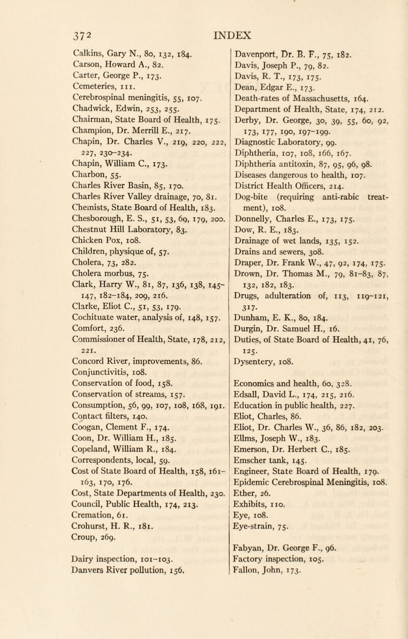 Calkins, Gary N., 80, 132, 184. Carson, Howard A., 82. Carter, George P., 173. Cemeteries, hi. Cerebrospinal meningitis, 55, 107. Chadwick, Edwin, 253, 255. Chairman, State Board of Health, 175. Champion, Dr. Merrill E., 217. Chapin, Dr. Charles V., 219, 220, 222, 227, 230-234. Chapin, William C., 173. Charbon, 55. Charles River Basin, 85, 170. Charles River Valley drainage, 70, 81. Chemists, State Board of Health, 183. Chesborough, E. S., 51, 53, 6q, 179, 200. Chestnut Hill Laboratory, 83. Chicken Pox, 108. Children, physique of, 57. Cholera, 73, 282. Cholera morbus, 75. Clark, Harry W., 81, 87, 136, 138, 145- 147, 182-184, 209, 216. Clarke, Eliot C., 51, 53, 179. Cochituate water, analysis of, 148, 157. Comfort, 236. Commissioner of Health, State, 178, 212, 221. Concord River, improvements, 86. Conjunctivitis, 108. Conservation of food, 158. Conservation of streams, 157. Consumption, 56, 99, 107, 108, 168, 191. Contact filters, 140. Coogan, Clement F., 174. Coon, Dr. William H., 185. Copeland, William R., 184. Correspondents, local, 59. Cost of State Board of Health, 158, 161- 163, 170, 176. Cost, State Departments of Health, 230. Council, Public Health, 174, 213. Cremation, 61. Crohurst, H. R., 181. Croup, 269. Dairy inspection, 101-103. Danvers River pollution, 156, Davenport, Dr. B. F., 75, 182. Davis, Joseph P., 79, 82. Davis, R. T., 173, 175. Dean, Edgar E., 173. Death-rates of Massachusetts, 164. Department of Health, State, 174, 212. Derby, Dr. George, 30, 39, 55, 60, 92, 173, 177, 190, 197-199- Diagnostic Laboratory, 99. j Diphtheria, 107, 108, 166, 167. I Diphtheria antitoxin, 87, 95, 96, 98. { Diseases dangerous to health, 107. District Health Officers, 214. Dog-bite (requiring anti-rabic treat¬ ment), 108. Donnelly, Charles E., 173, 175. ; Dow, R. E., 183. Drainage of wet lands, 135, 152. Drains and sewers, 308. Draper, Dr. Frank W., 47, 92, 174, 175. Drown, Dr. Thomas M., 79, 81-83, 87, 132, 182, 183. Drugs, adulteration of, 113, 119-121, 3i7- Dunham, E. K., 80, 184. Durgin, Dr. Samuel H., 16. Duties, of State Board of Health, 41, 76, 125- Dysentery, 108. Economics and health, 60, 328. Edsall, David L., 174, 215, 216. Education in public health, 227. Eliot, Charles, 86. Eliot, Dr. Charles W., 36, 86, 182, 203. Ellms, Joseph W., 183. Emerson, Dr. Herbert C., 185. Emscher tank, 145. Engineer, State Board of Health, 179. ! Epidemic Cerebrospinal Meningitis, 108. Ether, 26. Exhibits, no. Eye, 108. Eye-strain, 75. Fabyan, Dr. George F., 96. Factory inspection, 105. Fallon, John, 173.