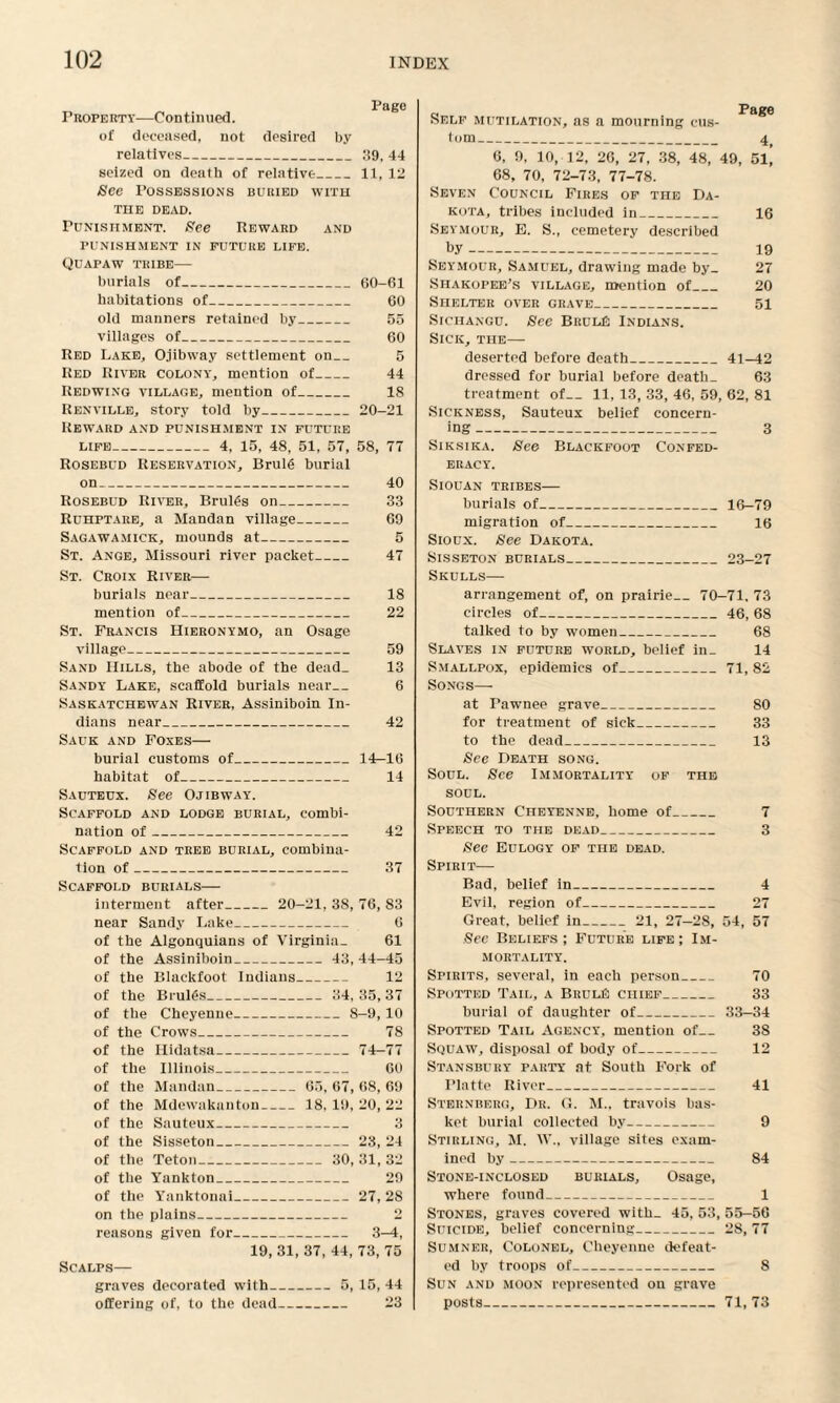 Property—Continued. of deceased, not desired by relatives_39. 44 seized on death of relative_11, 12 See Possessions buried with THE DEAD. Punishment. See Reward and PUNISHMENT IN FUTURE LIFE. QUAPAW TRIBE- burials of-60-61 habitations of_ 60 old manners retained by_ 55 villages of_ 60 Red Lake, Ojibway settlement on_ 5 Red River colony, mention of_ 44 Redwing village, mention of_ 18 Renville, story told by_20-21 Reward and punishment in future life_ 4, 15, 48, 51, 57, 58, 77 Rosebud Reservation, Brule burial on_ 40 Rosebud River, Brul£s on_ 33 Ruhptare, a Mandan village_ 69 Sagawamick, mounds at_ 5 St. Ange, Missouri river packet_ 47 St. Croix River— burials near- 18 mention of_ 22 St. Francis Hieronymo, an Osage village_ 59 Sand Hills, the abode of the dead_ 13 Sandy Lake, scaffold burials near_ 6 Saskatchewan River, Assiniboin In¬ dians near_ 42 Sauk and Foxes— burial customs of_14-16 habitat of_ 14 Sauteux. See Ojibway. Scaffold and lodge burial, combi¬ nation of_ 42 Scaffold and tree burial, combina¬ tion of_ 37 Scaffold burials— interment after_ 20-21, 38, 76, 83 near Sandy Lake_ 6 of the Algonquians of Virginia- 61 of the Blackfoot Indians. 12 of the Brultis- 34,35,37 of the Cheyenne - 8-9, 10 of the Crows _ 78 of the TTidntsa 74-77 of the Illinois 60 of the Mandan 65, 67, 68, 69 of the Mdewakanton- 18, 19, 20, 22 of the Sauteux _ 3 of the Sisseton 23, 24 of the Teton _ 30, 31, 32 of the Yankton 29 of the Yanktonai 27, 28 on the plains-- _ _ 2 reasons given for_ 3-4, 19, 31, 37, 44, 73, 75 Scalps— graves decorated with-5, 15, 44 offering of, to the dead- 23 Self mutilation, as a mourning cus¬ tom_ 4 6, 9, 10, 12, 26, 27, 38, 48, 49, 51,’ 68, 70, 72-73, 77-78. Seven Council Fires of the Da¬ kota, tribes included in_ 16 Seymour, E. S., cemetery described by- 19 Seymour, Samuel, drawing made by_ 27 Shakopee’s village, mention of_ 20 Shelter over grave_ 51 Sichangu. See BrulE Indians. Sick, the— deserted before death_41-42 dressed for burial before death- 63 treatment of— 11, 13, 33, 46, 59, 62, 81 Sickness, Sauteux belief concern¬ ing - 3 Siksika. See Black foot Confed¬ eracy. SlOUAN TRIBES- burials of_16—79 migration of_ 16 Sioux. See Dakota. Sisseton burials_23-27 Skulls— arrangement of, on prairie_70-71. 73 circles of_46, 68 talked to by women_ 68 Slaves in future world, belief in_ 14 Smallpox, epidemics of_71, 82 Songs— at Pawnee grave_ 80 for treatment of sick_ 33 to the dead_ 13 See Death song. Soul. See Immortality of the soul. Southern Cheyenne, home of_ 7 Speech to the dead_ 3 See Eulogy of the dead. Spirit— Bad, belief in_ 4 Evil, region of_ 27 Great, belief in_ 21, 27—28, 54, 57 See Beliefs; Future life; Im¬ mortality. Spirits, several, in each person_ 70 Spotted Tail, a BrulC chief_ 33 burial of daughter of_33-34 Spotted Tail Agency, mention of_ 3S Squaw, disposal of body of_ 12 Stansbury party at South Fork of Platte River_ 41 Sternberg, Dr. G. M., travois bas¬ ket burial collected by- 9 Stirling, M. W., village sites exam¬ ined by_ 84 Stone-inclosed burials, Osage, where found_ 1 Stones, graves covered with- 45, 53, 55-56 Suicide, belief concerning_28, 77 Sumner, Colonel, Cheyenne defeat¬ ed by troops of_ 8 Sun and moon represented on grave posts_71, 73