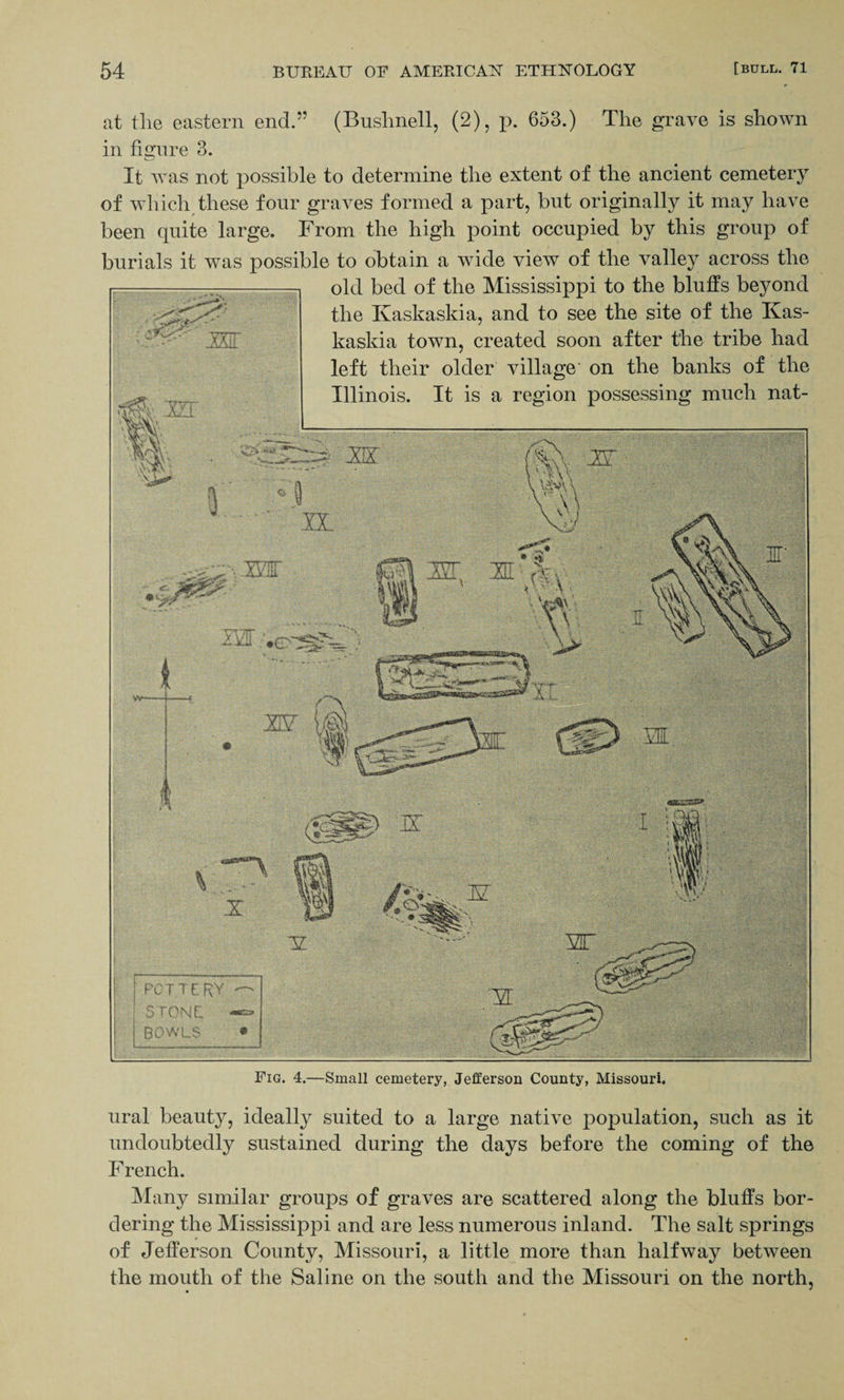 at the eastern end.” (Buslinell, (2), p. 653.) The grave is shown in figure 3. It was not possible to determine the extent of the ancient cemetery of which these four graves formed a part, but originally it may have been quite large. From the high point occupied by this group of burials it was possible to obtain a wide view of the valley across the ural beauty, ideally suited to a large native population, such as it undoubtedly sustained during the days before the coming of the F rench. Many similar groups of graves are scattered along the bluffs bor¬ dering the Mississippi and are less numerous inland. The salt springs of Jefferson County, Missouri, a little more than halfway between the mouth of the Saline on the south and the Missouri on the north,