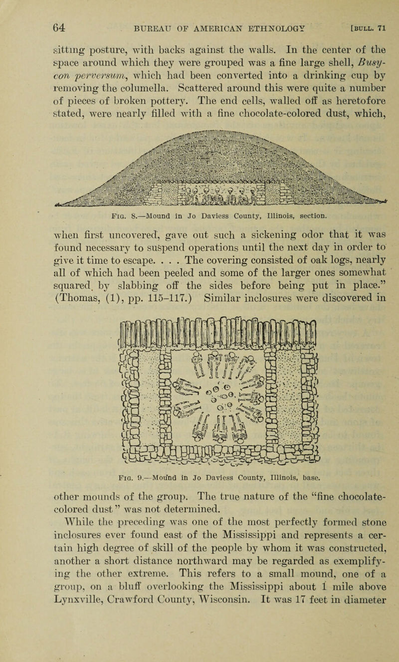 sitting posture, with backs against the walls. In the center of the space around which they were grouped was a fine large shell, Busy- con perver&amp;win, which had been converted into a drinking cup by removing the columella. Scattered around this were quite a number of pieces of broken pottery. The end cells, walled off as heretofore stated, were nearly filled with a fine chocolate-colored dust, which, when first uncovered, gave out such a sickening odor that it was found necessary to suspend operations until the next day in order to give it time to escape. . . . The covering consisted of oak logs, nearly all of which had been peeled and some of the larger ones somewhat squared, by slabbing off the sides before being put in place.” (Thomas, (1), pp. 115-117.) Similar inclosures were discovered in other mounds of the group. The true nature of the “fine chocolate- colored dust ” was not determined. While the preceding was one of the most perfectly formed stone inclosures ever found east of the Mississippi and represents a cer¬ tain high degree of skill of the people by whom it was constructed, another a short distance northward may be regarded as exemplify¬ ing the other extreme. This refers to a small mound, one of a group, on a bluff overlooking the Mississippi about i mile above Lynxville, Crawford County, Wisconsin. It was 17 feet in diameter