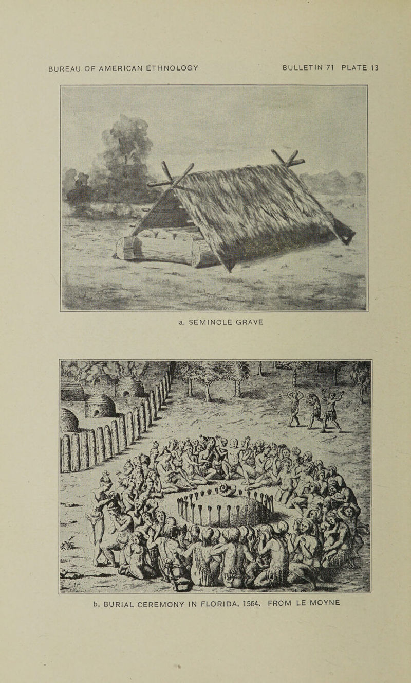 a. SEMINOLE GRAVE b. BURIAL CEREMONY IN FLORIDA, 1564, FROM LE MOYNE