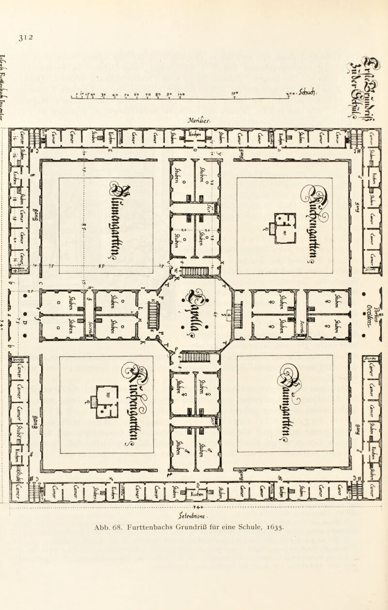 ä-' i r )• ift« 3« 4.0 r* tfo 70 8° i>° »o0 W....T T T-1-1_i I_l_1_i_I o o • • CI ft JMcrliier. Abb. 68. Furttenbachs Grundriß für eine Schule, 1635.