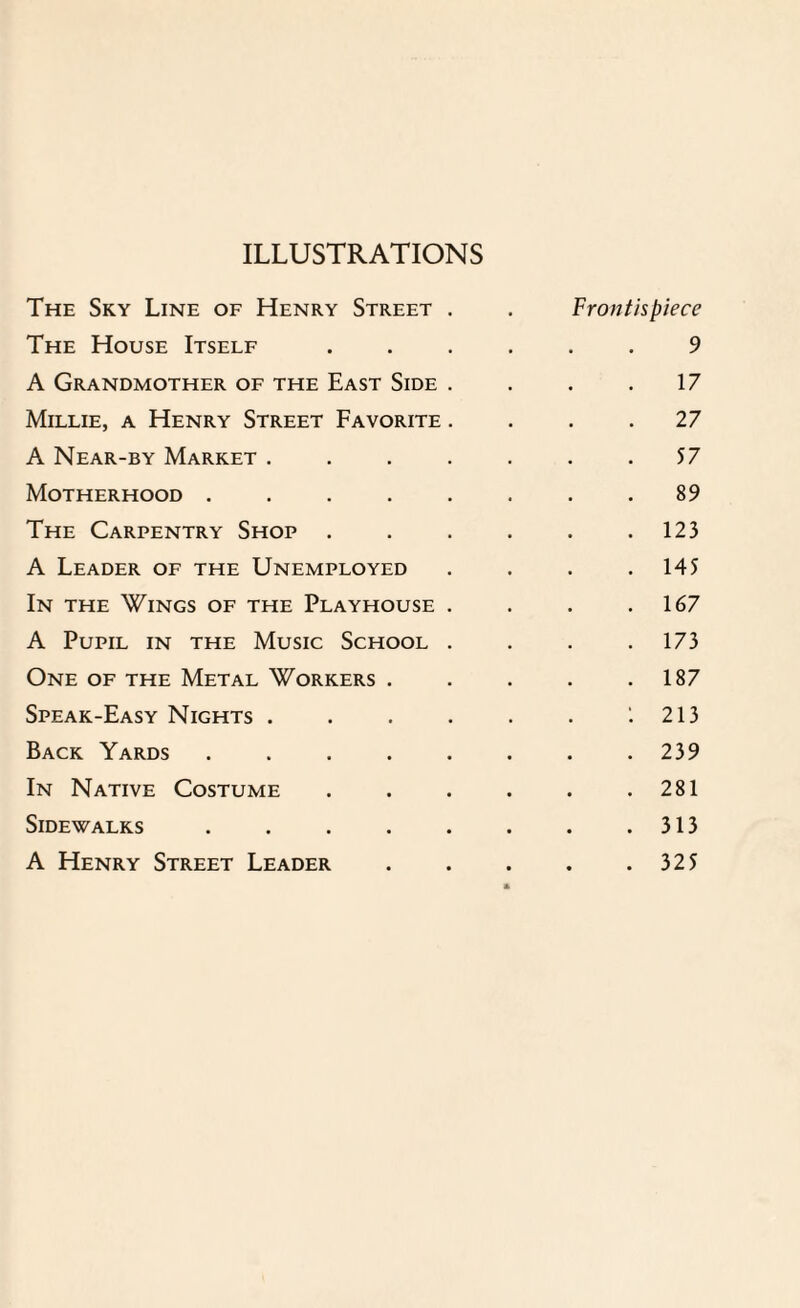 ILLUSTRATIONS The Sky Line of Henry Street . Frontispiece The House Itself 9 A Grandmother of the East Side . 17 Millie, a Henry Street Favorite . 27 A Near-by Market .... 57 Motherhood ..... 89 The Carpentry Shop . 123 A Leader of the Unemployed 145 In the Wings of the Playhouse . 167 A Pupil in the Music School . 173 One of the Metal Workers . 187 Speak-Easy Nights .... 213 Back Yards ..... 239 In Native Costume 281 Sidewalks ..... • 313 A Henry Street Leader • . 325