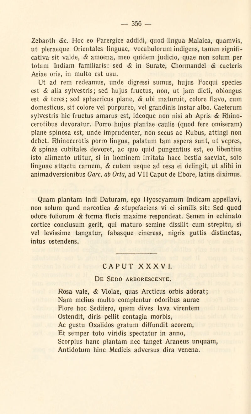 Zebaoth &c. Hoc eo Parergice addidi, quod lingua Malaica, quamvis, ut pleraeque Orientales linguae, vocabulorum indigens, tamen signifi¬ cativa sit valde, & amoena, meo quidem judicio, quae non solum per totam Indiam familiaris: sed & in Surate, Chormandel & caeteris Asiae oris, in multo est usu. Ut ad rem redeamus, unde digressi sumus, hujus Focqui species est & alia sylvestris; sed hujus fructus, non, ut jam dicti, oblongus est & teres; sed sphaericus plane, & ubi maturuit, colore flavo, cum domesticus, sit colore vel purpureo, vel grandinis instar albo. Caeterum sylvestris hic fructus amarus est, ideoque non nisi ab Apris & Rhino¬ cerotibus devoratur. Porro hujus plantae caulis (quod fere omiseram) plane spinosa est, unde imprudenter, non secus ac Rubus, attingi non debet. Rhinocerotis porro lingua, palatum tam aspera sunt, ut vepres, & spinas cubitales devoret, ac quo quid pungentius est, eo libentius isto alimento utitur, si in hominem irritata haec bestia saeviat, solo linguae attactu carnem, & cutem usque ad ossa ei delingit, ut alibi in animadversionibus Garc. ab Orta, ad VII Caput de Ebore, latius diximus. Quam plantam Indi Daturam, ego Hyoscyamum Indicam appellavi, non solum quod narcotica & stupefaciens vi ei similis sit: Sed quod odore foliorum & forma floris maxime respondeat. Semen in echinato cortice conclusum gerit, qui maturo semine dissilit cum strepitu, si vel levissime tangatur, fabasque cinereas, nigris guttis distinctas, intus ostendens. CAPUT XXXVI. De Sedo arborescente. Rosa vale, & Violae, quas Arcticus orbis adorat; Nam melius multo complentur odoribus aurae Flore hoc Sedifero, quem dives lava virentem Ostendit, diris pellit contagia morbis, Ac gustu Oxalidos gratum diffundit acorem, Et semper toto viridis spectatur in anno, Scorpius hanc plantam nec tanget Araneus unquam, Antidotum hinc Medicis adversus dira venena.