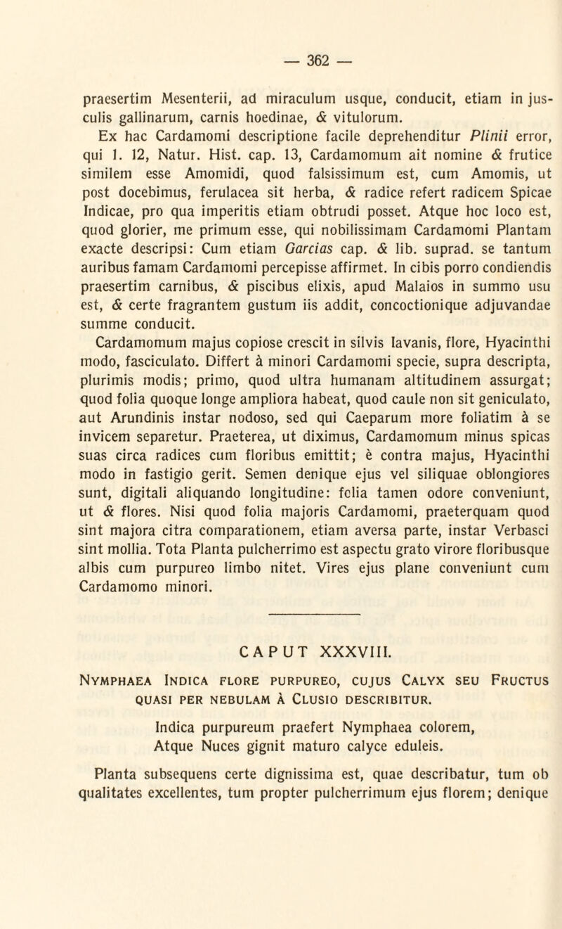 praesertim Mesenterii, ad miraculum usque, conducit, etiam in jus¬ culis gallinarum, carnis hoedinae, & vitulorum. Ex hac Cardamomi descriptione facile deprehenditur Plinii error, qui J. 12, Natur. Hist. cap. 13, Cardamomum ait nomine & frutice similem esse Amomidi, quod falsissimum est, cum Amomis, ut post docebimus, ferulacea sit herba, & radice refert radicem Spicae Indicae, pro qua imperitis etiam obtrudi posset. Atque hoc loco est, quod glorier, me primum esse, qui nobilissimam Cardamomi Plantam exacte descripsi: Cum etiam Garcias cap. & lib. suprad. se tantum auribus famam Cardamomi percepisse affirmet. In cibis porro condiendis praesertim carnibus, & piscibus elixis, apud Malaios in summo usu est, & certe fragrantem gustum iis addit, concoctionique adjuvandae summe conducit. Cardamomum majus copiose crescit in silvis Iavanis, flore, Hyacinthi modo, fasciculato. Differt k minori Cardamomi specie, supra descripta, plurimis modis; primo, quod ultra humanam altitudinem assurgat; quod folia quoque longe ampliora habeat, quod caule non sit geniculato, aut Arundinis instar nodoso, sed qui Caeparum more foliatim k se invicem separetur. Praeterea, ut diximus, Cardamomum minus spicas suas circa radices cum floribus emittit; e contra majus, Hyacinthi modo in fastigio gerit. Semen denique ejus vel siliquae oblongiores sunt, digitali aliquando longitudine: fclia tamen odore conveniunt, ut & flores. Nisi quod folia majoris Cardamomi, praeterquam quod sint majora citra comparationem, etiam aversa parte, instar Verbasci sint mollia. Tota Planta pulcherrimo est aspectu grato virore floribusque albis cum purpureo limbo nitet. Vires ejus plane conveniunt cum Cardamomo minori. CAPUT XXXVIII. Nymphaea Indica flore purpureo, cujus Calyx seu Fructus QUASI PER NEBULAM A CLUSIO DESCRIBITUR. Indica purpureum praefert Nymphaea colorem, Atque Nuces gignit maturo calyce eduleis. Planta subsequens certe dignissima est, quae describatur, tum ob qualitates excellentes, tum propter pulcherrimum ejus florem; denique