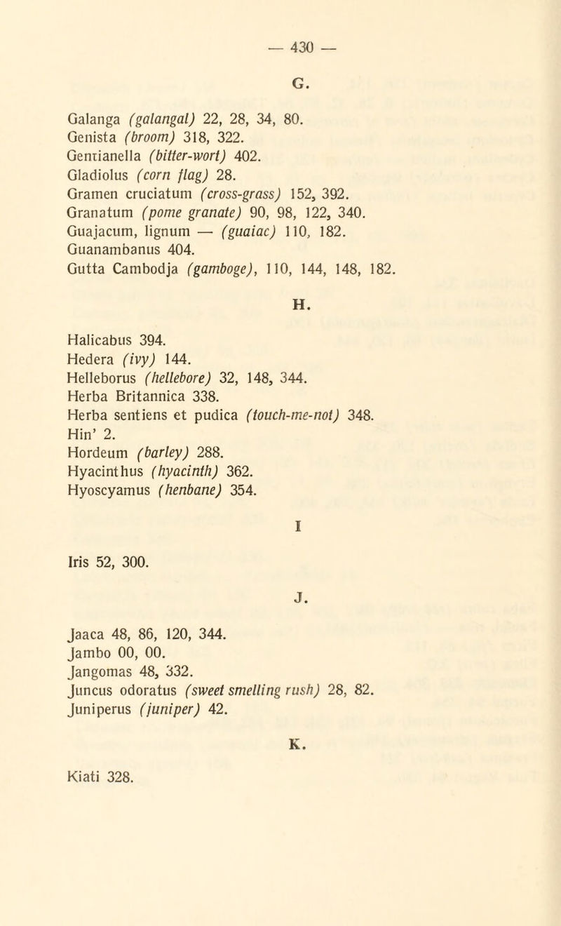 G. Galanga (galangal) 22, 28, 34, 80. Genista (broom) 318, 322. Gentianella (bitter-wort) 402. Gladiolus (corn flag) 28. Gramen cruciatum (cross-grass) 152, 392. Granatum (pome granate) 90, 98, 122, 340. Guajacum, lignum — (guaiac) 110, 182. Guanambanus 404. Gutta Cambodja (gamboge), 110, 144, 148, 182. H. Halicabus 394. Hedera (ivy) 144. Helleborus (hellebore) 32, 148, 344. Herba Britannica 338. Herba sentiens et pudica (touch-me-noi) 348. Hin’ 2. Hordeum (barley) 288. Hyacinthus (hyacinth) 362. Hyoscyamus (henbane) 354. I Iris 52, 300. J « Jaaca 48, 86, 120, 344. Jambo 00, 00. Jangomas 48, 332. Juncus odoratus (sweet smelling rush) 28, 82. Juniperus (juniper) 42. K. Kiati 328.