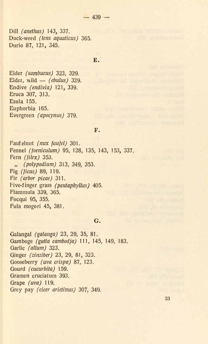 Dill (anethus) 143, 337. Duck-weed (lens aquaticus) 365. Durio 87, 121, 345. E. Elder (sambucus) 323, 329. Elder, wild — (ebulus) 329. En dive (endivia) 121, 339. Eruca 307, 313. Esula 155. Euphorbia 165. Evergreen (apocynus) 379. F. Faufelnut (nux faujel) 301. Fennel (foeniculum) 95, 128, 135, 143, 153, 337. Fern (filex) 353. „ (polypodium) 313, 349, 353. Fig (ficus) 89, 119. Fir (arbor picae) 311. Pive-f inger grass (pentaphyllus) 405. Flammula 339, 365. Focqui 95, 355. Fula mogori 45, 381. G. Galangal (galanga) 23, 29, 35, 81. Gamboge (gutta cambodja) 111, 145, 149, 183. Garlic (alium) 323. Ginger (zinziber) 23, 29, 81, 323. Gooseberry (uva crispa) 87, 123. Gourd (cucurbita) 159. Gramen cruciatum 393. Grape (uva) 119. Grey pay (cicer arietinus) 307, 349. 33