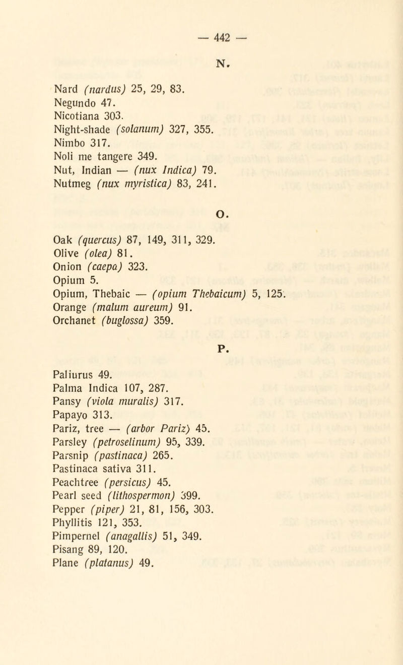 N. Nard (nardus) 25, 29, 83. Negundo 47. Nicotiana 303. Night-shade (solanum) 327, 355. Nimbo 317. Noli me tangere 349. Nut, Indian — (nux Indica) 79. Nutmeg (nux myristica) 83, 241. O. Oak (quercus) 87, 149, 311, 329. Olive (olea) 81. Onion (caepa) 323. Opium 5. Opium, Thebaic — (opium Thebaicum) 5, 125. Orange (malum aureum) 91. Orchanet (buglossa) 359. P. Paliurus 49. Palma Indica 107, 287. Pansy (viola muralis) 317. Papayo 313. Pariz, tree — (arbor Pariz) 45. Parsley (petroselinum) 95, 339. Parsnip (pastinaca) 265. Pastinaca sativa 311. Peachtree (persicus) 45. Pe ari seed (lithospermon) 399. Pepper (piper) 21, 81, 156, 303. Phyllitis 121, 353. Pimpernel (anagallis) 51, 349. Pisang 89, 120. Plane (platanus) 49.