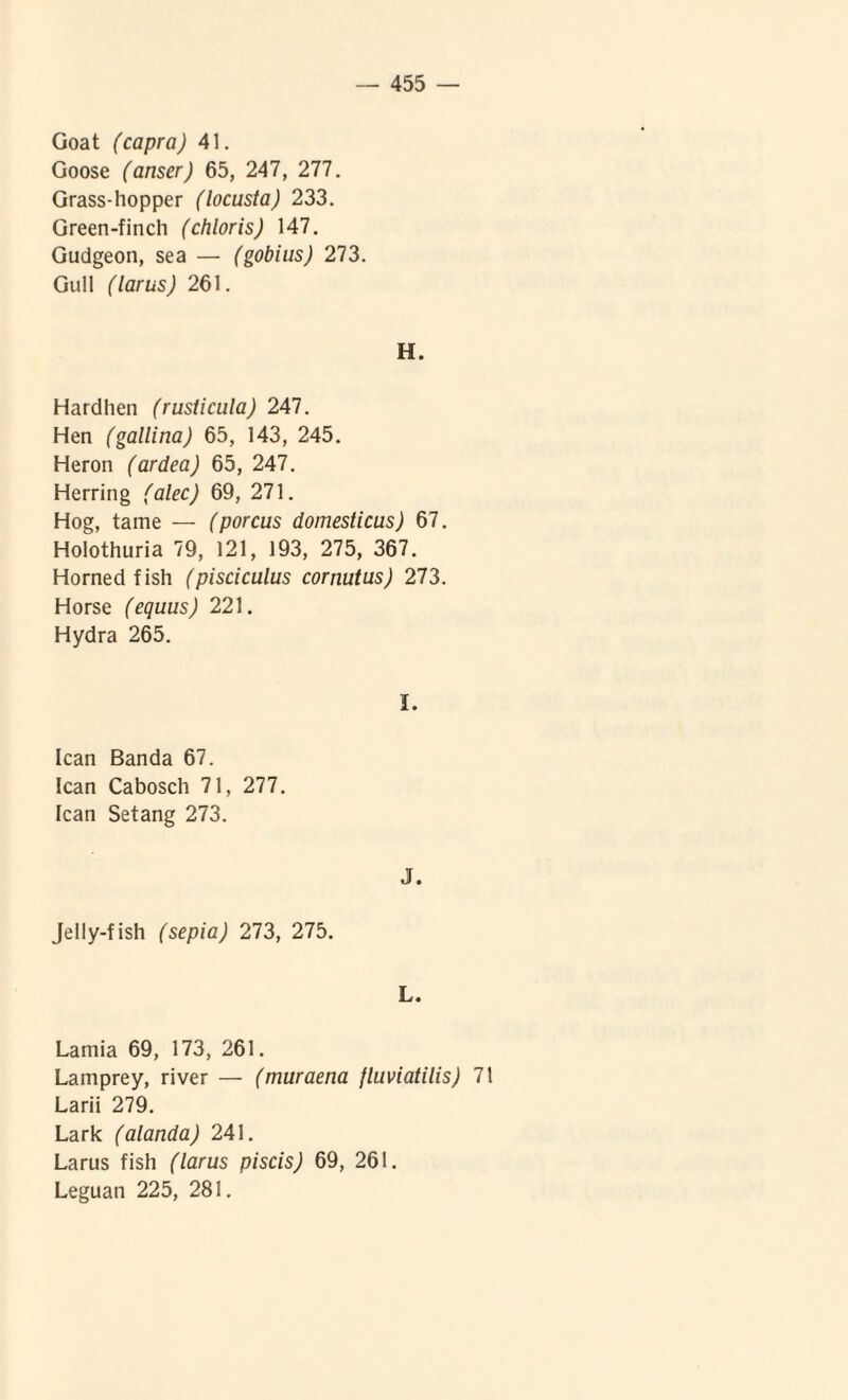 Goat (capra) 41. Goose (anser) 65, 247, 277. Grass-hopper (locusta) 233. Green-finch (chloris) 147. Gudgeon, sea — (gobius) 273. Gull (larus) 261. H. Hardlien (rusticula) 247. Hen (gallina) 65, 143, 245. Heron (ardea) 65, 247. Herring (alec) 69, 271. Hog, tame — (porcus domesticus) 67. Holothuria 79, 121, 193, 275, 367. Horned fish (pisciculus cornutus) 273. Horse (equus) 221. Hydra 265. I. Ican Banda 67. Ican Cabosch 71, 277. Ican Setang 273. J. Jelly-fish (sepia) 273, 275. L. Lamia 69, 173, 261. Lamprey, river — (muraena fluviatilis) 71 Larii 279. Lark (alanda) 241. Larus fish (larus piscis) 69, 261. Leguan 225, 281.