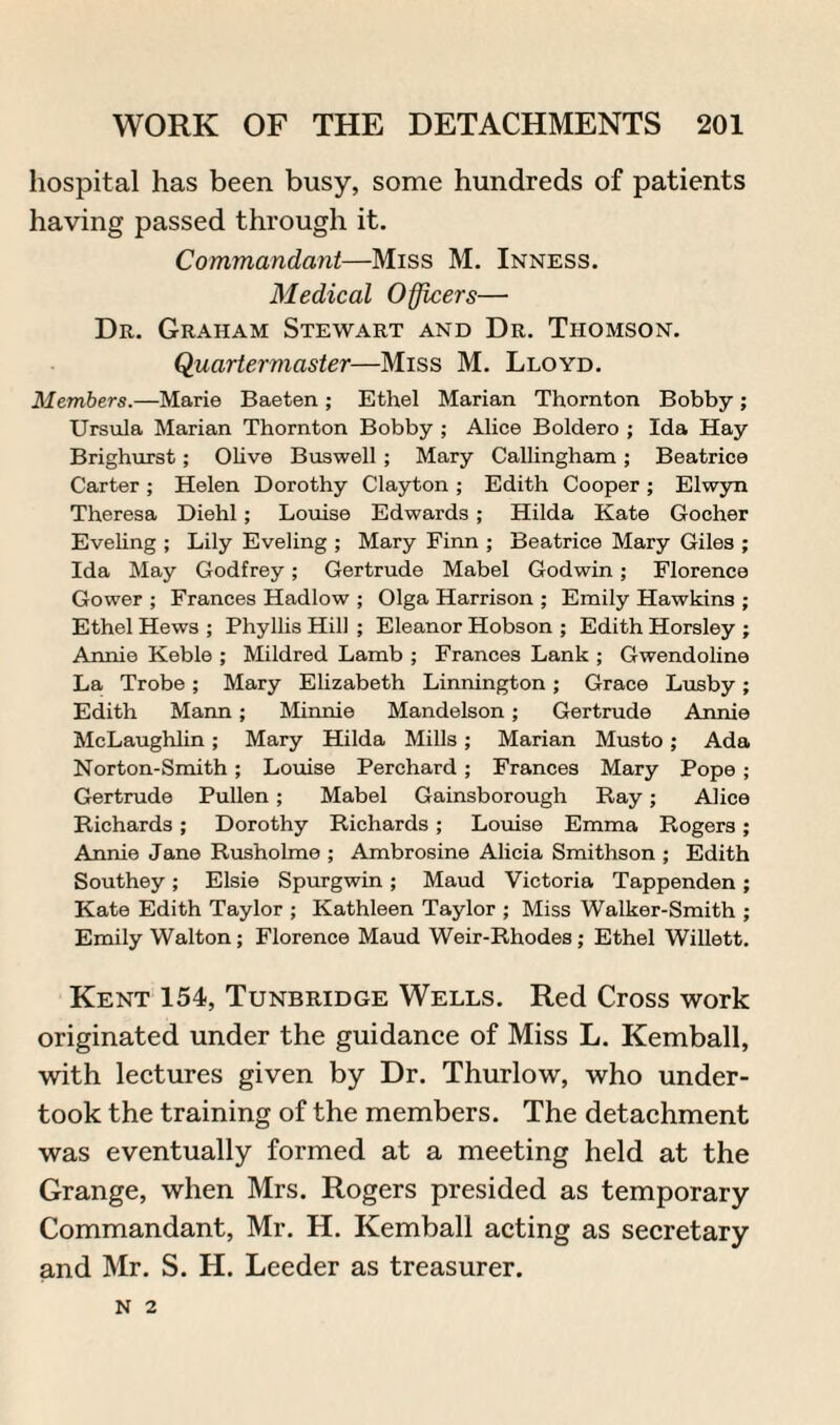 hospital has been busy, some hundreds of patients having passed through it. Commandant—Miss M. Inness. Medical Officers—• Dr. Graham Stewart and Dr. Thomson. Quartermaster—Miss M. Lloyd. Members.—Marie Baeten ; Ethel Marian Thornton Bobby ; Ursula Marian Thornton Bobby ; Alice Boldero ; Ida Hay Brighurst; Olive Buswell ; Mary Callingham; Beatrice Carter ; Helen Dorothy Clayton ; Edith Cooper ; Elwyn Theresa Diehl; Louise Edwards; Hilda Kate Gocher Eveling ; Lily Eveling ; Mary Finn ; Beatrice Mary Giles ; Ida May Godfrey; Gertrude Mabel Godwin; Florence Gower ; Frances Hadlow ; Olga Harrison ; Emily Hawkins ; Ethel Hews ; Phyllis Hill ; Eleanor Hobson ; Edith Horsley ; Annie Keble ; Mildred Lamb ; Frances Lank ; Gwendoline La Trobe ; Mary Elizabeth Linnington ; Grace Lusby ; Edith Mann; Minnie Mandelson; Gertrude Annie McLaughlin; Mary Hilda Mills; Marian Musto; Ada Norton-Smith; Louise Perchard; Frances Mary Pope ; Gertrude Pullen; Mabel Gainsborough Ray; Alice Richards ; Dorothy Richards ; Louise Emma Rogers ; Annie Jane Rusholme ; Ambrosine Alicia Smithson ; Edith Southey ; Elsie Spurgwin ; Maud Victoria Tappenden ; Kate Edith Taylor ; Kathleen Taylor ; Miss Walker-Smith ; Emily Walton; Florence Maud Weir-Rhodes; Ethel Willett. Kent 154, Tunbridge Wells. Red Cross work originated under the guidance of Miss L. Kemball, with lectures given by Dr. Thurlow, who under¬ took the training of the members. The detachment was eventually formed at a meeting held at the Grange, when Mrs. Rogers presided as temporary Commandant, Mr. H. Kemball acting as secretary and Mr. S. H. Leeder as treasurer. N 2