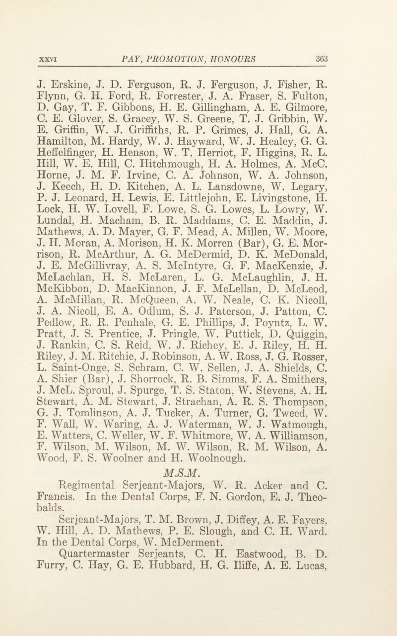 J, Erskine, J. D. Ferguson, R. J. Ferguson, J. Fisher, R. Flynn, G. H. Ford, R. Forrester, J. A. Fraser, S. Fulton, D. Gay, T. F. Gibbons, H. E. Gillingham, A. E. Gilmore, C. E. Glover, S. Gracey, W. S. Greene, T. J. Gribbin, W. E. Griffin, W. J. Griffiths, R. P. Grimes, J. Hall, G. A. Hamilton, M. Hardy, W. J. Hayward, W. J. Healey, G. G. Heffelfinger, H. Henson, W. T. Herriot, F, Higgins, R. L. Hill, W. E. Hill, C. Hitchmough, H. A. Holmes, A. McC. Horne, J. M. F. Irvine, C. A. Johnson, W. A. Johnson, J. Keech, H. D. Kitchen, A. L. Lansdowne, W. Legary, P. J. Leonard, H. Lewis, E. Littlejohn, E. Livingstone, H. Lock, H. W. Lovell, F. Lowe, S. G. Lowes, L. Lowry, W. Lundal, H. Macham, B. R. Maddams, C. E. Maddin, J. Mathews, A. D. Mayer, G. F. Mead, A. Millen, W. Moore, J. H. Moran, A. Morison, H. K. Morren (Bar), G. E. Mor¬ rison, R. McArthur, A. G. McDermid, D. K. McDonald, J. E. McGillivray, A. S. McIntyre, G. F. MacKenzie, J. McLachlan, H. S. McLaren, L. G. McLaughlin, J. H. McKibbon, D, MacKinnon, J. F. McLellan, D. McLeod, A. McMillan, R. McQueen, A. V/. Neale, C. K. Nicoll, J. A. Nicoll, E. A. Odium, S. J. Paterson, J. Patton, C. Pedlow, R. R. Penhale, G. E. Phillips, J, Poyntz, L. W. Pratt, J. S. Prentice, J. Pringle, W. Puttick, D. Quiggin, J. Rankin, C. S. Reid, W. J. Richey, E. J. Riley, H. H. Riley, J. M. Ritchie, J. Robinson, A. W. Ross, J. G. Rosser, L. Saint-Onge, S. Schram, C. W. Sellen, J. A. Shields, C. A. Shier (Bar), J. Shorrock, R. B. Simms, F. A. Smithers, J. McL. Sproul, J. Spurge, T. S. Staton, W. Stevens, A. H. Stewart, A. M. Stewart, J. Strachan, A. R. S. Thompson, G. J. Tomlinson, A. J. Tucker, A. Turner, G. Tweed, W. F. Wall, W. Waring, A. J. Waterman, W. J. Watmough, E. Watters, C. Weller, W. F. Whitmore, W. A. Williamson, F. Wilson, M. Wilson, M. W. Wilson, R. M. Wilson, A. Wood, F. S. Woolner and H. Woolnough. M.S.M. Regimental Serjeant-Majors, W. R. Acker and C. Francis. In the Dental Corps, F. N. Gordon, E. J. Theo¬ balds. Serjeant-Majors, T. M. Brown, J. Diffey, A. E. Fayers, W. Hill, A. D. Mathews, P. E. Slough, and C. H. Ward. In the Dental Corps, W. McDerment. Quartermaster Serjeants, C. H. Eastwood, B. D. Furry, C. Hay, G. E. Hubbard, H. G. Iliffe, A. E. Lucas,