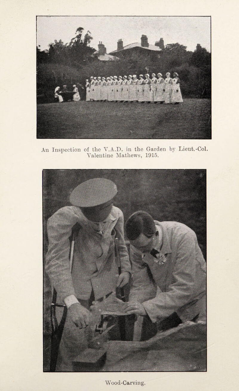 An Inspection of the V.A.D. in the Garden by Valentine Mathews, 1915. Lieut.-Col. Wood-Carving,
